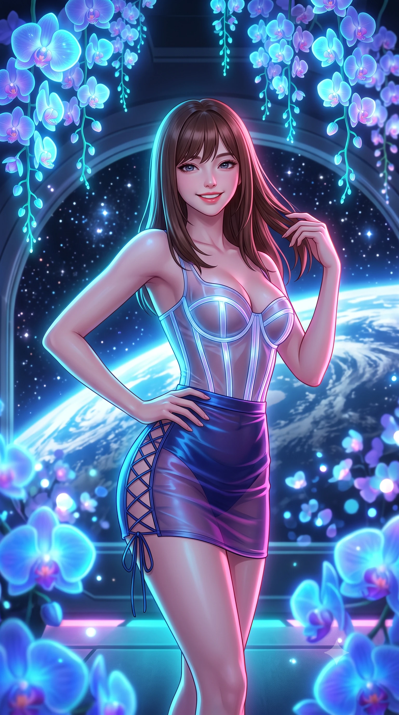 score_9, masterpiece, best quality, ultra-detailed, high-budget anime keyframe, semi-realistic 3D game render, editorial fashion photography, tasteful artistic composition, Korean woman. close-up cowboy shot from the waist and thighs up, the character dominates the composition, filling the frame with her large presence. twisting her slender torso in an alluring contrapposto stance, one hand resting on her sculpted hip while her fingers toy with her hair with effortless poise while standing poised beneath cascading tendrils of bioluminescent orchids in the orbital greenhouse, arching her lower back as the glowing blue crescent of planet Earth rotates outside the panoramic window. The background shows a soft-focus breathtaking blue-and-white swirling cloud patterns of Earth from low orbit, field of glittering stars, and glowing neon-blue orchid petals blurred into electric blue, violet, and diamond bokeh. She has an exceptionally elegant, slender, and willowy female figure with an ultra-slim waist, flat toned midriff, narrow ribcage, and sculpted feminine hips creating an alluring, slim hourglass silhouette without bulk. sharp v-shaped jawline, high-bridge nose, intricate jewel-like sparkling eyes with depth, thick eyelashes, glossy parted lips with a natural peach sheen, bright cheerful beaming smile with an enchanting and coquettish sensual glint, exuding both youthful cute charm and seductive allure, flawlessly proportioned anatomical accuracy, strict slender model proportions, natural body alignment, perfectly sculpted long slender limbs, ultra-slim waistline, clean dynamic posture without body distortion. wearing a sculpted underwire cyber-corset in translucent tech-tulle with illuminated boning channels paired with a sheer mini skirt in Huangpu midnight sapphire and neon magenta, crafted from fluid liquid silk satin that clings smoothly to her narrow waist and rounded hips with a dewy sheen, featuring fine criss-cross lace-up side ties revealing tantalizing glimpses of her hip curve, the form-contouring silhouette accentuating her sculpted flat midriff, narrow delicate ribcage, and gracefully curvy hips with intoxicating allure. illuminated by floor reflection fill and sharp electric-cyan and rose rim lights defining her dewy collarbones, ultra-slim waist, and curvy hips. highly saturated vibrant anime colors, detailed shading with soft gradients, rich glossy textures, high-contrast stereoscopic depth, volumetric dynamic lighting, master piece, 9:16 ratio