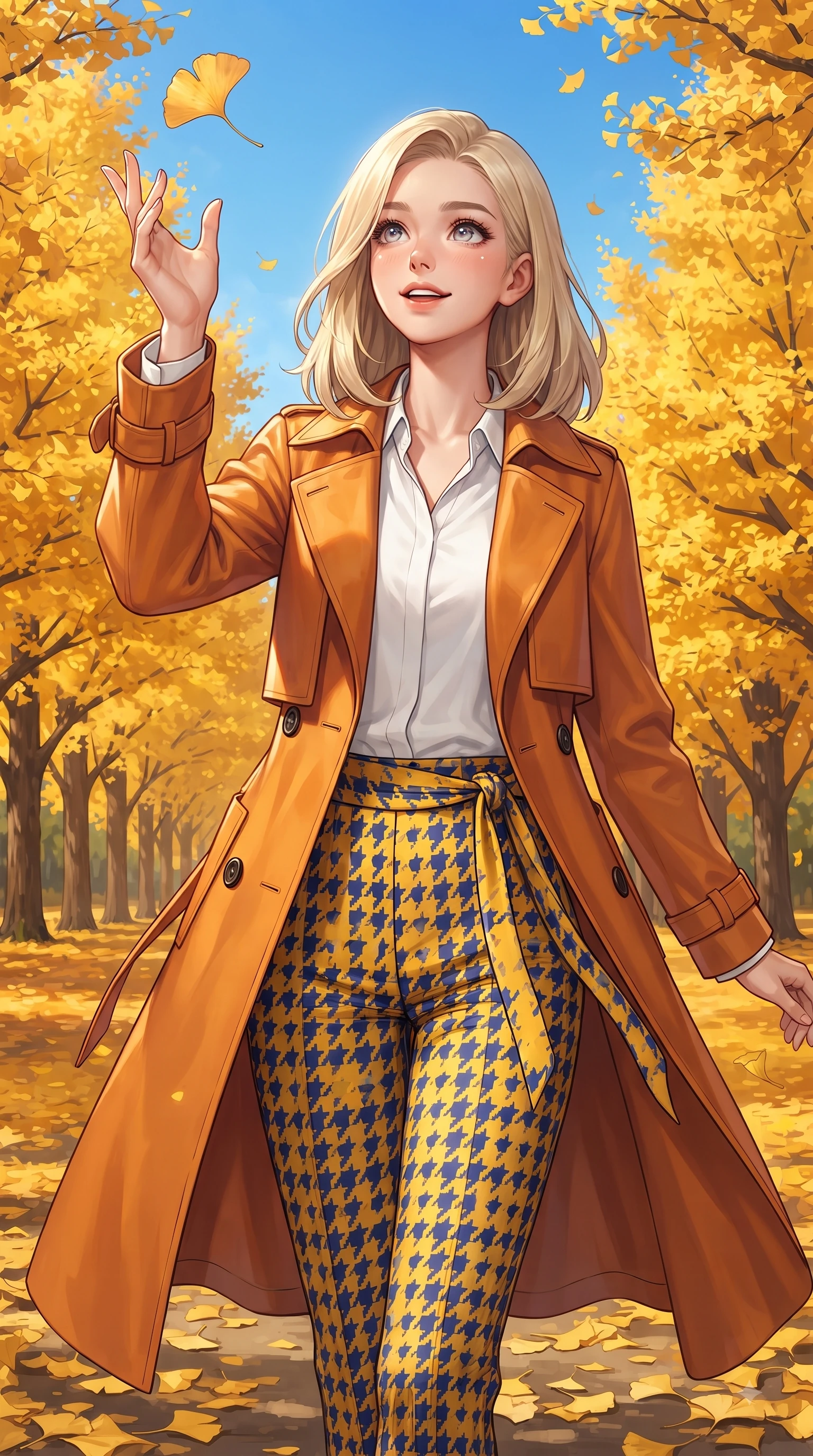 score_9, masterpiece, best quality, ultra-detailed, high-budget anime keyframe, editorial fashion photography, tasteful artistic composition, Caucasian woman. close-up cowboy shot from the waist and thighs up, the character dominates the composition, filling the frame with her large presence. Expectant hopeful expression with wide sparkling eyes and a soft eager smile as if waiting for a loved one while reaching up playfully to catch a golden ginkgo leaf in mid-air with a joyful smile. The surrounding environment is rendered in vivid detail and crisp panoramic clarity. endless golden ginkgo tree arcades, detailed leaf carpets, and crisp blue sky in panoramic focus. She has an exceptionally elegant, slender, and willowy female figure with an ultra-slim waist, a gracefully sculpted slender torso, and a refined silhouette. sharp v-shaped jawline, high-bridge nose, intricate jewel-like eyes with depth, thick eyelashes, glossy lips with a natural sheen, flawlessly proportioned anatomical accuracy, natural body alignment, perfectly sculpted elegant limbs, clean dynamic posture without body distortion. wearing a stylish sunset amber trench coat over a crisp white shirt and tailored trousers in sunflower yellow and royal navy blue, crafted from soft breathable Italian linen, accented with a delicate side waist sash creating fluid lines, the chic fashion cut framing her graceful clavicle and slender torso. surrounded by a crisp, romantic, and vibrant autumn editorial atmosphere. ultra-reflective glossy finish, specular highlights, metallic sheen, high-contrast stereoscopic depth, volumetric dynamic lighting, 2k, ultra detail, master piece, 9:16 ratio