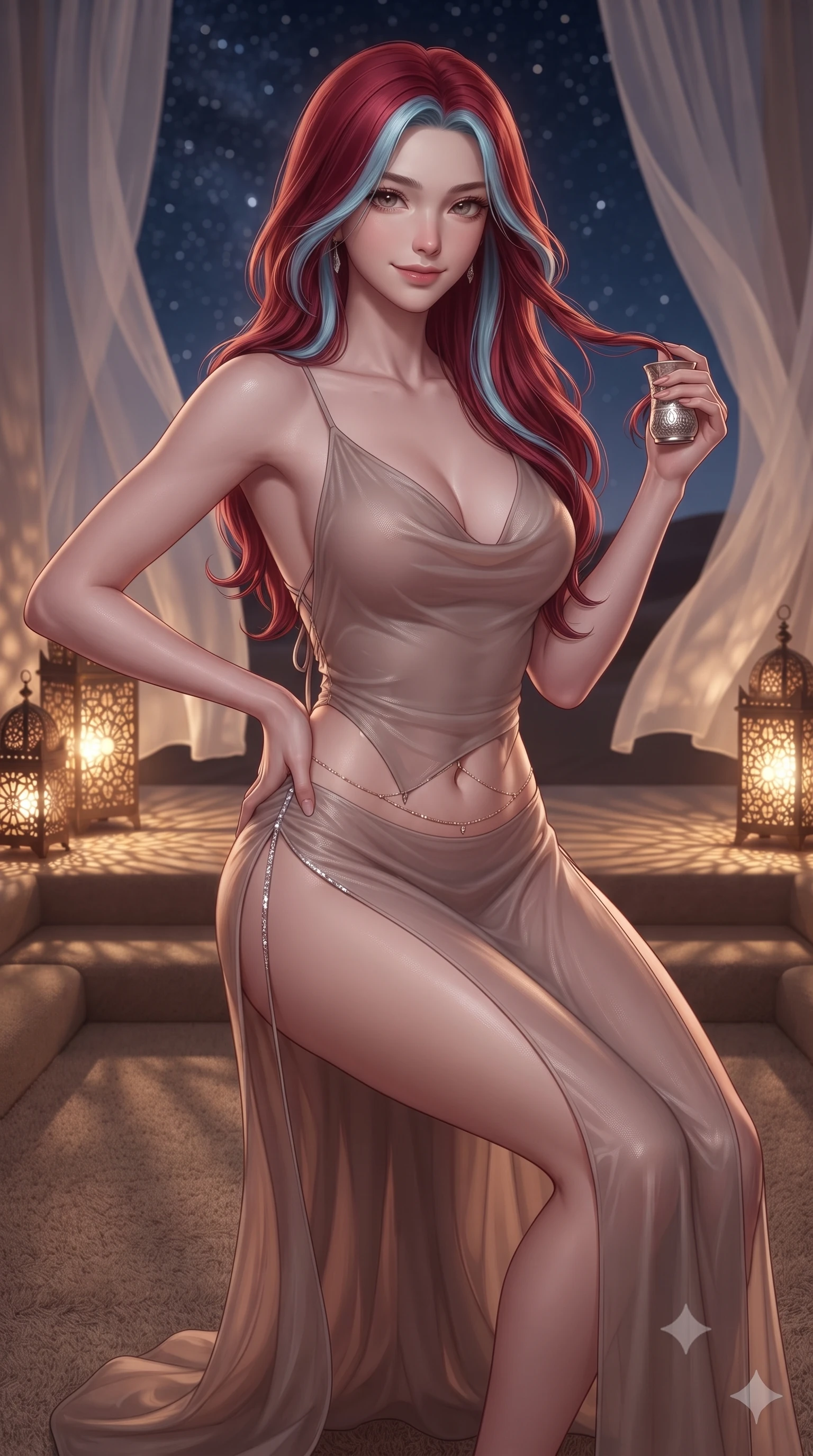 score_9, masterpiece, best quality, ultra-detailed, high-budget anime keyframe, editorial fashion photography, tasteful artistic composition, Caucasian woman. close-up cowboy shot from the waist and thighs up, the character dominates the composition, filling the frame with her large presence. twisting her slender torso in an alluring contrapposto stance, one hand resting on her sculpted hip while her fingers toy with her hair with effortless poise while sitting perched on the edge of the sunken carpeted lounge with legs extended, holding a silver mint tea glass with a captivating seductive smile. The background shows a soft-focus flowing sheer white linen curtains billowing in desert breeze, glowing pierced brass floor lanterns, and endless desert stars blurred into ivory, amber, and midnight-blue bokeh. She has an exceptionally elegant, slender, and willowy female figure with an ultra-slim waist, flat toned midriff, narrow ribcage, and sculpted feminine hips creating an alluring, slim hourglass silhouette without bulk. sharp v-shaped jawline, high-bridge nose, sparkling eyes with hypnotic seductive depth, thick curled eyelashes, glossy parted lips with a natural dewy peach sheen, alluring bedroom-eyes with an enchanting coquettish smile, exuding magnetic siren charisma and sophisticated glamour, flawlessly proportioned anatomical accuracy, strict slender model proportions, natural body alignment, perfectly sculpted long slender limbs, ultra-slim waistline, clean dynamic posture without body distortion. wearing a plunging cowl-neck liquid cashmere-silk slip gown with daring hip-high double slits and delicate back ties in sheer dusky champagne and glistening crystal trims, made of semi-opaque stretch illusion mesh with soft shadowy contours, accented with a dainty gold belly chain resting across her flat midriff and curving hips, the liquid-tight tailored fabric clinging flawlessly to her narrow waist and rounded feminine hips, emphasizing every millimeter of her sculpted slim hourglass curves without any bulky heaviness. bathed in warm 2200K amber glow filtering through perforated brass lanterns creating intricate geometric shadow patterns. ultra-reflective glossy finish, specular highlights, rich textural contrasts, high-contrast stereoscopic depth, volumetric dynamic lighting, 2k, ultra detail, master piece, 9:16 ratio