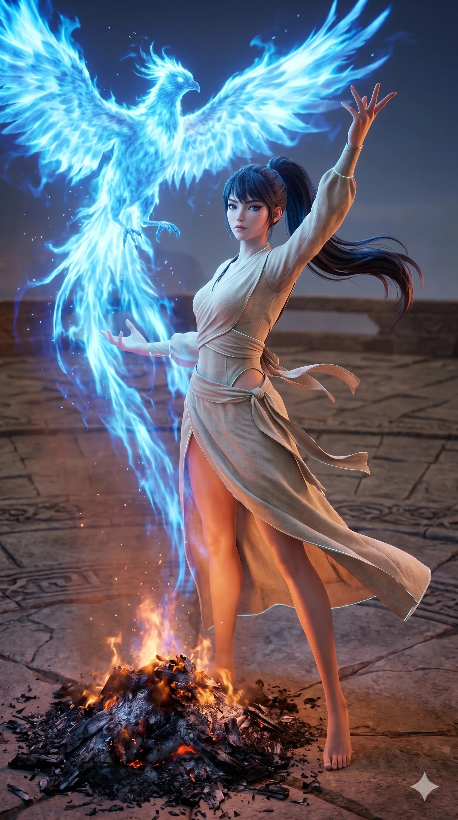 score_9, masterpiece, best quality, ultra-detailed, semi-realistic 3D game render, high-fidelity textures, Unreal Engine 5 style, Korean woman. Dynamic full-body shot stretching the vertical silhouette with extreme perspective. summoning a phoenix of blue fire from a pile of ashes. She has an absolutely perfect 8-heads proportion, an exceptionally tall and slender female figure with graceful and slender proportions. strictly human anatomy, two legs only, no extra limbs, clearly defined legs and arms, perfect anatomy, perfect hands and fingers. sharp v-shaped jawline, high-bridge nose, intricate jewel-like eyes, thick eyelashes, glossy lips. Wearing Seasonal/Resort: Elegant one-piece with sarong, linen sundress with tie-back, and light fabric wrap. The scene is illuminated by dramatic atmospheric lighting and vibrant color palettes. , 2k, ultra detail, master piece, 9:16 ratio