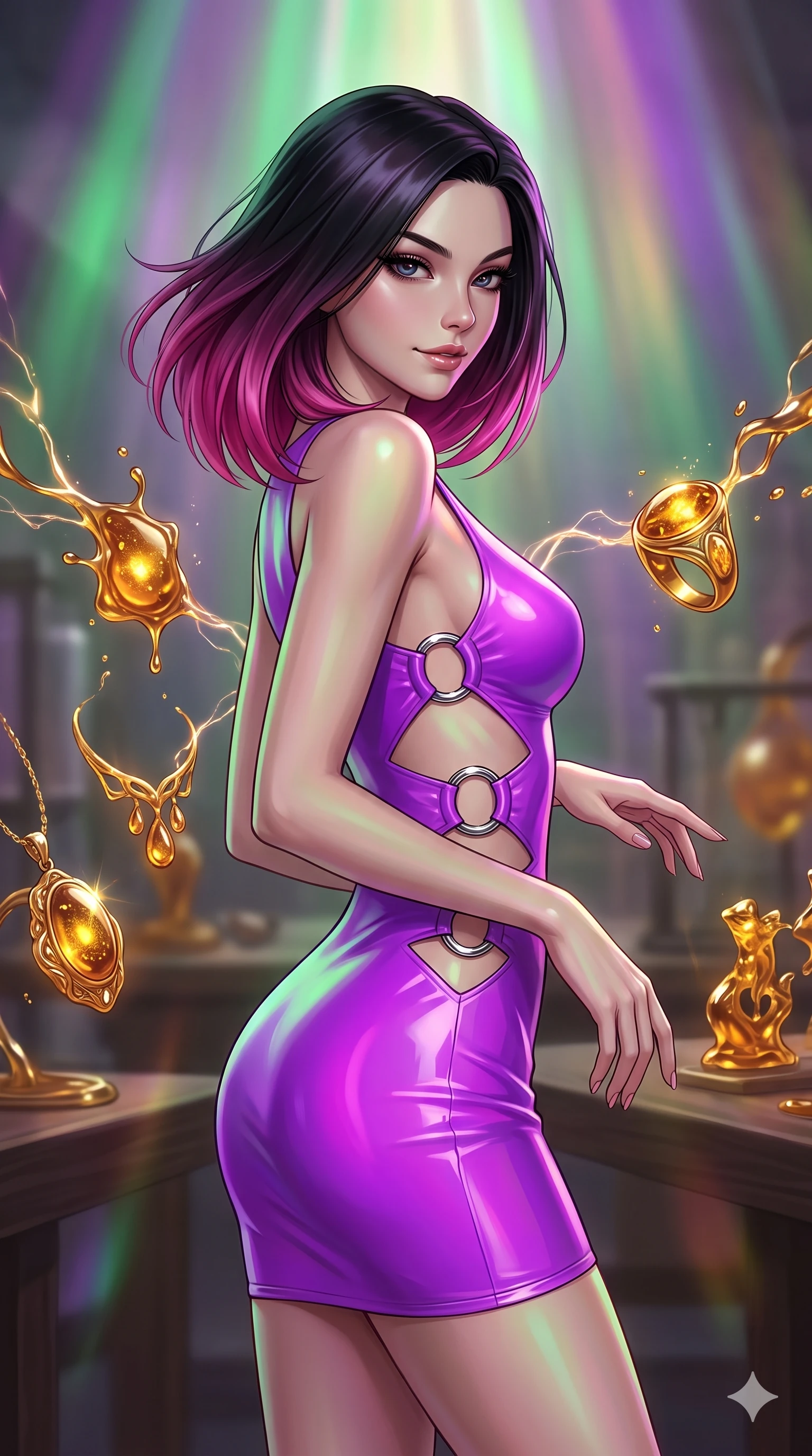 score_9, masterpiece, best quality, ultra-detailed, high-budget anime keyframe, editorial fashion photography, tasteful artistic composition, Korean woman. close-up cowboy shot from the waist and thighs up, the character dominates the composition, filling the frame with her large presence, background elements kept in soft focus. Glancing sidelong over her shoulder with a smoldering half-smile. set against a soft-focus background of an artisan workshop where liquid amber is shaped mid-air by invisible hands into intricate jewelry and miniature sculptures each piece trapping golden light within its translucent honey-colored form. She has an exceptionally elegant and slender, willowy female figure with an ultra-slim waist, a gracefully sculpted slender torso, and a refined slim physique. sharp v-shaped jawline, high-bridge nose, intricate jewel-like eyes with depth, thick eyelashes, glossy lips with a natural sheen. wearing a fashion-latex mini dress in neon purple with geometric side cutouts framed by chrome ring hardware, emphasizing her ultra-slim waist. illuminated by a shifting aurora palette of green violet and gold from above. 2k, ultra detail, master piece, 9:16 ratio