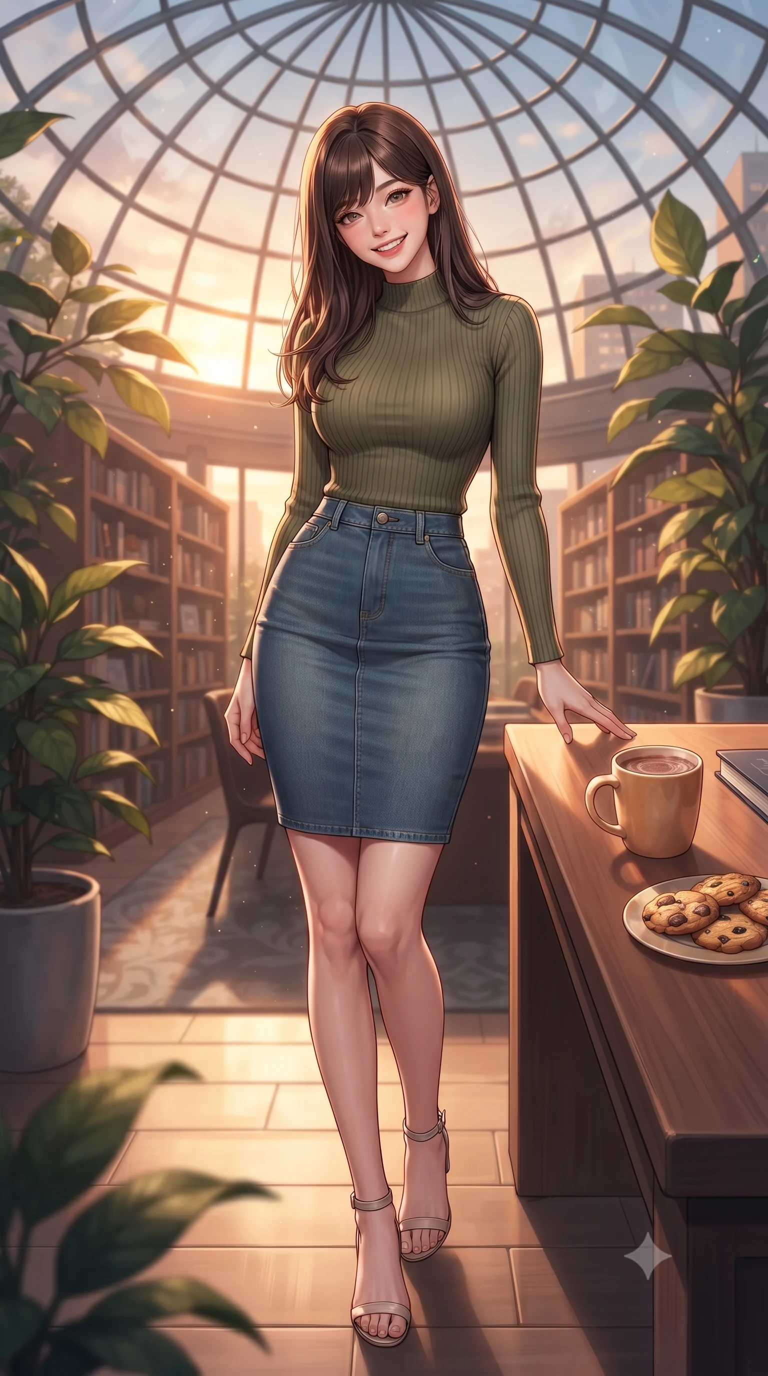 score_9, masterpiece, best quality, ultra-detailed, high-budget anime keyframe, editorial fashion photography, tasteful artistic composition, Korean woman. low angle full-body shot from head to toe showing her feet, filling the entire 9:16 vertical frame with her statuesque presence, stretching her vertical silhouette. standing with a cute, bright pose, tilting her head with a beaming smile set against a soft-focus background of inside a modern city library under a huge glass dome ceiling with leafy plants with a warm mug of cocoa and a small plate of cookies on the desk. She has an absolutely perfect, statuesque 8.5-heads proportion, an exceptionally tall and slender model-like female figure with impossibly long slender legs and an ultra-slim waist. sharp v-shaped jawline, high-bridge nose, intricate jewel-like eyes with depth, thick eyelashes, glossy lips with a natural sheen. wearing slim-fit tight-fitting ribbed sweater in olive green paired with a slim denim pencil skirt. cozy golden hour sunset light illuminating the dusty bookshelves with a warm glow. highly saturated vibrant anime colors, detailed shading with soft gradients, rich glossy textures, high-contrast stereoscopic depth, volumetric dynamic lighting, master piece, 9:16 ratio