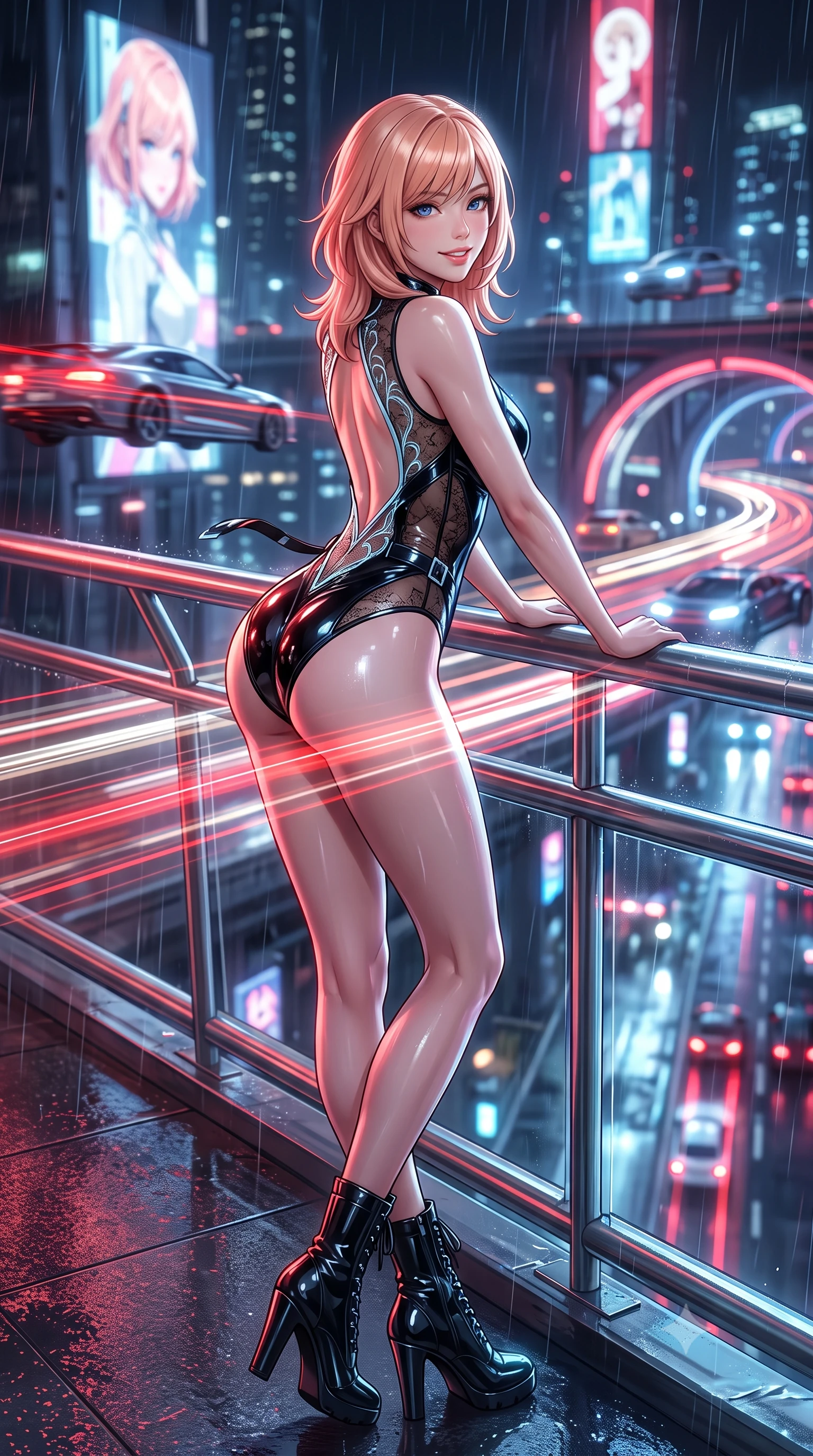 score_9, masterpiece, best quality, ultra-detailed, high-budget anime keyframe, semi-realistic 3D game render, editorial fashion photography, tasteful artistic composition, Japanese woman. low angle full-body shot from head to toe showing her feet, filling the entire 9:16 vertical frame with her statuesque presence, stretching her vertical silhouette. leaning deep against the balcony balustrade with hips cocked back in an unapologetically alluring high-fashion stance, casting an intoxicating glance while twisting her slender torso in an alluring contrapposto stance, long red and white aerocar light trails creating streaks of brilliance across her narrow waist and hips. The background shows a soft-focus streaks of multi-tiered flying car headlights, massive 3D anime holographic billboards, and rain-slicked highway arches blurred into ruby, white, and electric blue bokeh. She has an exceptionally tall and slender model-like 8.5-heads proportion, an ultra-slim waist, a flat toned midriff, narrow delicate ribcage, and beautifully sculpted feminine hips creating a graceful, slim hourglass silhouette without any bulky heaviness, with impossibly long slender legs. sharp v-shaped jawline, high-bridge nose, intricate jewel-like sparkling eyes with depth, thick eyelashes, glossy parted lips with a natural peach sheen, bright cheerful beaming smile with an enchanting and coquettish sensual glint, exuding both youthful cute charm and seductive allure, flawlessly proportioned anatomical accuracy, strict slender model proportions, natural body alignment, perfectly sculpted long slender limbs, ultra-slim waistline, clean dynamic posture without body distortion. wearing an alluring backless sheer lace combat leotard with high-cut leg openings and delicate fiber-optic embroidery framing her spine in arctic cryo-glacier ice blue and platinum white, tailored from high-gloss patent leather with mirror-like specular highlights, finished with sleek magnetic buckle closures fluttering in the breeze, the liquid-tight tailored fabric clinging flawlessly to her narrow waist and rounded feminine hips, emphasizing every millimeter of her sculpted slim hourglass curves without any bulky heaviness. bathed in the continuous dynamic red-and-white illumination of flowing vehicle light trails mixed with neon billboard glow. highly saturated vibrant anime colors, detailed shading with soft gradients, rich glossy textures, high-contrast stereoscopic depth, volumetric dynamic lighting, master piece, 9:16 ratio