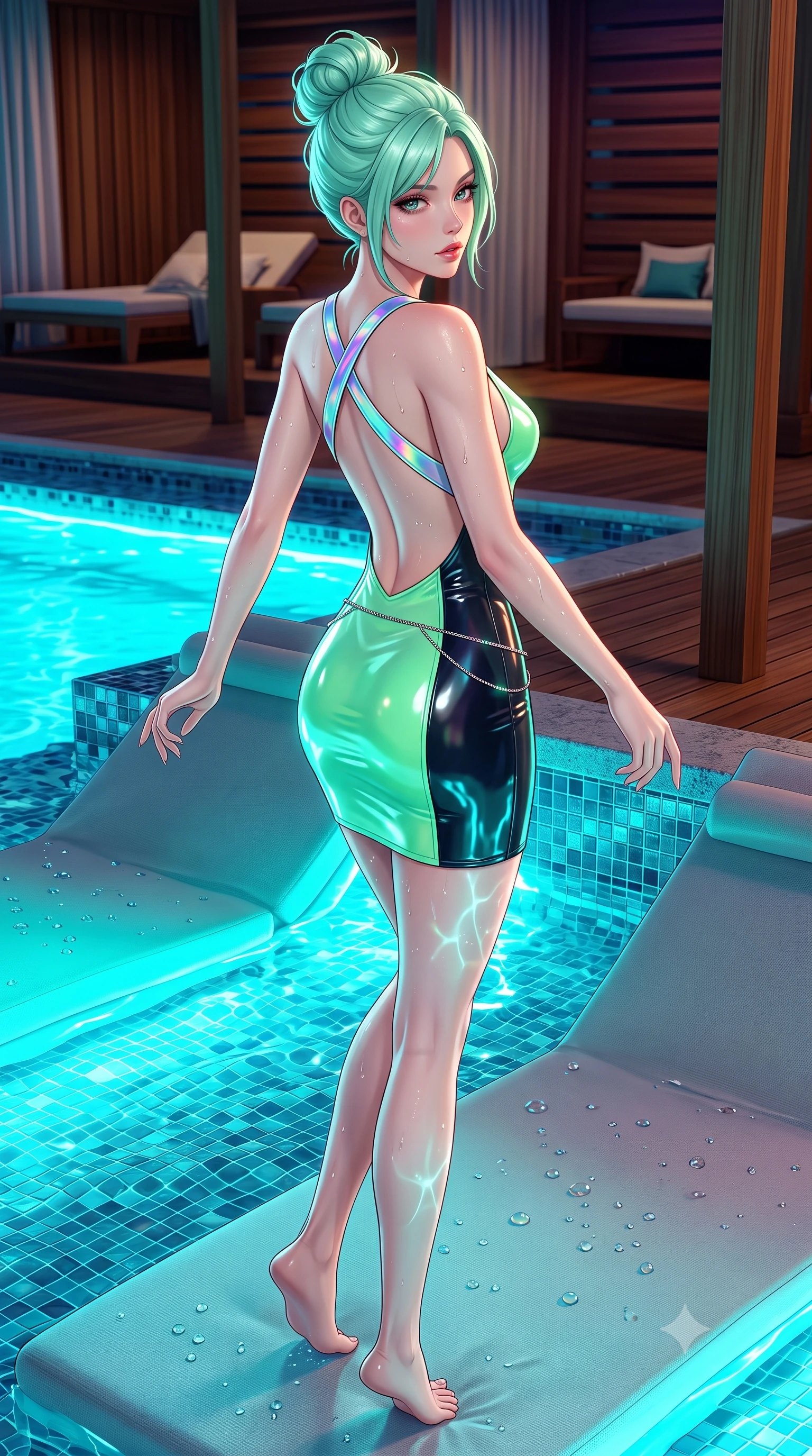 score_9, masterpiece, best quality, ultra-detailed, high-budget anime keyframe, semi-realistic 3D game render, editorial fashion photography, tasteful artistic composition, Japanese woman. low angle full-body shot from head to toe showing her feet, filling the entire 9:16 vertical frame with her statuesque presence, stretching her vertical silhouette. executing an elegant mid-motion pivot turn as garments swirl around her slender limbs, glancing over her shoulder with an intoxicating bedroom-gaze while reclining on a submerged pool daybed with water lapping at her waist, arching her spine as glowing cyan pool caustics trace her curvy hips. The surrounding environment is rendered in vivid detail and crisp panoramic clarity. sharp glass mosaic pool tiles, distinct water droplet beads on skin, and cabana teak wood in deep focus. She has an absolutely perfect, statuesque 8.5-heads proportion, an exceptionally tall and slender model-like female figure with impossibly long slender legs, a toned flat midriff, an ultra-slim waist, and beautifully sculpted feminine hips. sharp v-shaped jawline, high-bridge nose, intricate jewel-like eyes with depth, thick eyelashes, glossy parted lips with a natural sheen, intensely captivating and seductive bedroom-eyes expression, flawlessly proportioned anatomical accuracy, strict slender model proportions, natural body alignment, perfectly sculpted long slender limbs, ultra-slim waistline, clean dynamic posture without body distortion. wearing a daring open-back neon party dress with crossed holographic straps and bodycon fit in neon mint green and dark obsidian, formed from high-gloss patent leather with sharp specular chiaroscuro, complemented by a delicate metallic hip chain catching the neon pool caustics, the second-skin form-contouring cut accentuating her sculpted flat midriff, narrow waistline, and dramatically curvy hips without adding bulk. surrounded by an electrifying, hypnotic, and irresistibly provocative nightlife goddess aura. highly saturated vibrant anime colors, detailed shading with soft gradients, rich glossy textures, high-contrast stereoscopic depth, volumetric dynamic lighting, master piece, 9:16 ratio