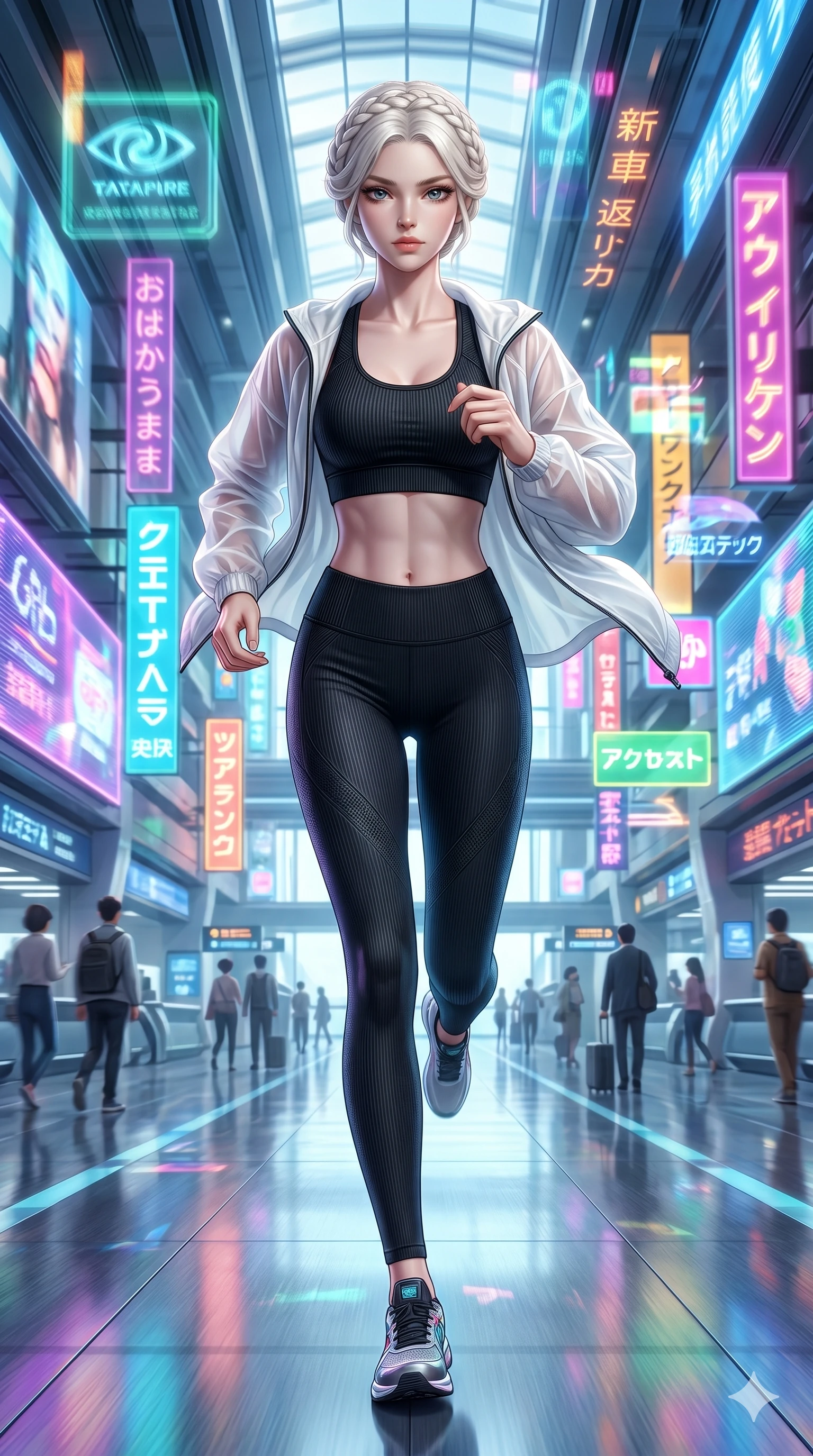 score_9, masterpiece, best quality, ultra-detailed, Set A: Photorealistic 8k CG, Japanese woman. Low angle cowboy shot filling the entire 9:16 frame with her statuesque presence. Sprinting through a futuristic airport terminal with holographic ads flashing in vibrant colors. She has an absolutely perfect 8-heads proportion, an exceptionally tall and slender female figure with impossibly long slender legs and an ultra-slim waist. Sharp v-shaped jawline, high-bridge nose, intricate jewel-like eyes with depth, thick eyelashes, glossy lips. Wearing a Premium Athleisure outfit: ribbed sports bra and leggings set with a sheer windbreaker and exposed midriff. Background is a bright and colorful high-tech terminal with dynamic motion blur and bright neon signs. 2k, ultra detail, master piece, 9:16 ratio