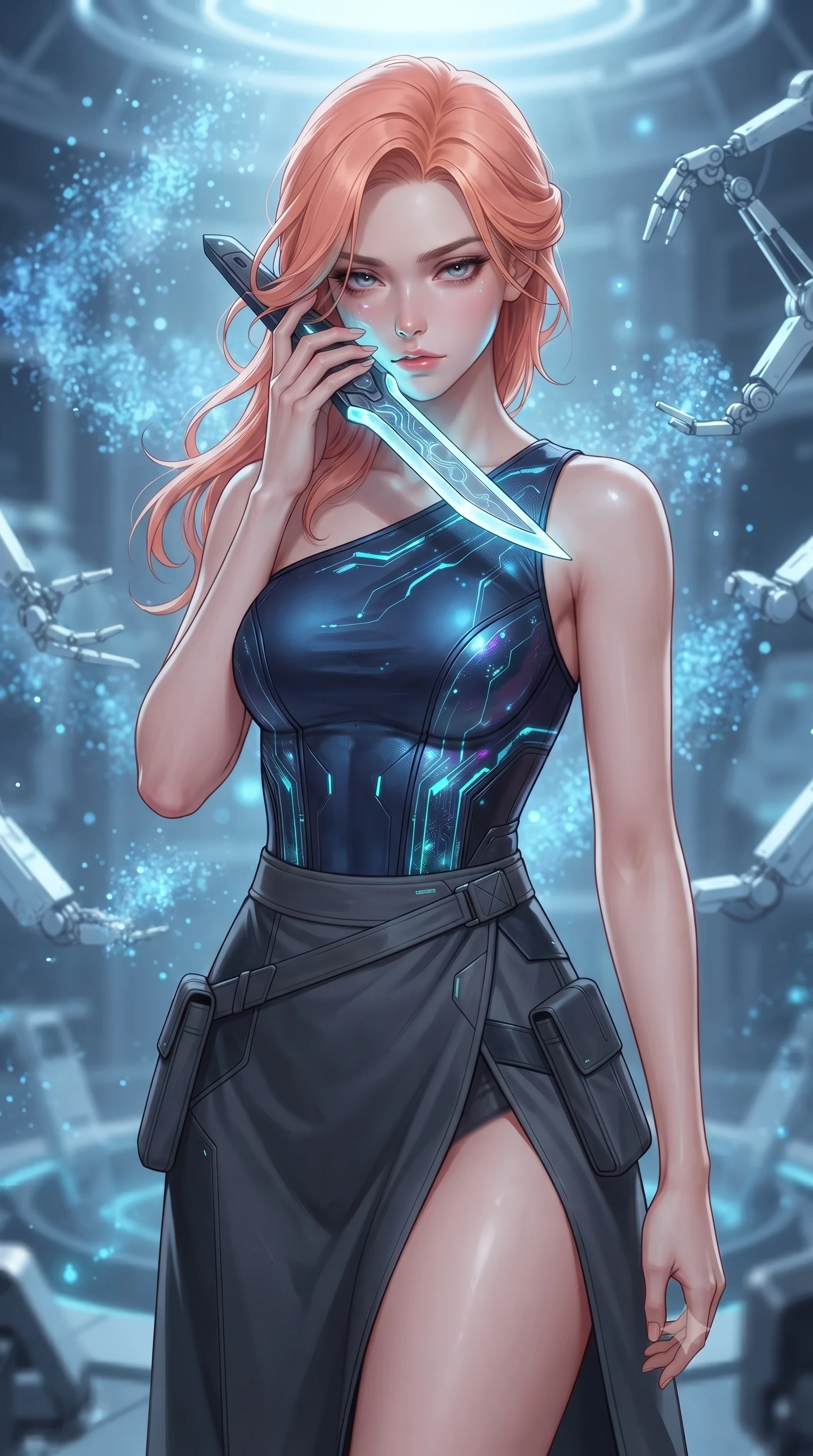 score_9, masterpiece, best quality, ultra-detailed, high-budget anime keyframe, editorial fashion photography, tasteful artistic composition, Japanese woman. close-up cowboy shot from the waist and thighs up, the character dominates the composition, filling the frame with her large presence, background elements kept in soft focus. pressing the flat side of a glowing vibro-blade against her cheek, locking eyes with the viewer with bedroom-eyes, the background shows a soft-focus a nanite assembly chamber filled with floating, shimmering blue particle clouds. She has an exceptionally elegant, slender, and willowy female figure with an ultra-slim waist, a gracefully sculpted slender torso, and a refined silhouette. sharp v-shaped jawline, high-bridge nose, intricate jewel-like eyes with depth, thick eyelashes, glossy lips with a natural sheen. wearing a tailored asymmetric one-shoulder nanotech bodice paired with a daring high-slit tactical utility wrap skirt. shimmering nanite clouds casting a soft cyan glow on her refined features. ultra-reflective glossy finish, specular highlights, metallic sheen, high-contrast stereoscopic depth, volumetric dynamic lighting, 2k, ultra detail, master piece, 9:16 ratio