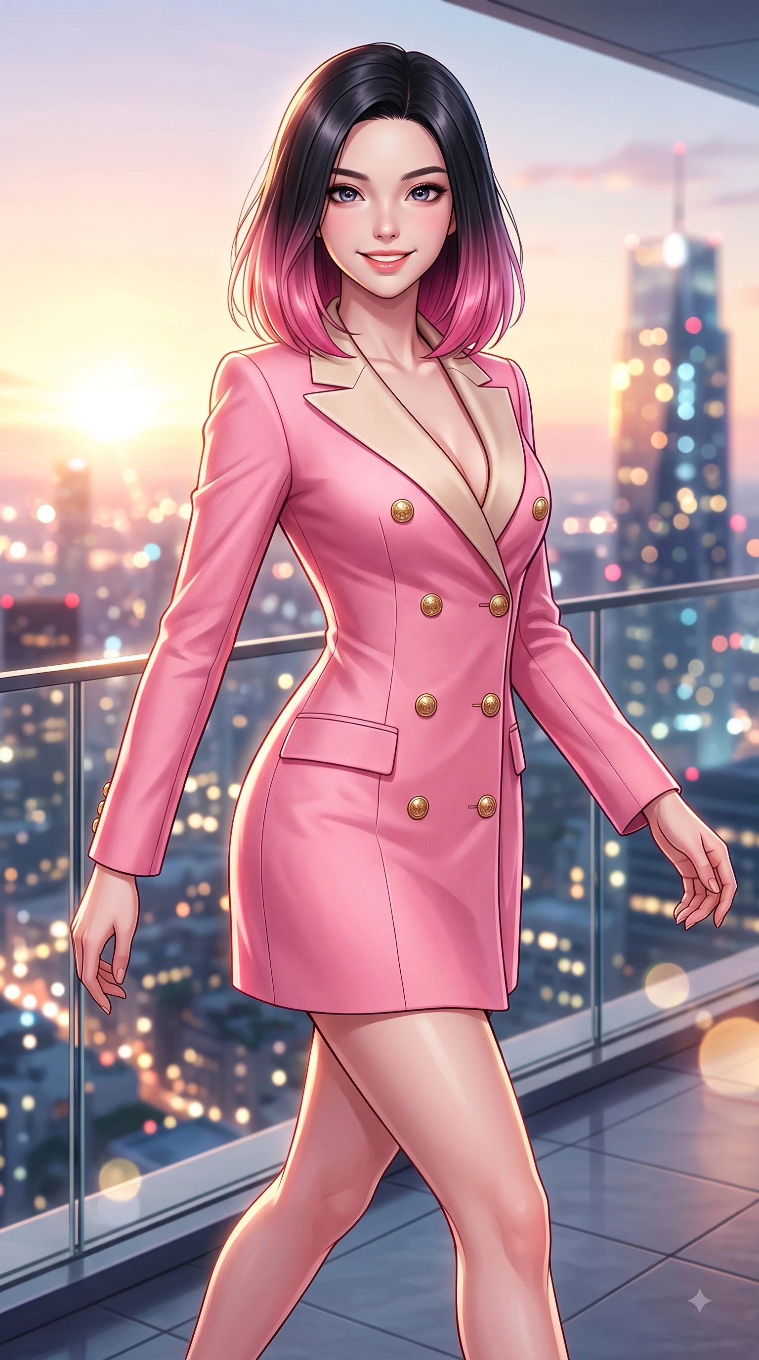 score_9, masterpiece, best quality, ultra-detailed, high-budget anime keyframe, editorial fashion photography, tasteful artistic composition, Korean woman. close-up cowboy shot from the waist and thighs up, the character dominates the composition, filling the frame with her large presence. Gazing directly into the camera with a fresh, infectious smile as her torso curves dynamically in mid-stride while stepping gracefully onto an open-air rooftop terrace as sunset city lights twinkle below. The composition keeps background elements in soft focus with dreamy bokeh. twinkling city tower lights and glowing sunset sky blurred into sparkling urban bokeh. She has an exceptionally elegant, slender, and willowy female figure with an ultra-slim waist, a gracefully sculpted slender torso, and a refined silhouette. sharp v-shaped jawline, high-bridge nose, intricate jewel-like eyes with depth, thick eyelashes, glossy lips with a natural sheen, flawlessly proportioned anatomical accuracy, natural body alignment, perfectly sculpted elegant limbs, clean dynamic posture without body distortion. wearing a sleek double-breasted blazer dress with gold button accents in bright cherry blossom pink and champagne, tailored from fine wool crepe with clean lines, accented with a Tasteful chest slit framing her clavicle gracefully, the elegant draped fit framing her graceful clavicle and slender torso. illuminated by crisp specular highlights and clear rim lighting. highly saturated vibrant anime colors, detailed shading with soft gradients, rich glossy textures, high-contrast stereoscopic depth, volumetric dynamic lighting, master piece, 9:16 ratio