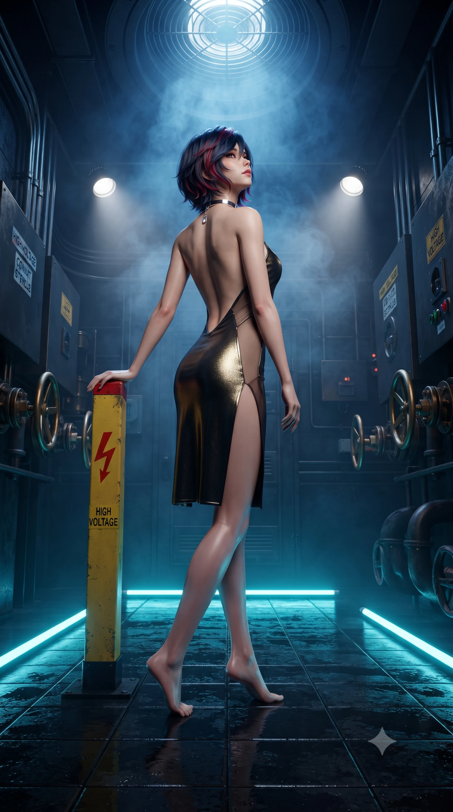 score_9, masterpiece, best quality, ultra-detailed, high-budget anime keyframe, editorial fashion photography, tasteful artistic composition, Korean woman. low angle full-body shot from head to toe showing her feet, filling the entire 9:16 vertical frame with her statuesque presence, stretching her vertical silhouette. stepping slowly toward the camera with hypnotic grace, hips swaying in an alluring sensual rhythm that accentuates her curvy hourglass silhouette and long slender legs while leaning against the high-voltage warning stanchion with hips cocked back, looking up through swirling cobalt-lit vapors at the 100-meter ceiling vent with smoldering bedroom-eyes. The surrounding environment is rendered in vivid detail and crisp panoramic clarity: sharp wet black basalt tile reflections, high-voltage conduit stencils, and heavy brass valve wheels in deep focus. She has an exceptionally tall and slender model-like 8.5-heads proportion, an ultra-slim waist, a flat toned midriff, narrow delicate ribcage, and beautifully sculpted feminine hips creating a graceful, slim hourglass silhouette without any bulky heaviness, with impossibly long slender legs. sharp v-shaped jawline, high-bridge nose, intricate jewel-like sparkling eyes with depth, thick eyelashes, glossy parted lips with a natural peach sheen, bright cheerful beaming smile with an enchanting and coquettish sensual glint, exuding both youthful cute charm and seductive allure, flawlessly proportioned anatomical accuracy, strict slender model proportions, natural body alignment, perfectly sculpted long slender limbs, ultra-slim waistline, clean dynamic posture without body distortion. wearing an alluring backless metallic lamé combat halter mini dress with deep open back down to her lower spine and thigh-high slit in singularity accretion gold and space void onyx, featuring strategic sheer-illusion tulle side panels framing her ribcage and hips, finished with a minimalist chrome choker and a single teardrop diamond pendant, the high-slit wrap tailoring accentuating her ultra-slim waistline and the enchanting curve of her feminine hips with alluring seductive charm. bathed in electric-cyan floor LED guide lights mixed with cold ambient 6000K turbine spotlights. ultra-reflective glossy finish, specular highlights, rich textural contrasts, high-contrast stereoscopic depth, volumetric dynamic lighting, 2k, ultra detail, master piece, 9:16 ratio