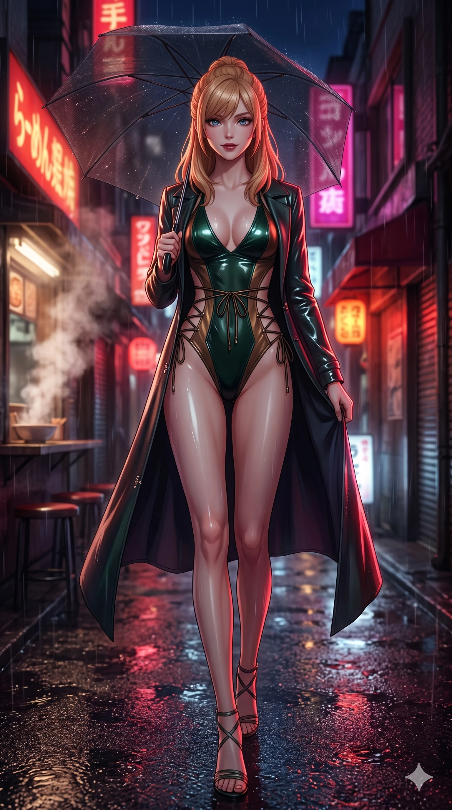 score_9, masterpiece, best quality, ultra-detailed, high-budget anime keyframe, semi-realistic 3D game render, editorial fashion photography, tasteful artistic composition, Caucasian woman. low angle full-body shot from head to toe showing her feet, filling the entire 9:16 vertical frame with her statuesque presence, stretching her vertical silhouette. reclining gracefully on an oversized white leather daybed under the open midnight sky, her long slender legs and hourglass curves commanding the frame while walking dynamically down the glistening wet asphalt alley beneath a translucent black umbrella, hips swaying gracefully in a captivating supermodel rhythm. The background shows a soft-focus steaming noodle bar vents and wet Tokyo alley facades softened in rainy night shallow focus. She has an exceptionally tall and slender model-like 8.5-heads proportion, an ultra-slim waist, a flat toned midriff, narrow delicate ribcage, and beautifully sculpted feminine hips creating a graceful, slim hourglass silhouette without any bulky heaviness, with impossibly long slender legs. sharp v-shaped jawline, high-bridge nose, intricate jewel-like dark sparkling eyes with dangerous depth, thick curled eyelashes, glossy parted lips with a rich wine sheen, smoldering seductive half-smile with bedroom-eyes, exuding effortless superiority and intoxicating dark allure, flawlessly proportioned anatomical accuracy, strict slender model proportions, natural body alignment, perfectly sculpted long slender limbs, ultra-slim waistline, clean dynamic posture without body distortion. wearing a low-slung cutaway leather bodysuit with bare hip flanks and criss-cross cord ties in dark emerald green and brushed antique bronze, crafted from wet-look high-gloss vinyl fabric with dazzling specular surface reflections, finished with an ultra-high side slit secured by miniature jeweled clasps, the form-fitting cut adhering flawlessly to her sculpted flat midriff and slender torso, emphasizing her long leg lines and perfectly proportioned willowy build. illuminated by wet pavement neon puddle bounce and sharp scarlet-magenta rim lights sculpting her razor-sharp jawline, narrow waist, and curvy hips. highly saturated vibrant anime colors, detailed shading with soft gradients, rich glossy textures, high-contrast stereoscopic depth, volumetric dynamic lighting, master piece, 9:16 ratio
