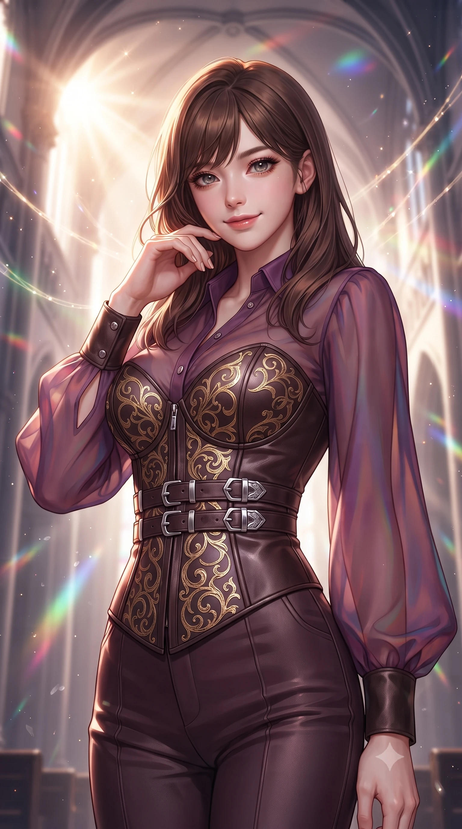 score_9, masterpiece, best quality, ultra-detailed, high-budget anime keyframe, editorial fashion photography, tasteful artistic composition, Korean woman. close-up cowboy shot from the waist and thighs up, the character dominates the composition, filling the frame with her large presence, background elements kept in soft focus. Smiling with quiet, magnetic self-assurance directly into the lens guiding glowing choir light threads weaving through majestic vaulted arches, floating glass dust and incense smoke scattering colorful light beams. She has an exceptionally elegant, slender, and willowy female figure with an ultra-slim waist, a gracefully sculpted slender torso, and a refined silhouette. sharp v-shaped jawline, high-bridge nose, intricate jewel-like eyes with depth, thick eyelashes, glossy lips with a natural sheen. wearing a tailored leather bustier over a sheer silk chiffon blouse in plum purple and gold filigree, crafted from iridescent chiffon that shifts colors in the light, detailed with polished silver buckles along the waistline, the tailored fabric tightly following every curve of her athletic build. lit by bright sunbursts creating vivid, saturated color projections. ultra-reflective glossy finish, specular highlights, metallic sheen, high-contrast stereoscopic depth, volumetric dynamic lighting, 2k, ultra detail, master piece, 9:16 ratio