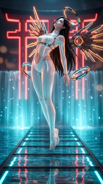 score_9, masterpiece, best quality, ultra-detailed, high-budget anime keyframe, editorial fashion photography, tasteful artistic composition, Korean woman. low angle full-body shot from head to toe showing her feet, filling the entire 9:16 vertical f