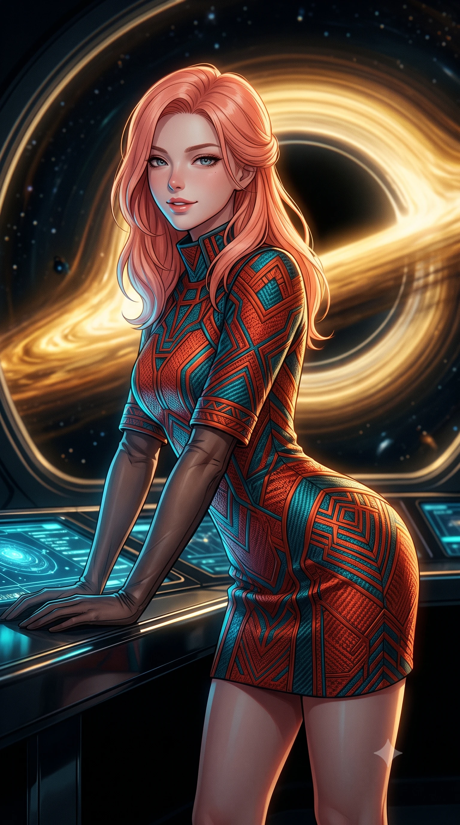 score_9, masterpiece, best quality, ultra-detailed, high-budget anime keyframe, editorial fashion photography, tasteful artistic composition, Japanese woman. close-up cowboy shot from the waist and thighs up, the character dominates the composition, filling the frame with her large presence. leaning forward while arching her lower back to accentuate her curvy hips, looking into the camera with an intoxicating smoldering gaze and bedroom-eyes while leaning against the black chrome command console with hips cocked back, looking into the swirling gravitational lens arcs with intoxicating smoldering bedroom-eyes. The background shows a soft-focus swirling golden accretion disk, curving gravitational lensing photon rings, and deep starfield distorted by extreme gravity blurred into amber, gold, and jet-black bokeh. She has an exceptionally elegant, slender, and willowy female figure with an ultra-slim waist, flat toned midriff, narrow ribcage, and sculpted feminine hips creating an alluring, slim hourglass silhouette without bulk. sharp v-shaped jawline, high-bridge nose, intricate jewel-like sparkling eyes with depth, thick eyelashes, glossy parted lips with a natural peach sheen, bright cheerful beaming smile with an enchanting and coquettish sensual glint, exuding both youthful cute charm and seductive allure, flawlessly proportioned anatomical accuracy, strict slender model proportions, natural body alignment, perfectly sculpted long slender limbs, ultra-slim waistline, clean dynamic posture without body distortion. wearing a futuristic architectural jacquard shift dress with geometric high neckline and bracelet sleeves in cyber-shinto vermilion and electric teal, woven from structured carbon-fiber jacquard with rich textural depth, complemented by sheer opera-length evening gloves tracing her slender arms, the impeccably tailored cut draping gracefully along her slender figure with aristocratic poise. illuminated by console screen bounce and sharp relativistic gold rim lights defining her razor-sharp jawline, narrow waist, and curvy hips. ultra-reflective glossy finish, specular highlights, rich textural contrasts, high-contrast stereoscopic depth, volumetric dynamic lighting, 2k, ultra detail, master piece, 9:16 ratio