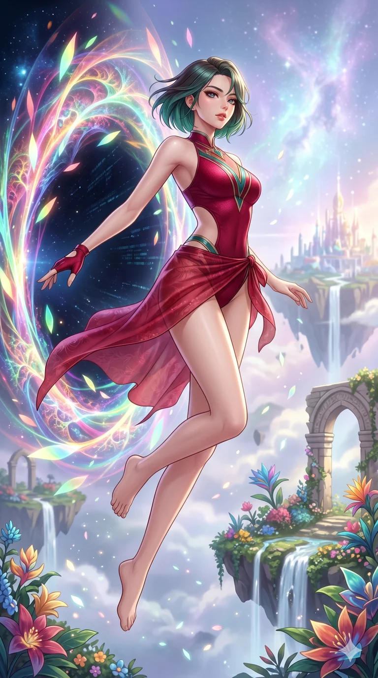 score_9, masterpiece, best quality, ultra-detailed, High-budget Anime Keyframe, beautiful Korean anime girl. Low angle cowboy shot filling the entire 9:16 frame with her statuesque presence. Leaping through a portal of swirling prismatic light into a celestial garden. She has an absolutely perfect 8-heads proportion, an exceptionally tall and slender female figure with impossibly long slender legs and an ultra-slim waist. Sharp v-shaped jawline, high-bridge nose, intricate jewel-like eyes with depth, thick eyelashes, glossy lips with a natural sheen. Wearing a Seasonal/Resort outfit: crimson high-cut one-piece with a sheer silk sarong and strategic side cut-outs. Background is a bright and colorful transition between a digital void and a lush floating paradise with waterfalls. 2k, ultra detail, master piece, 9:16 ratio