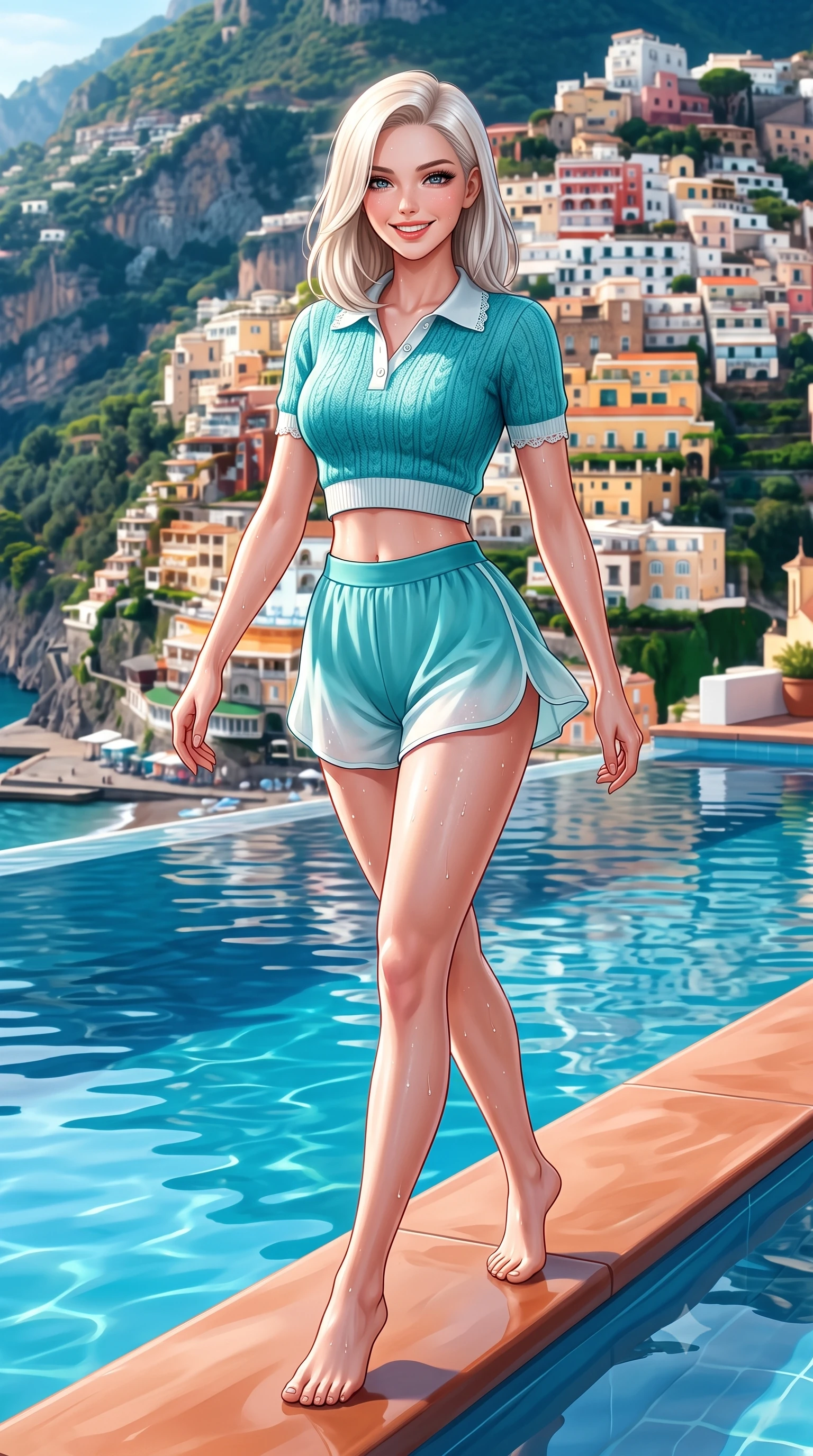 score_9, masterpiece, best quality, ultra-detailed, high-budget anime keyframe, semi-realistic 3D game render, editorial fashion photography, tasteful artistic composition, Caucasian woman. low angle full-body shot from head to toe showing her feet, filling the entire 9:16 vertical frame with her statuesque presence, stretching her vertical silhouette. stepping forward gracefully in mid-motion with a radiant beaming smile, hips swaying in an alluring kinetic rhythm that accentuates her curvy hourglass silhouette and long slender legs while leaning back against the smooth terracotta pool coping, her long slender legs and feminine curves highlighted as Positano cascades down behind her. The surrounding environment is rendered in vivid detail and crisp panoramic clarity. detailed swimwear fabric sheen, water droplet beads on skin, and Amalfi cliffside architecture in high resolution. She has an exceptionally tall and slender model-like 8.5-heads proportion, an ultra-slim waist, a flat toned midriff, narrow delicate ribcage, and beautifully sculpted feminine hips creating a graceful, slim hourglass silhouette without any bulky heaviness, with impossibly long slender legs. sharp v-shaped jawline, high-bridge nose, intricate jewel-like sparkling eyes with depth, thick eyelashes, glossy parted lips with a natural peach sheen, bright cheerful beaming smile with an enchanting and coquettish sensual glint, exuding both youthful cute charm and seductive allure, flawlessly proportioned anatomical accuracy, strict slender model proportions, natural body alignment, perfectly sculpted long slender limbs, ultra-slim waistline, clean dynamic posture without body distortion. wearing a cropped knitted polo sweater paired with high-cut tailored tennis shorts hugging her rounded hips in ocean turquoise and sea-salt white, tailored from fine lightweight chiffon that flutters gently in the breeze, finished with delicate lace scallop edging along the neckline, the glove-like silhouette tightly following the natural contour of her hips and long slender legs with youthful 8.5-heads elegance. illuminated by intense pool water specular reflections sharply defining her razor-sharp jawline, narrow waist, and curvy hips. highly saturated vibrant anime colors, detailed shading with soft gradients, rich glossy textures, high-contrast stereoscopic depth, volumetric dynamic lighting, master piece, 9:16 ratio
