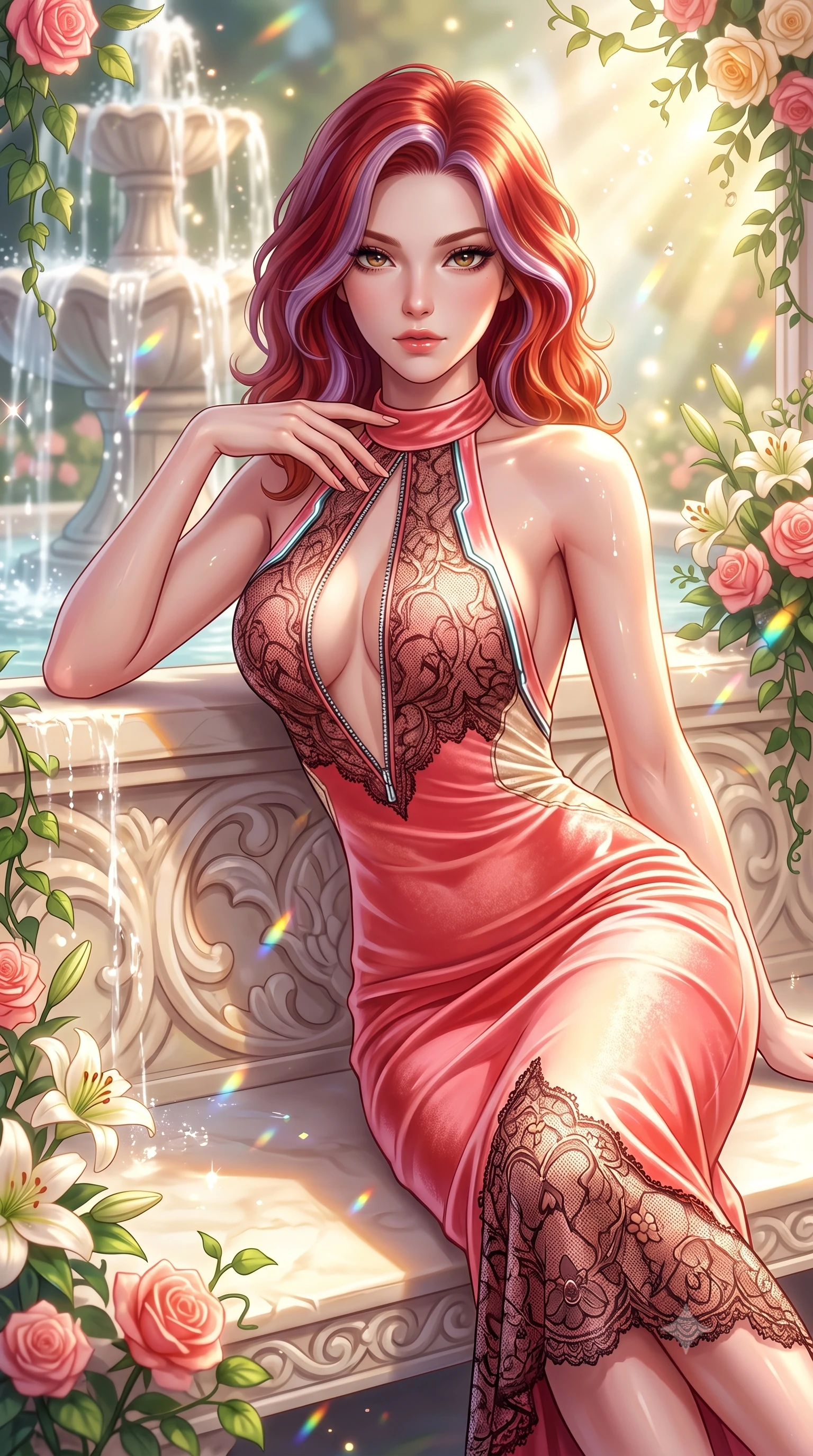 score_9, masterpiece, best quality, ultra-detailed, high-budget anime keyframe, semi-realistic 3D game render, editorial fashion photography, tasteful artistic composition, Caucasian woman. close-up cowboy shot from the waist and thighs up, the character dominates the composition, filling the frame with her large presence. leaning forward with a dangerous, enticing smolder, resting one hand near her collarbone while casting a fiery, magnetic direct gaze while reclining along a sun-warmed alabaster bench as cascading fountain mist and golden sunbeams wrap around her bare shoulders. The composition keeps background elements in soft focus with creamy bokeh. sparkling sunlight water droplets scattering prismatic light motes across a luminous backdrop. She has an exceptionally elegant, slender, and willowy female figure with an ultra-slim waist, a gracefully sculpted slender torso, toned flat midriff, and a refined slim silhouette. sharp v-shaped jawline, high-bridge nose, intricate jewel-like eyes with depth, thick eyelashes, glossy lips with a natural sheen, flawlessly proportioned anatomical accuracy, strict slender model proportions, natural body alignment, perfectly sculpted long slender limbs, ultra-slim waistline, clean dynamic posture without body distortion. wearing a velvet halter-neck midi dress fitting her statuesque contour flawlessly with a Tasteful chest slit and open spine in radiant coral pink and champagne ivory, crafted from delicate dark lace interwoven with luminescent micro-fibers, featuring a dangerously unzipped neckline framed by glowing cybernetic accents, the form-contouring material adhering flawlessly to her sculpted flat midriff and slender torso, emphasizing her long leg lines and perfectly proportioned willowy build. surrounded by an opulent, romantic, and breathtakingly fresh floral goddess atmosphere. highly saturated vibrant anime colors, detailed shading with soft gradients, rich glossy textures, high-contrast stereoscopic depth, volumetric dynamic lighting, master piece, 9:16 ratio
