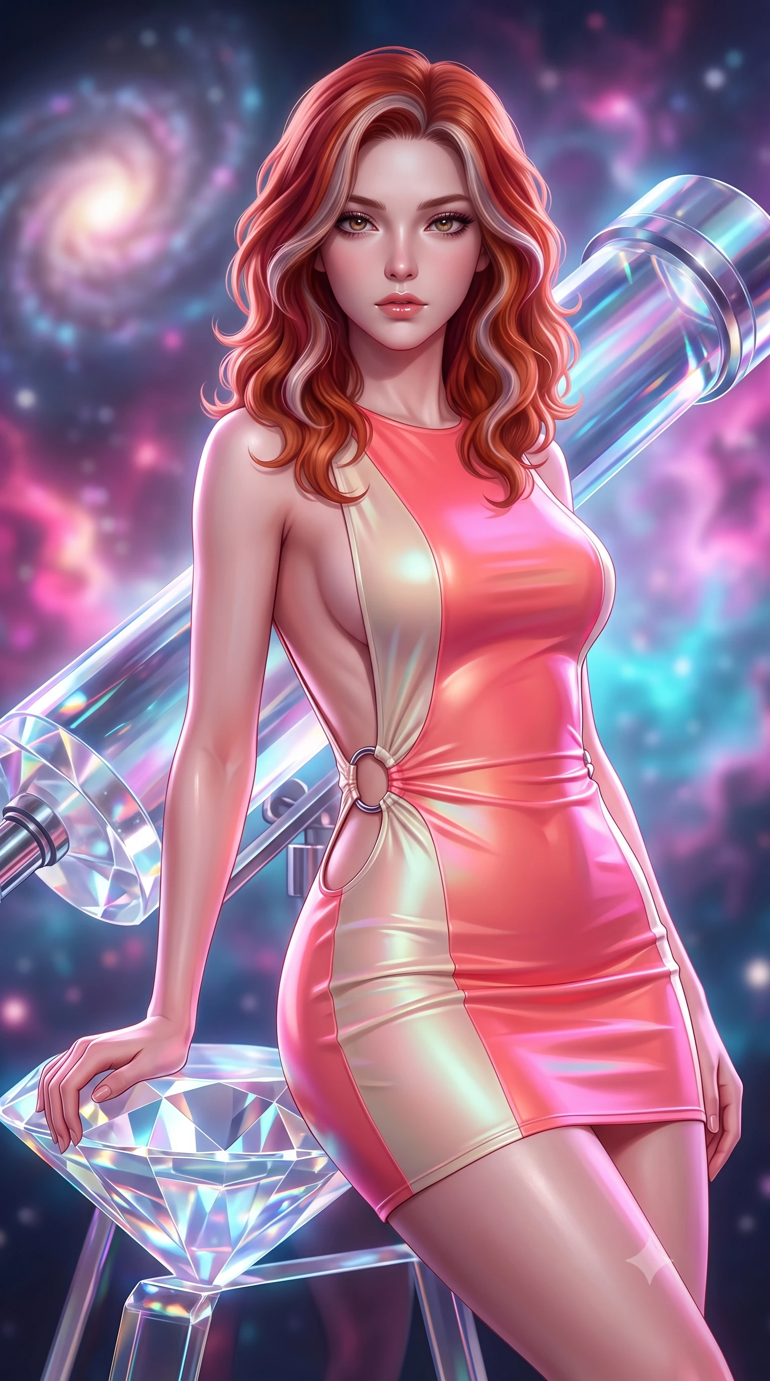 score_9, masterpiece, best quality, ultra-detailed, high-budget anime keyframe, semi-realistic 3D game render, editorial fashion photography, tasteful artistic composition, Caucasian woman. close-up cowboy shot from the waist and thighs up, the character dominates the composition, filling the frame with her large presence. gazing directly into the lens with bedroom eyes and a breathtaking, dangerous allure that commands the entire composition while leaning against a giant diamond prism telescope with an alluring, celestial gaze looking directly into the camera. The composition keeps background elements in soft focus with creamy bokeh. swirling spiral galaxies and glowing nebula gas clouds blurred into dreamy magenta, cyan, and violet bokeh. She has an exceptionally elegant, slender, and willowy female figure with an ultra-slim waist, a gracefully sculpted slender torso, toned flat midriff, and a refined slim silhouette. sharp v-shaped jawline, high-bridge nose, intricate jewel-like eyes with depth, thick eyelashes, glossy lips with a natural sheen, flawlessly proportioned anatomical accuracy, strict slender model proportions, natural body alignment, perfectly sculpted long slender limbs, ultra-slim waistline, clean dynamic posture without body distortion. wearing a second-skin fashion-latex mini dress with a clean architectural front, featuring an open-back design that wraps around the sides of her waist, showcasing her slender silhouette in radiant coral pink and champagne ivory, made of smooth iridescent silk chiffon that shifts colors with movement, detailed with polished silver rings connecting the daring side-waist cutouts, the glove-like aerodynamic second-skin fit tightly clinging to her ultra-slender waist and athletic curves without adding bulk, accentuating her razor-sharp statuesque lines and slim hourglass silhouette. bathed in radiant starlight brilliance and multi-colored nebula ambient illumination. highly saturated vibrant anime colors, detailed shading with soft gradients, rich glossy textures, high-contrast stereoscopic depth, volumetric dynamic lighting, master piece, 9:16 ratio