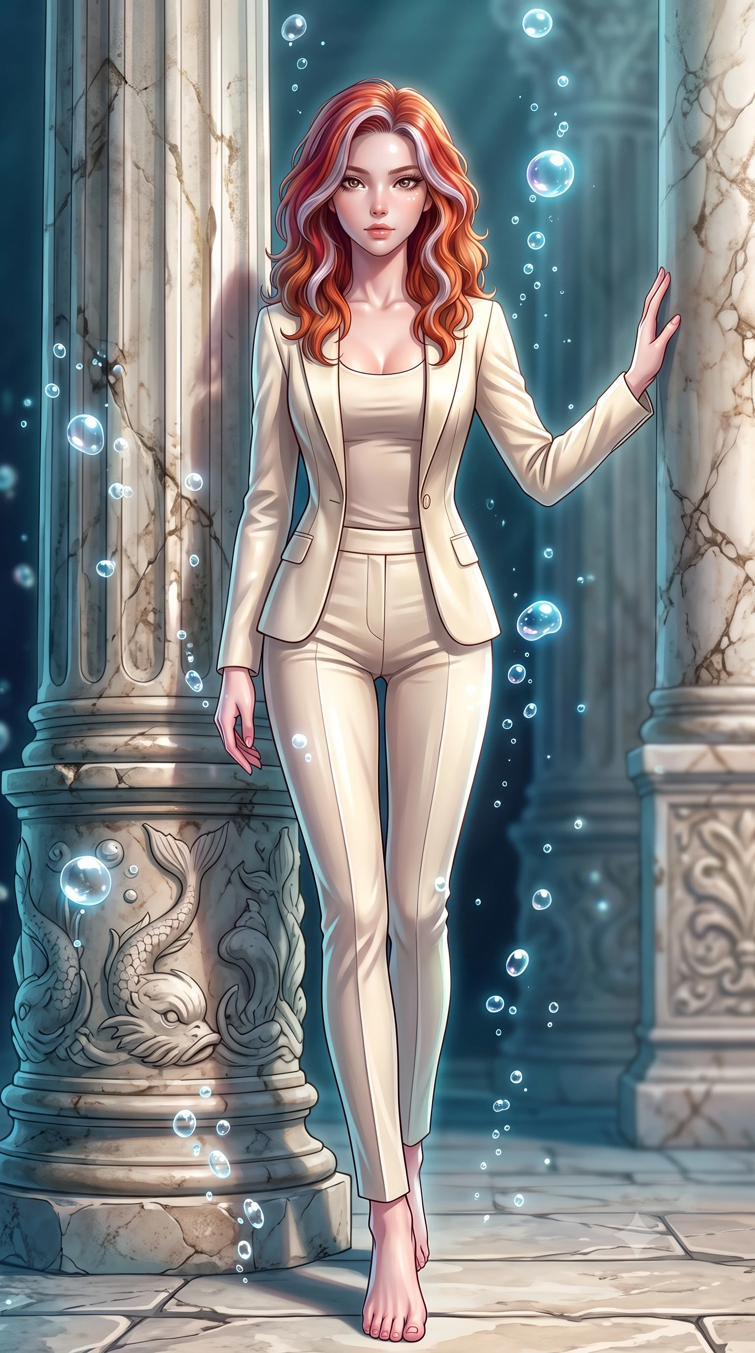 score_9, masterpiece, best quality, ultra-detailed, high-budget anime keyframe, editorial fashion photography, tasteful artistic composition, Caucasian woman. low angle full-body shot from head to toe showing her feet, filling the entire 9:16 vertical frame with her statuesque presence, stretching her vertical silhouette. stepping forward with proud posture, filling the vertical frame with her magnetic presence resting against an antique marble pillar as gentle sea bubbles rise around her, rising bioluminescent bubbles casting soft pearl-like highlights. She has an absolutely perfect, statuesque 8.5-heads proportion, an exceptionally tall and slender model-like female figure with impossibly long slender legs and an ultra-slim waist. sharp v-shaped jawline, high-bridge nose, intricate jewel-like eyes with depth, thick eyelashes, glossy lips with a natural sheen. wearing a tailored cream silk blazer over a form-contouring scoop-neck top and fitted trousers, the glove-like fit emphasizing her statuesque silhouette. surrounded by a shimmering ocean aura with bright pearl-white rim lights. highly saturated vibrant anime colors, detailed shading with soft gradients, rich glossy textures, high-contrast stereoscopic depth, volumetric dynamic lighting, master piece, 9:16 ratio