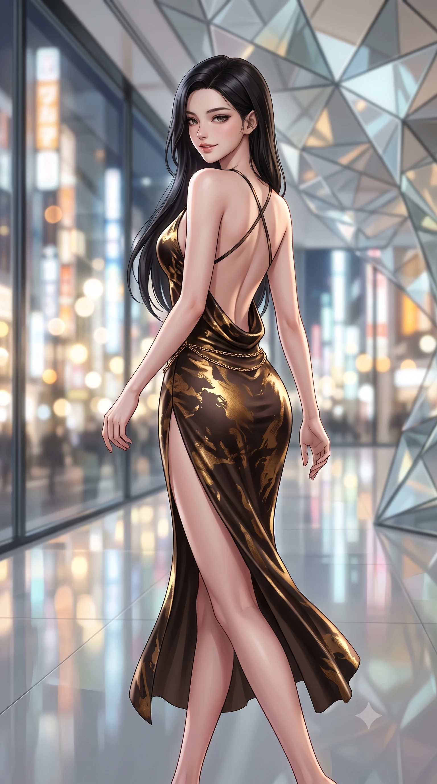 score_9, masterpiece, best quality, ultra-detailed, high-budget anime keyframe, semi-realistic 3D game render, editorial fashion photography, tasteful artistic composition, Korean woman. close-up cowboy shot from the waist and thighs up, the character dominates the composition, filling the frame with her large presence. turning over a bare shoulder with an intoxicating, teasing smile, her soft hair framing her sharp jawline as her hips angle gracefully while striding down the reflective gallery floor, her sleek aerodynamic outfit clinging to her narrow waist and long slender legs. The composition keeps background elements in soft focus with creamy bokeh. intricate geometric origami glass facets and glittering Ginza boulevard neon signs blurred into champagne, diamond-white, and electric amber bokeh. She has an exceptionally elegant, slender, and willowy female figure with an ultra-slim waist, flat toned midriff, narrow ribcage, and sculpted feminine hips creating an alluring, slim hourglass silhouette without bulk. sharp v-shaped jawline, high-bridge nose, intricate jewel-like eyes with depth, thick eyelashes, glossy parted lips with a natural sheen, intensely captivating and seductive bedroom-eyes expression, flawlessly proportioned anatomical accuracy, strict slender model proportions, natural body alignment, perfectly sculpted long slender limbs, ultra-slim waistline, clean dynamic posture without body distortion. wearing a backless cowl-neck satin slip dress featuring high-cut side hip slits and delicate criss-cross back straps in dark espresso brown and molten gold foil, made of fluid silk crepe with delicate inner corsetry boning, accented with a delicate gold chain belt resting loosely on her curvy hips, the glove-like aerodynamic silhouette tightly following the natural contour of her hips and long slender legs with statuesque 8.5-heads elegance. bathed in pure, diffused designer architectural lighting and vibrant Tokyo street neon reflections. highly saturated vibrant anime colors, detailed shading with soft gradients, rich glossy textures, high-contrast stereoscopic depth, volumetric dynamic lighting, master piece, 9:16 ratio