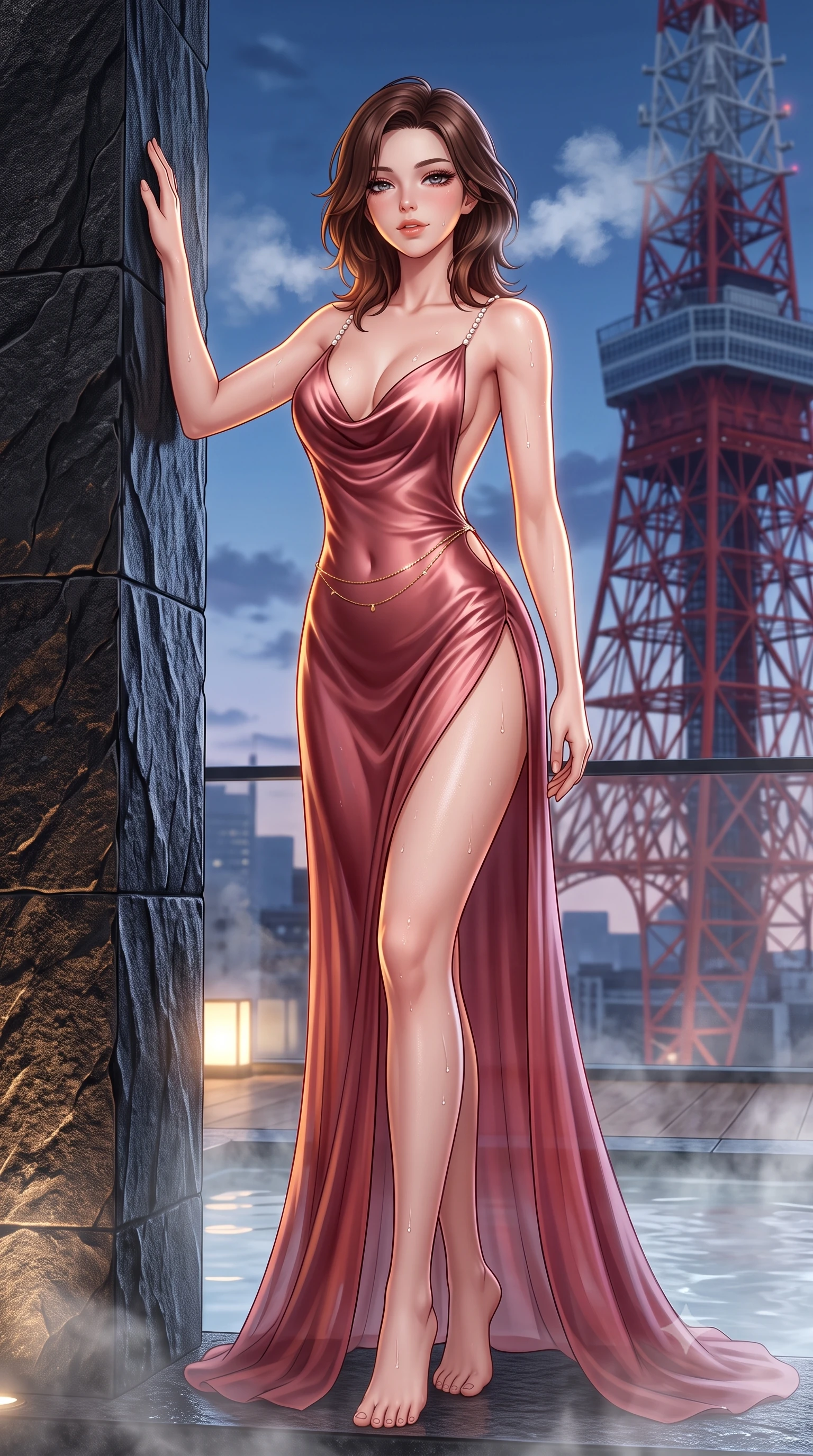 score_9, masterpiece, best quality, ultra-detailed, high-budget anime keyframe, semi-realistic 3D game render, editorial fashion photography, tasteful artistic composition, Korean woman. low angle full-body shot from head to toe showing her feet, filling the entire 9:16 vertical frame with her statuesque presence, stretching her vertical silhouette. standing tall beside the architectural column, one hand resting high while arching her lower back to emphasize her sculpted feminine hips and slender waist while lounging gracefully in the shallow thermal shelf propped on one elbow, her statuesque 8.5-heads silhouette radiating futuristic Tokyo glamour. The surrounding environment is rendered in vivid detail and crisp panoramic clarity: sharp flamed black basalt stone textures, glistening mineral water drops on smooth skin, and razor-sharp Tokyo Tower structural lattice in deep focus. She has an absolutely perfect, statuesque 8.5-heads proportion, an exceptionally tall and slender model-like female figure with impossibly long slender legs, an ultra-slim waist, a flat toned midriff, narrow delicate ribcage, and beautifully sculpted feminine hips creating a graceful, slim hourglass silhouette without any bulky heaviness. sharp v-shaped jawline, high-bridge nose, sparkling eyes with hypnotic seductive depth, thick curled eyelashes, glossy parted lips with a natural dewy peach sheen, alluring bedroom-eyes with an enchanting coquettish smile, exuding magnetic siren charisma and sophisticated glamour, flawlessly proportioned anatomical accuracy, strict slender model proportions, natural body alignment, perfectly sculpted long slender limbs, ultra-slim waistline, clean dynamic posture without body distortion. wearing a plunging cowl-neck liquid silk satin slip gown with daring hip-high slit and delicate pearl spaghetti straps in smoldering Chianti crimson wine and deep rose-gold, made of sheer gossamer chiffon that drapes softly against skin with airy translucence, accented with a dainty gold belly chain resting across her flat midriff and curving hips, the precision-cut side openings and low-back scoop framing her graceful spine and the sensual sweep of her slim, toned hips. illuminated by steam cloud light scatter and sharp electric-amber rim lights sculpting her jawline, flat midriff, and voluptuous hip curves. highly saturated vibrant anime colors, detailed shading with soft gradients, rich glossy textures, high-contrast stereoscopic depth, volumetric dynamic lighting, master piece, 9:16 ratio