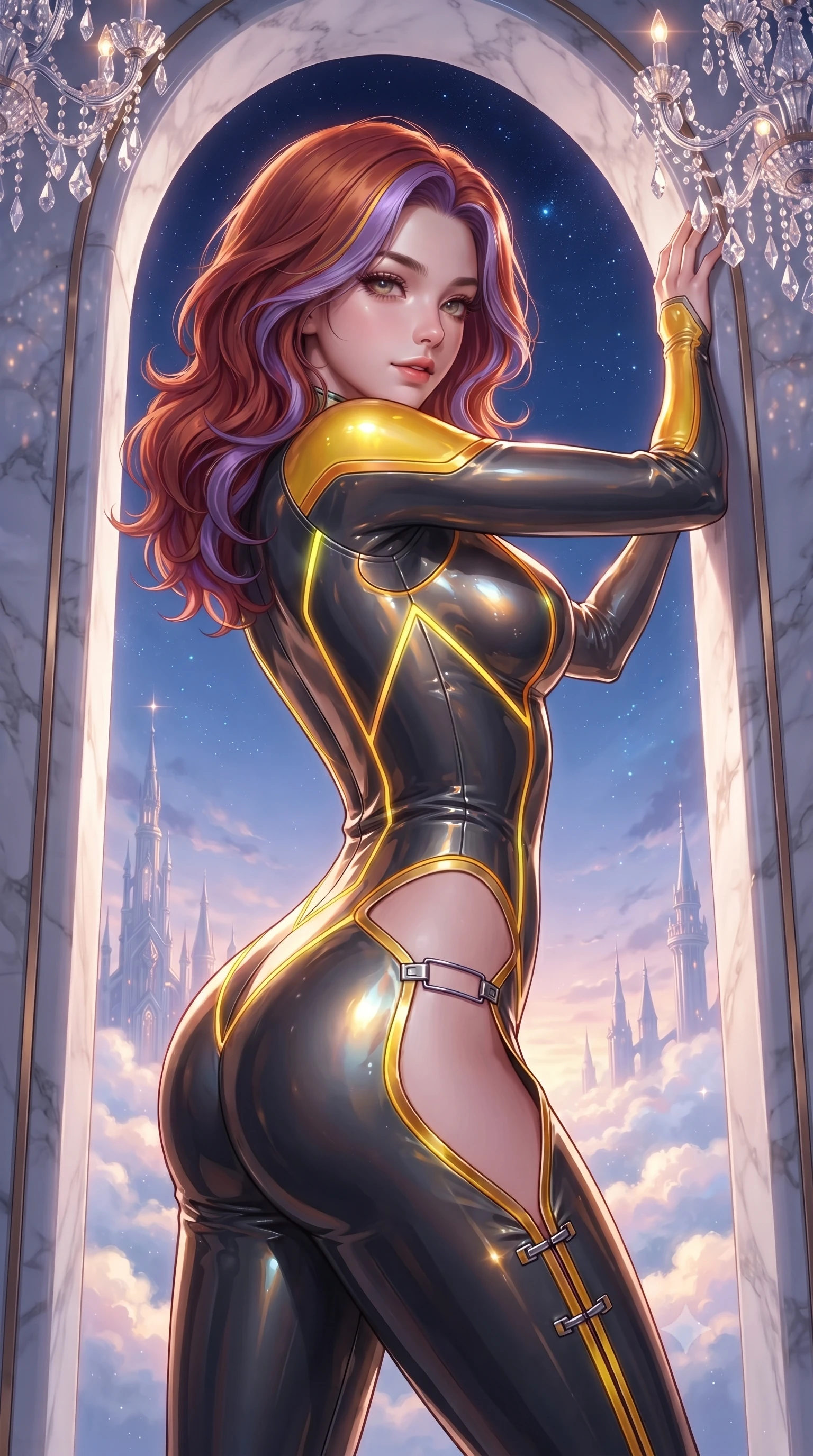 score_9, masterpiece, best quality, ultra-detailed, high-budget anime keyframe, editorial fashion photography, tasteful artistic composition, Caucasian woman. close-up cowboy shot from the waist and thighs up, the character dominates the composition, filling the frame with her large presence. stretching forward with an alluring arch of her spine, glancing over her shoulder with thick eyelashes and a smoldering half-smile while leaning seductively against a soaring marble arch with a regal, smoldering gaze overlooking the cloud horizon. The surrounding environment is rendered in vivid detail and crisp panoramic clarity. intricate crystal chandelier prisms, distant celestial palace spires, and twilight sky stars in high clarity. She has an exceptionally elegant, slender, and willowy female figure with an ultra-slim waist, a gracefully sculpted slender torso, toned flat midriff, and a refined slim silhouette. sharp v-shaped jawline, high-bridge nose, intricate jewel-like eyes with depth, thick eyelashes, glossy lips with a natural sheen, flawlessly proportioned anatomical accuracy, strict slender model proportions, natural body alignment, perfectly sculpted long slender limbs, ultra-slim waistline, clean dynamic posture without body distortion. wearing a skin-tight cybernetic bodysuit with glowing neon seams, deep hip cutouts, and an aerodynamic athletic fit in vibrant sunburst canary yellow and gold trim, formed from high-gloss patent material with specular light reflections, finished with an ultra-high side slit secured by miniature magnetic clasps, the sleek second-skin cut tightly hugging her graceful clavicle, narrow waist, and feminine curves with athletic precision. surrounded by an enchanting, romantic, and intensely glamorous celestial ballroom ambiance. ultra-reflective glossy finish, specular highlights, metallic sheen, high-contrast stereoscopic depth, volumetric dynamic lighting, 2k, ultra detail, master piece, 9:16 ratio