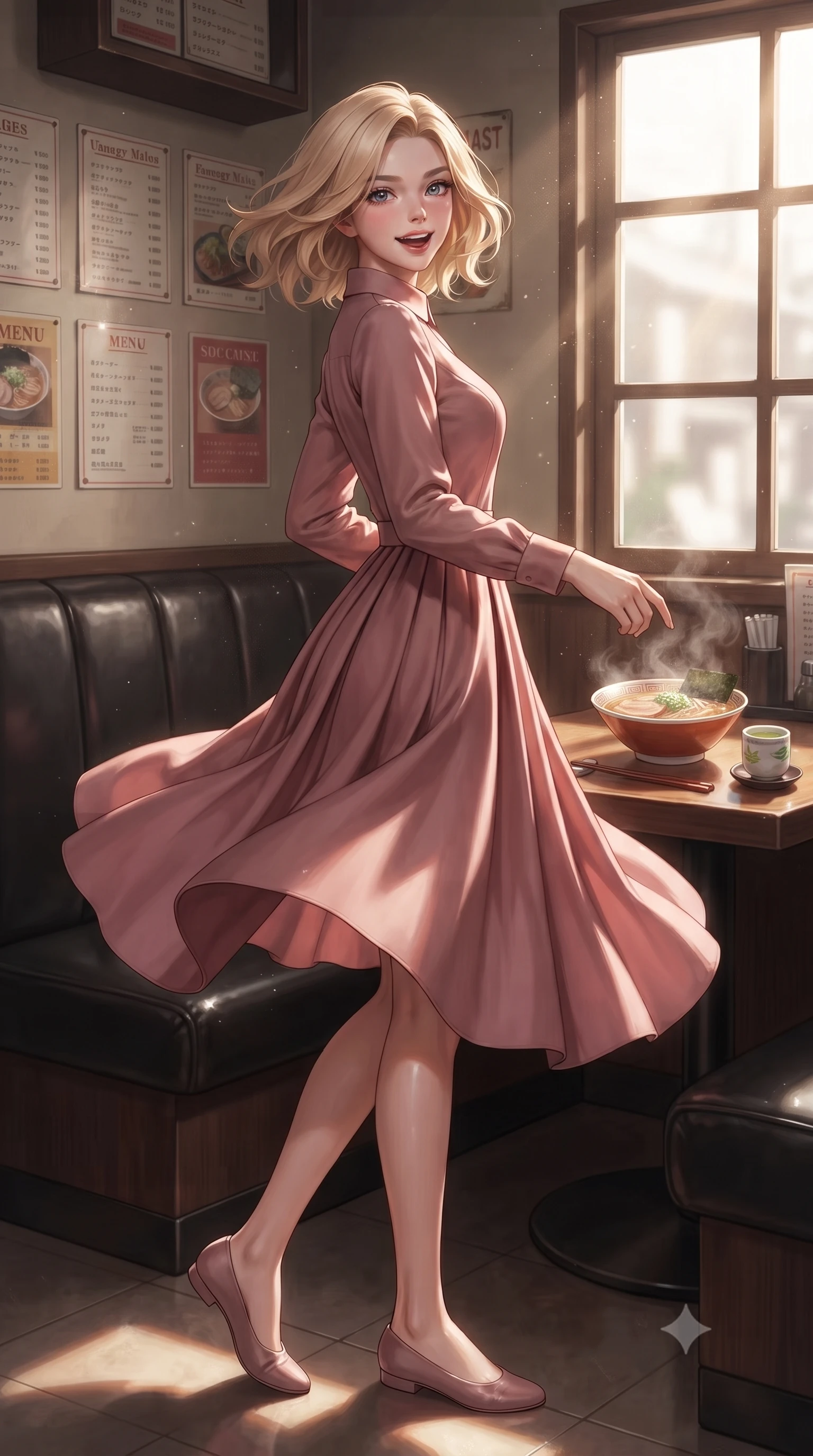 score_9, masterpiece, best quality, ultra-detailed, high-budget anime keyframe, editorial fashion photography, tasteful artistic composition, Caucasian woman. low angle full-body shot from head to toe showing her feet, filling the entire 9:16 vertical frame with her statuesque presence, stretching her vertical silhouette. twirling around with a playful, cute laugh, her skirt billowing beautifully in the air set against a soft-focus background of in a cozy traditional diner corner with leather booths and vintage menus with a steaming bowl of ramen and a small cup of hot green tea nearby. She has an absolutely perfect, statuesque 8.5-heads proportion, an exceptionally tall and slender model-like female figure with impossibly long slender legs and an ultra-slim waist. sharp v-shaped jawline, high-bridge nose, intricate jewel-like eyes with depth, thick eyelashes, glossy lips with a natural sheen. wearing tailored lovely long-sleeve midi dress in dusty rose, featuring a high collar and pleated skirt. bright afternoon sunlight streaming through the large window pane. ultra-reflective glossy finish, specular highlights, metallic sheen, high-contrast stereoscopic depth, volumetric dynamic lighting, 2k, ultra detail, master piece, 9:16 ratio