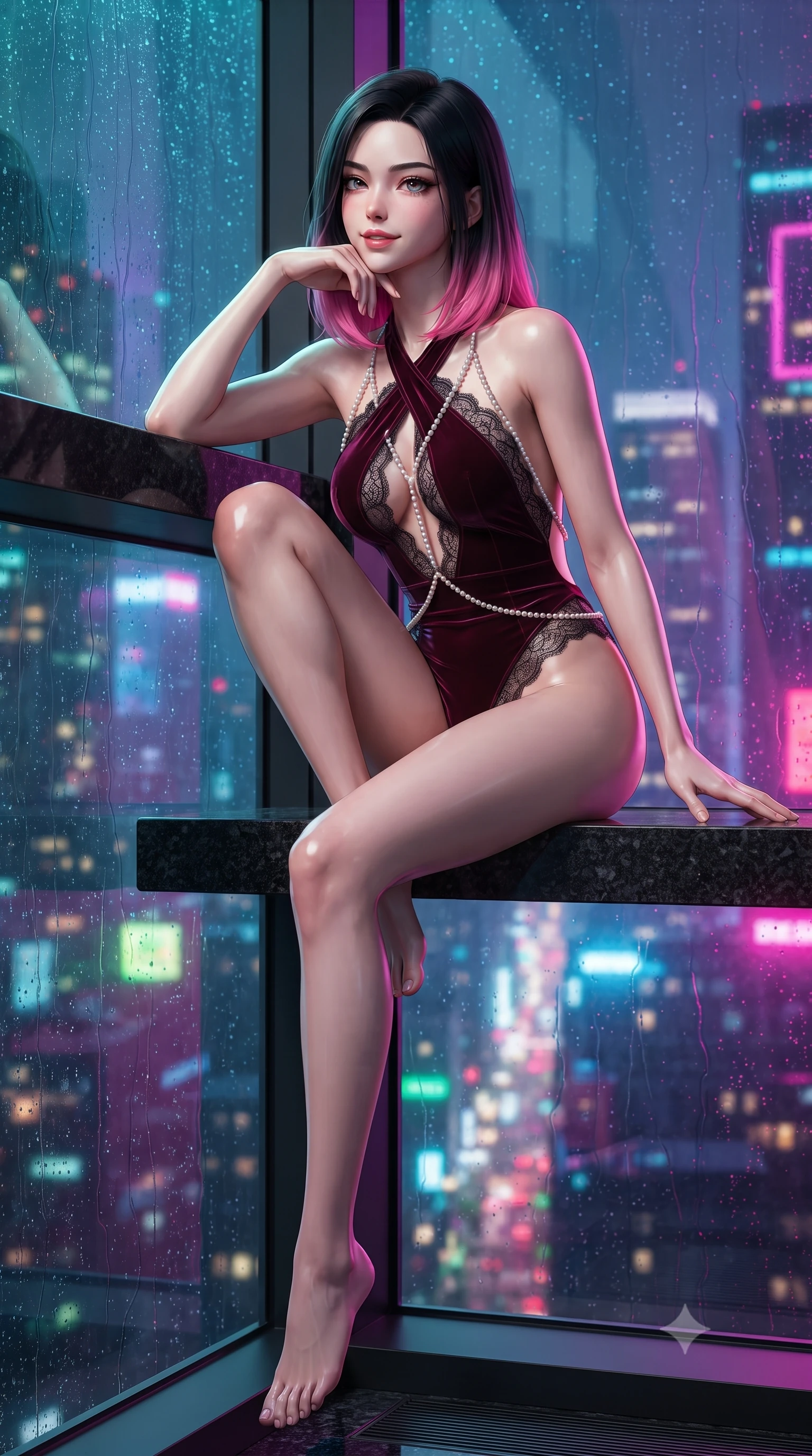 score_9, masterpiece, best quality, ultra-detailed, high-budget anime keyframe, editorial fashion photography, tasteful artistic composition, Korean woman. low angle full-body shot from head to toe showing her feet, filling the entire 9:16 vertical frame with her statuesque presence, stretching her vertical silhouette. standing tall beside the architectural column, one hand resting high while arching her lower back to emphasize her sculpted feminine hips and slender waist while sitting perched on the wide black granite sill with one knee drawn up, resting her chin on her hand with sovereign dangerous allure. The surrounding environment is rendered in vivid detail and crisp panoramic clarity: detailed liquid-tight latex dress cling, glossy parted lips with peach sheen, and futuristic penthouse styling in razor-sharp precision. She has an absolutely perfect, statuesque 8.5-heads proportion, an exceptionally tall and slender model-like female figure with impossibly long slender legs, an ultra-slim waist, a flat toned midriff, narrow delicate ribcage, and beautifully sculpted feminine hips creating a graceful, slim hourglass silhouette without any bulky heaviness. sharp v-shaped jawline, high-bridge nose, sparkling eyes with hypnotic seductive depth, thick curled eyelashes, glossy parted lips with a natural dewy peach sheen, alluring bedroom-eyes with an enchanting coquettish smile, exuding magnetic siren charisma and sophisticated glamour, flawlessly proportioned anatomical accuracy, strict slender model proportions, natural body alignment, perfectly sculpted long slender limbs, ultra-slim waistline, clean dynamic posture without body distortion. wearing a criss-cross halterneck keyhole bodysuit with open back and sculpted waist darts in deep bordeaux velvet and delicate black chantilly, tailored from fine structural neoprene with crisp architectural edges and smooth contouring, accented with a pearl-drop body harness subtly framing her dewy collarbones and spine, the precision-cut side openings and low-back scoop framing her graceful spine and the sensual sweep of her slim, toned hips. bathed in dynamic shifting multi-color neon light transmitted through rain-streaked exterior glass. ultra-reflective glossy finish, specular highlights, rich textural contrasts, high-contrast stereoscopic depth, volumetric dynamic lighting, 2k, ultra detail, master piece, 9:16 ratio