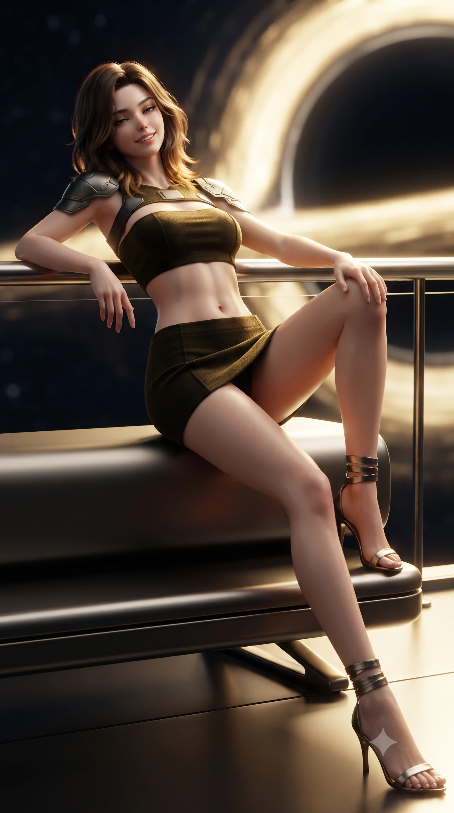 score_9, masterpiece, best quality, ultra-detailed, high-budget anime keyframe, editorial fashion photography, tasteful artistic composition, Korean woman. close-up cowboy shot from the waist and thighs up, the character dominates the composition, filling the frame with her large presence. leaning back against the balustrade with relaxed seductive grace, head tilted back slightly while casting a hypnotic, heavy-lidded gaze while lounging gracefully across the titanium observation daybed propped on one elbow with legs extended, displaying her long slender limbs and statuesque hourglass silhouette against the bent space matrix. The background shows a soft-focus gravitational distortion shimmer softened in quantum singularity chamber shallow focus. She has an exceptionally elegant, slender, and willowy female figure with an ultra-slim waist, flat toned midriff, narrow ribcage, and sculpted feminine hips creating an alluring, slim hourglass silhouette without bulk. sharp v-shaped jawline, high-bridge nose, intricate jewel-like sparkling eyes with depth, thick eyelashes, glossy parted lips with a natural peach sheen, bright cheerful beaming smile with an enchanting and coquettish sensual glint, exuding both youthful cute charm and seductive allure, flawlessly proportioned anatomical accuracy, strict slender model proportions, natural body alignment, perfectly sculpted long slender limbs, ultra-slim waistline, clean dynamic posture without body distortion. wearing an ultra-cropped tactical tech-wear bandeau top with molded shoulder armor paired with a micro mini skirt revealing her flat toned midriff in solar-wind gold and deep space void black, crafted from bespoke double-faced cashmere with an exceptionally soft tactile finish, complemented by strappy stiletto sandals with metallic ankle wraps accentuating her slender calves, the glove-like clinging cut tightly following the natural contour of her hips and long slender legs with youthful 8.5-heads elegance. bathed in the blinding golden synchrotron radiation of the singularity contrasted with deep obsidian shadow gradients. ultra-reflective glossy finish, specular highlights, rich textural contrasts, high-contrast stereoscopic depth, volumetric dynamic lighting, 2k, ultra detail, master piece, 9:16 ratio