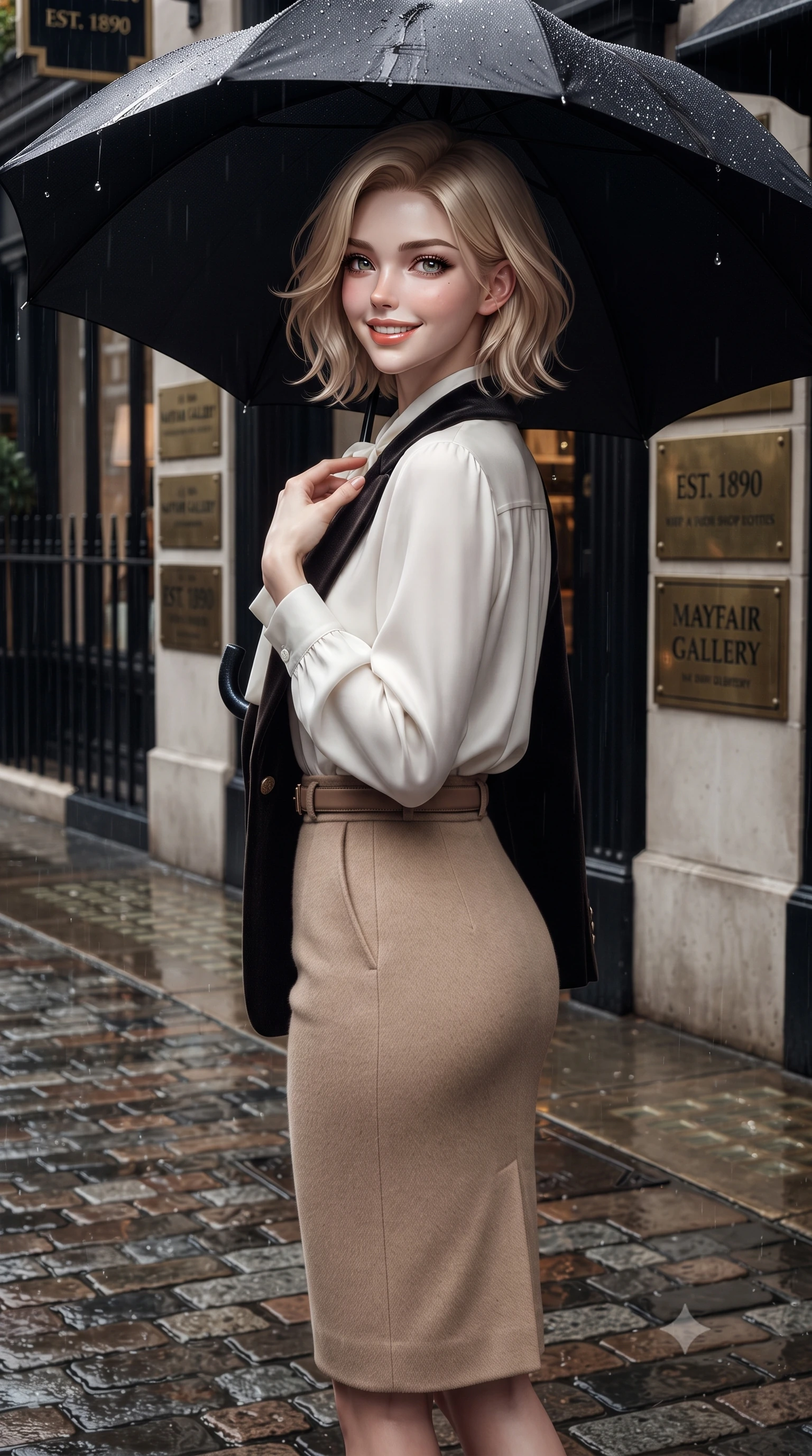 score_9, masterpiece, best quality, ultra-detailed, high-budget anime keyframe, editorial fashion photography, tasteful artistic composition, Caucasian woman. close-up cowboy shot from the waist and thighs up, the character dominates the composition, filling the frame with her large presence. resting one hand gracefully on her tailored blazer lapel while looking into the camera with bright, sparkling eyes while standing poised under a classic black umbrella on the wet Mayfair cobblestones, glancing over her shoulder with a radiant, charming smile. The surrounding environment is rendered in vivid detail and crisp panoramic clarity: sharp cobblestone pavement textures, fine water droplets beading on umbrella fabric, and brass shopfront plaques in deep focus. She has an exceptionally elegant, slender, and willowy female figure with an ultra-slim waist, flat toned midriff, narrow ribcage, and sculpted feminine hips creating an alluring, slim hourglass silhouette without bulk. sharp v-shaped jawline, high-bridge nose, intricate jewel-like sparkling eyes with depth, thick eyelashes, glossy parted lips with a natural peach sheen, bright cheerful beaming smile with an enchanting and coquettish sensual glint, exuding both youthful cute charm and seductive allure, flawlessly proportioned anatomical accuracy, strict slender model proportions, natural body alignment, perfectly sculpted long slender limbs, ultra-slim waistline, clean dynamic posture without body distortion. wearing a fluid silk crepe pussy-bow blouse paired with a high-waisted tailored pencil midi skirt and slim leather belt in Swiss alpine snow white and oat cashmere, crafted from rich cotton velvet with deep light-absorbing pile and soft gradients, featuring delicate tonal horn buttons and meticulous hand-stitched pick-lapel borders, the streamlined silhouette following her natural slender proportions with sophisticated poise, enhancing her tall willowy presence. illuminated by wet pavement specular reflections and crisp silver-amber rim lights accentuating her tall slender frame and cheekbones. ultra-reflective glossy finish, specular highlights, rich textural contrasts, high-contrast stereoscopic depth, volumetric dynamic lighting, 2k, ultra detail, master piece, 9:16 ratio