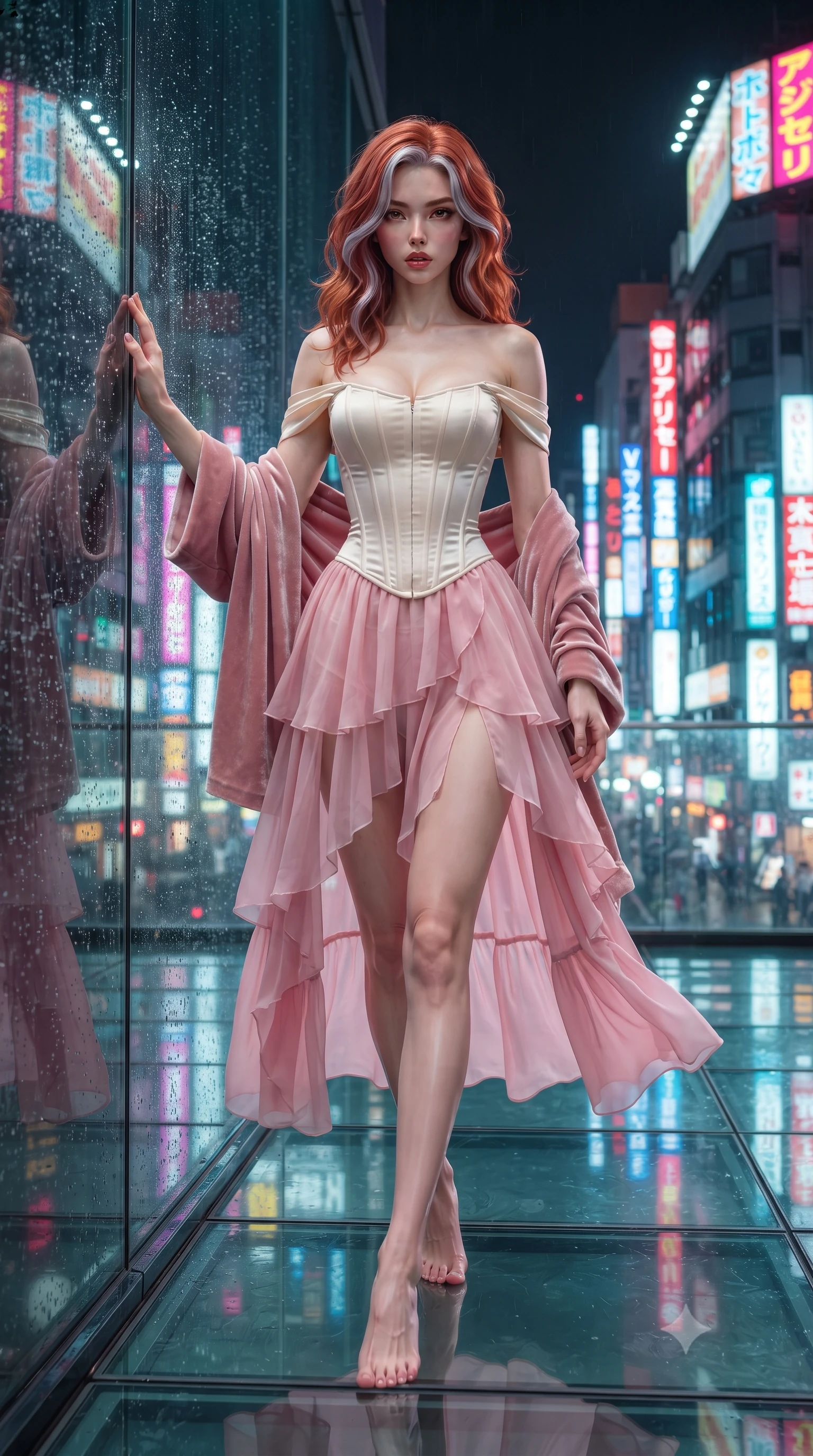 score_9, masterpiece, best quality, ultra-detailed, high-budget anime keyframe, editorial fashion photography, tasteful artistic composition, Caucasian woman. low angle full-body shot from head to toe showing her feet, filling the entire 9:16 vertical frame with her statuesque presence, stretching her vertical silhouette. striding forward in a proud supermodel runway stride, hips swaying in an alluring kinetic rhythm that accentuates her curvy hourglass silhouette while twisting her slender torso in an alluring contrapposto stance, one hand pressed against the glass as city neon washes over her curves with bedroom-eyes. The surrounding environment is rendered in vivid detail and crisp panoramic clarity. detailed fabric sheen, neon reflection clarity, and endless Tokyo metropolis panorama in high resolution. She has an exceptionally tall and slender model-like 8.5-heads proportion, an ultra-slim waist, a flat toned midriff, narrow delicate ribcage, and beautifully sculpted feminine hips creating a graceful, slim hourglass silhouette without any bulky heaviness, with impossibly long slender legs. sharp v-shaped jawline, high-bridge nose, intricate jewel-like eyes with depth, thick eyelashes, glossy parted lips with a natural sheen, intensely captivating and seductive bedroom-eyes expression, flawlessly proportioned anatomical accuracy, strict slender model proportions, natural body alignment, perfectly sculpted long slender limbs, ultra-slim waistline, clean dynamic posture without body distortion. wearing an off-shoulder French court corset bodice dress paired with a tiered translucent chiffon slit skirt in sakura blossom pink and warm ivory, tailored from liquid silk jersey adhering flawlessly to her slender build, complemented by a plush velvet shawl draped loosely over her elbows, the glove-like aerodynamic silhouette tightly following the natural contour of her hips and long slender legs with statuesque 8.5-heads elegance. illuminated by wet specular glass bounce lights sculpting her razor-sharp jawline, narrow waist, and curvy hips. ultra-reflective glossy finish, specular highlights, rich textural contrasts, high-contrast stereoscopic depth, volumetric dynamic lighting, 2k, ultra detail, master piece, 9:16 ratio