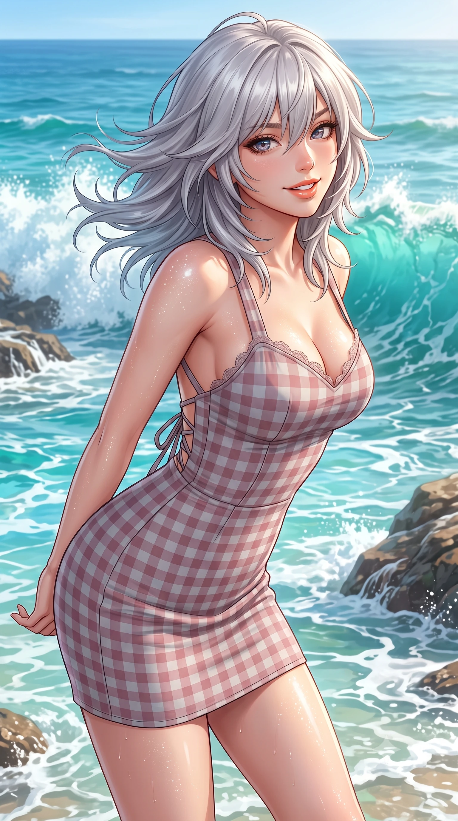 score_9, masterpiece, best quality, ultra-detailed, high-budget anime keyframe, semi-realistic 3D game render, editorial fashion photography, tasteful artistic composition, Japanese woman. close-up cowboy shot from the waist and thighs up, the character dominates the composition, filling the frame with her large presence. resting both hands lightly behind her back while leaning toward the lens with a cheerful, teasing grin, her form-fitting outfit hugging her narrow waist and feminine hip curve while turning in an alluring dancer S-curve as ocean trade winds whip her hair, gazing toward crashing turquoise waves with parted glossy lips. The surrounding environment is rendered in vivid detail and crisp panoramic clarity. detailed sporty chic outfit weave, glistening sun spray on skin, and ocean horizon clarity in high resolution. She has an exceptionally elegant, slender, and willowy female figure with an ultra-slim waist, flat toned midriff, narrow ribcage, and sculpted feminine hips creating an alluring, slim hourglass silhouette without bulk. sharp v-shaped jawline, high-bridge nose, intricate jewel-like sparkling eyes with depth, thick eyelashes, glossy parted lips with a natural peach sheen, bright cheerful beaming smile with an enchanting and coquettish sensual glint, exuding both youthful cute charm and seductive allure, flawlessly proportioned anatomical accuracy, strict slender model proportions, natural body alignment, perfectly sculpted long slender limbs, ultra-slim waistline, clean dynamic posture without body distortion. wearing a backless lace-up gingham sundress with a form-fitting bodice and hip-defining silhouette in dusty rose and soft dove grey, tailored from crisp cotton poplin with clean structural lines, finished with delicate lace scallop edging along the neckline, the high-waisted tailoring accentuating her ultra-slim waistline and the enchanting curve of her feminine hips with alluring charm. bathed in brilliant tropical afternoon golden sunlight and radiant turquoise water bounce fill. highly saturated vibrant anime colors, detailed shading with soft gradients, rich glossy textures, high-contrast stereoscopic depth, volumetric dynamic lighting, master piece, 9:16 ratio