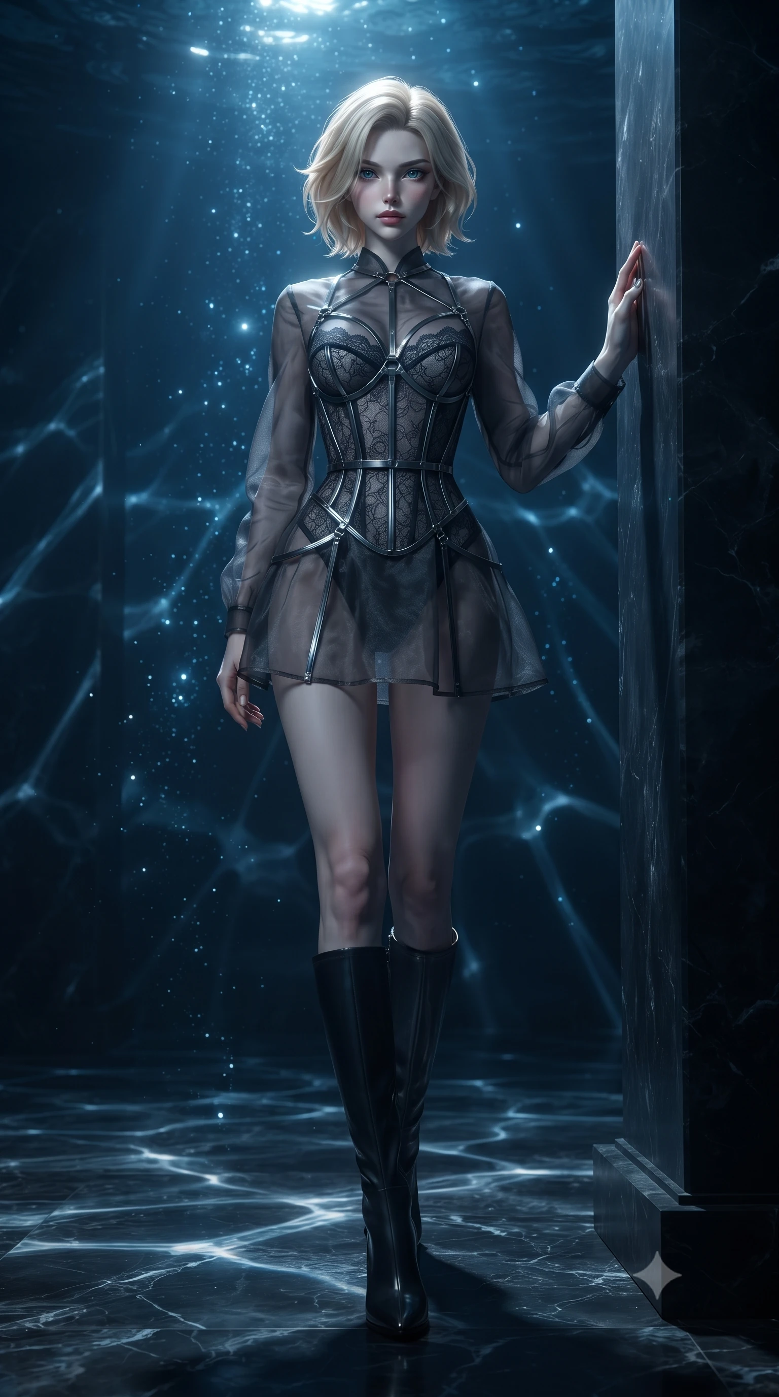 score_9, masterpiece, best quality, ultra-detailed, high-budget anime keyframe, editorial fashion photography, tasteful artistic composition, Caucasian woman. low angle full-body shot from head to toe showing her feet, filling the entire 9:16 vertical frame with her statuesque presence, stretching her vertical silhouette. navigating the midnight sanctuary with an effortless, graceful stride, resting against a dark basalt pillar as deep blue underwater sparks drift by, caustic underwater light ripples dancing dynamically on dark marble. She has an absolutely perfect, statuesque 8.5-heads proportion, an exceptionally tall and slender model-like female figure with impossibly long slender legs and an ultra-slim waist. sharp v-shaped jawline, high-bridge nose, intricate jewel-like eyes with depth, thick eyelashes, glossy lips with a natural sheen. wearing translucent dark organza mini dress over structured black lace corset in dark charcoal gray, made of sheer dark organza overlay, highlighted by a gunmetal metallic harness structure, contouring every curve with an exceptionally elegant silhouette. lit by intense deep-sea key light piercing through midnight ocean depths. ultra-reflective glossy finish, specular highlights, metallic sheen, high-contrast stereoscopic depth, volumetric dynamic lighting, 2k, ultra detail, master piece, 9:16 ratio