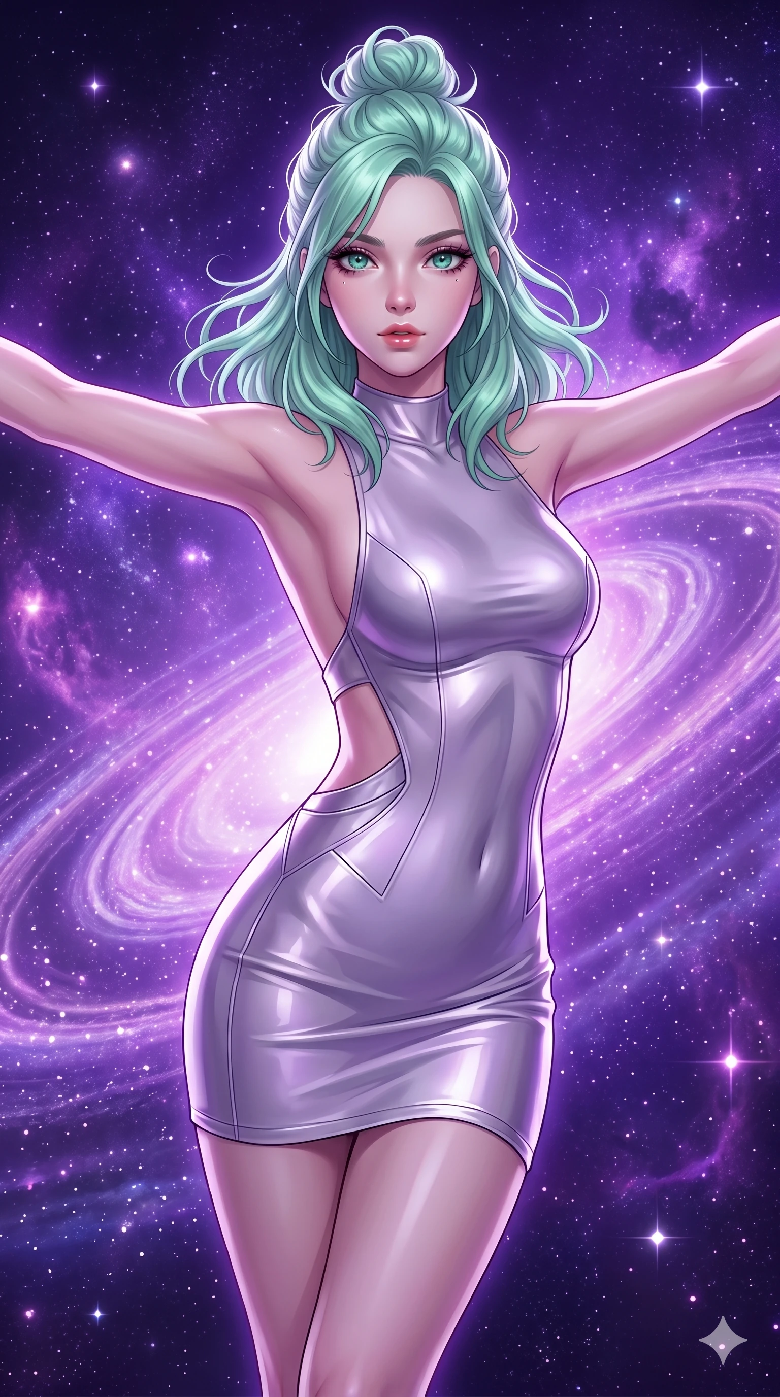 score_9, masterpiece, best quality, ultra-detailed, high-budget anime keyframe, Japanese woman. Upper body close-up from the thighs up, character filling the screen for maximum presence. She is floating weightlessly inside a brilliant violet galaxy, surrounded by swirling cosmic dust rings. She spreads her arms in a graceful flying pose, looking toward the camera. She has an absolutely perfect 8-heads proportion, an exceptionally tall and slender female figure with impossibly long slender legs and an ultra-slim waist. V-shaped jawline, high-bridge nose, intricate jewel-like eyes with depth, thick eyelashes, glossy lips with a natural sheen. She is wearing a second-skin fashion-latex mini dress with a clean architectural front, featuring an open-back design that wraps around the sides of her waist, showcasing her slender silhouette. The scene is bathed in brilliant purple starlight and a sharp white front key light highlighting her details. 2k, ultra detail, master piece, 9:16 ratio
