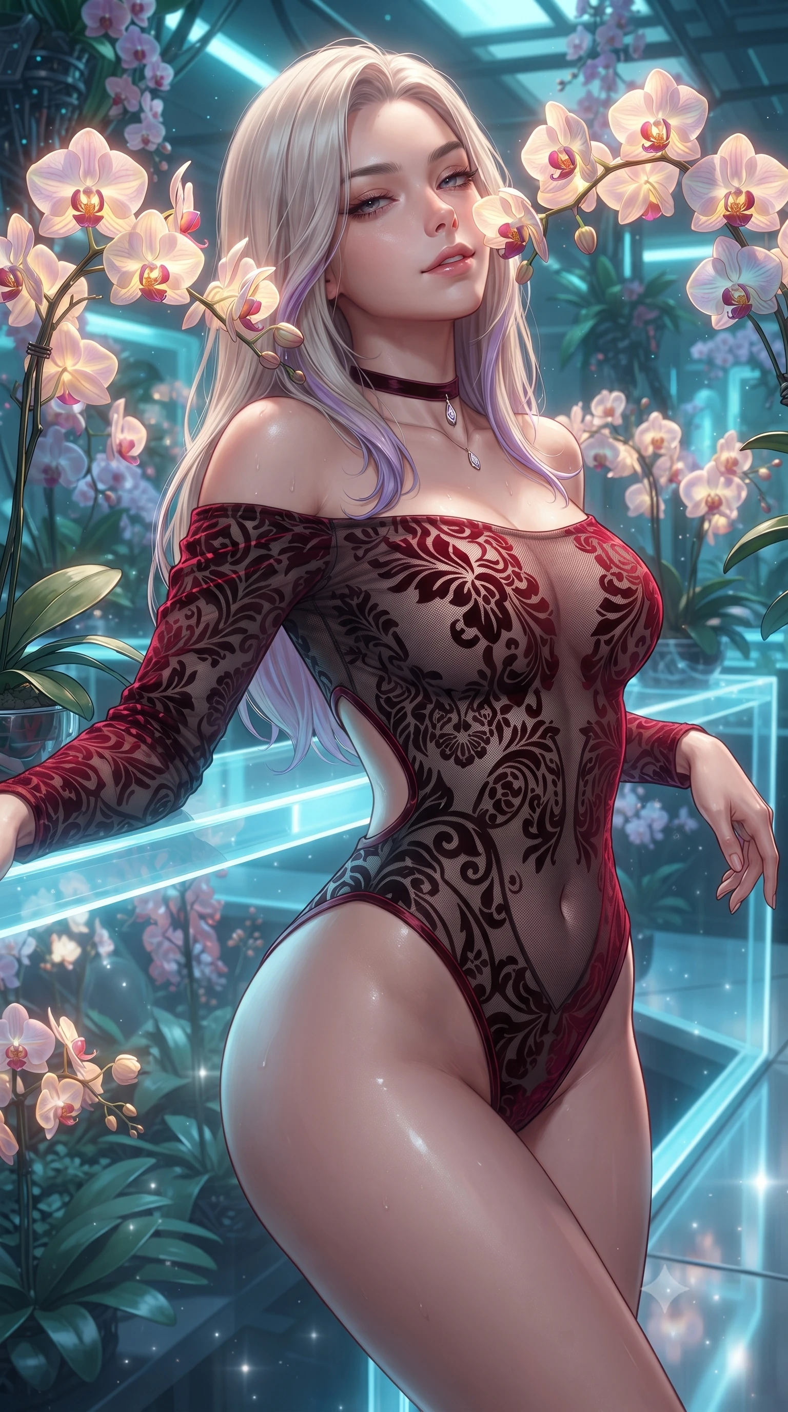 score_9, masterpiece, best quality, ultra-detailed, high-budget anime keyframe, editorial fashion photography, tasteful artistic composition, Caucasian woman. close-up cowboy shot from the waist and thighs up, the character dominates the composition, filling the frame with her large presence. leaning back against the balustrade with relaxed seductive grace, head tilted back slightly while casting a hypnotic, heavy-lidded gaze while leaning against the illuminated acrylic balustrade with hips cocked back, looking through glowing genetically-engineered orchids with a smoldering smile. The surrounding environment is rendered in vivid detail and crisp panoramic clarity: detailed sheer illusion mesh catsuit texture, dewy skin highlights, and bio-tech greenhouse engineering in high resolution. She has an exceptionally elegant, slender, and willowy female figure with an ultra-slim waist, flat toned midriff, narrow ribcage, and sculpted feminine hips creating an alluring, slim hourglass silhouette without bulk. sharp v-shaped jawline, high-bridge nose, sparkling eyes with hypnotic seductive depth, thick curled eyelashes, glossy parted lips with a natural dewy peach sheen, alluring bedroom-eyes with an enchanting coquettish smile, exuding magnetic siren charisma and sophisticated glamour, flawlessly proportioned anatomical accuracy, strict slender model proportions, natural body alignment, perfectly sculpted long slender limbs, ultra-slim waistline, clean dynamic posture without body distortion. wearing an off-the-shoulder sheer-illusion mesh bodysuit with strategic velvet flocking and high-cut leg openings in rich cherry lacquer and smoky charcoal, tailored from ultra-plush velvet with rich tactile depth and deep shadow gradients, finished with a thin velvet ribbon choker and a single teardrop diamond pendant, the precision-cut side openings and low-back scoop framing her graceful spine and the sensual sweep of her slim, toned hips. illuminated by acrylic catwalk reflection fill and sharp electric-cyan rim lights defining her delicate clavicles, ultra-slim waist, and curvy hips. ultra-reflective glossy finish, specular highlights, rich textural contrasts, high-contrast stereoscopic depth, volumetric dynamic lighting, 2k, ultra detail, master piece, 9:16 ratio