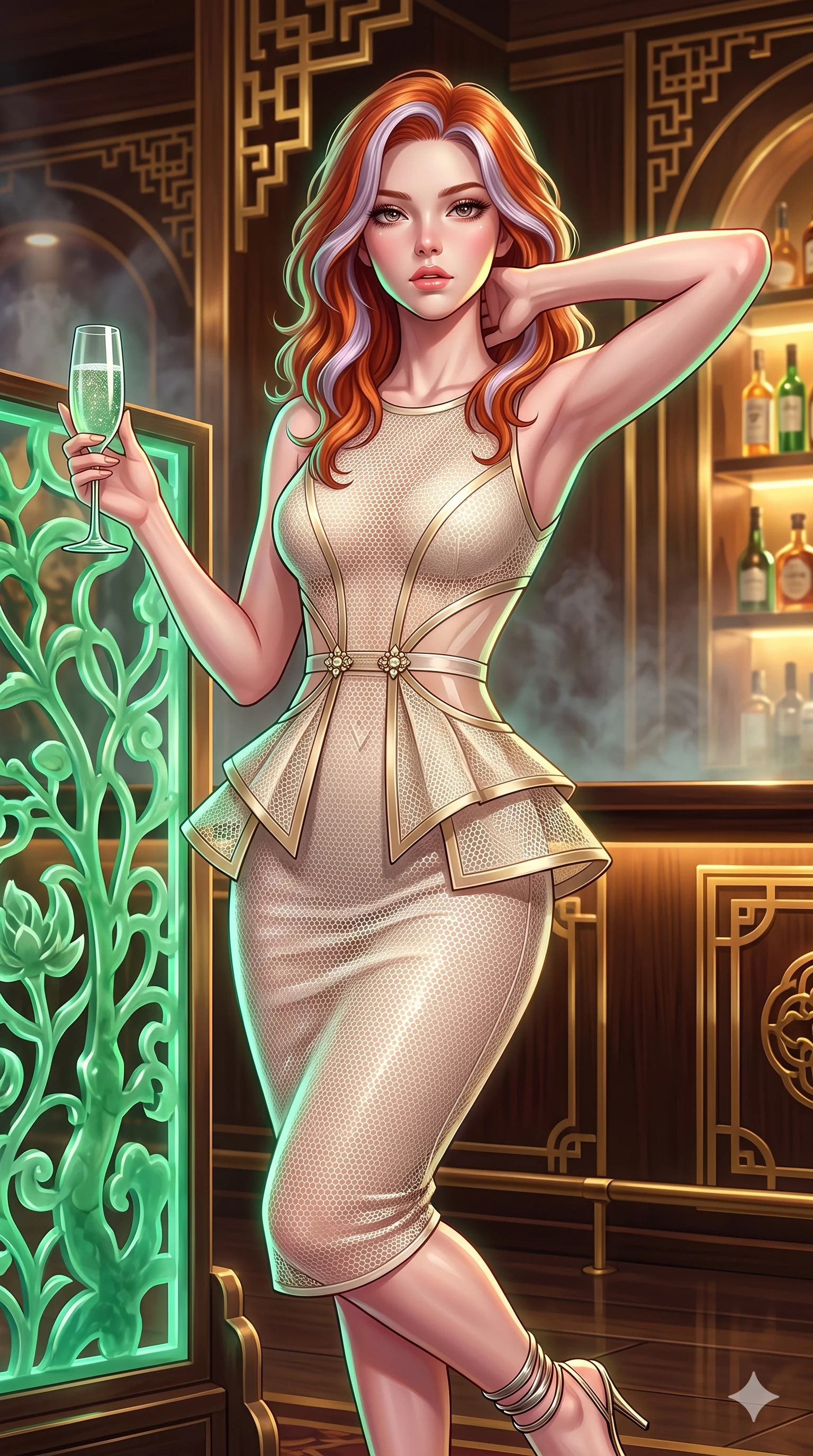 score_9, masterpiece, best quality, ultra-detailed, high-budget anime keyframe, semi-realistic 3D game render, editorial fashion photography, tasteful artistic composition, Caucasian woman. close-up cowboy shot from the waist and thighs up, the character dominates the composition, filling the frame with her large presence. resting both hands lightly behind her neck with elbows raised, arching her spine to highlight her narrow waist, flat midriff, and breathtaking collarbones while standing poised beside the sculptural jade screen, arching her lower back with sovereign supermodel poise while holding a jade-stemmed glass. The surrounding environment is rendered in vivid detail and crisp panoramic clarity: intricate second-skin silk dress tailoring, jeweled clasp hardware, and luxury Oriental modern interior design in razor-sharp precision. She has an exceptionally elegant, slender, and willowy female figure with an ultra-slim waist, flat toned midriff, narrow ribcage, and sculpted feminine hips creating an alluring, slim hourglass silhouette without bulk. sharp v-shaped jawline, high-bridge nose, intricate jewel-like sparkling eyes with depth, thick eyelashes, glossy parted lips with a natural sheen, intensely captivating and seductive bedroom-eyes expression, exuding both youthful cute charm and sovereign luxury allure, flawlessly proportioned anatomical accuracy, strict slender model proportions, natural body alignment, perfectly sculpted long slender limbs, ultra-slim waistline, clean dynamic posture without body distortion. wearing a structural geometric peplum gown with sheer side-ribbon cutouts and form-fitting skirt in Istrian stone cream and antique gold-leaf, made of delicate semi-sheer nanotech mesh with microscopic hexagonal weaves, complemented by strappy stiletto sandals with metallic ankle wraps accentuating her slender calves, the liquid-tight tailored fabric clinging flawlessly to her narrow waist and rounded feminine hips, emphasizing every millimeter of her sculpted slim hourglass curves without any bulky heaviness. illuminated by bar surface bounce and sharp emerald-gold rim lights sculpting her razor-sharp jawline, narrow waist, and curvy hips. highly saturated vibrant anime colors, detailed shading with soft gradients, rich glossy textures, high-contrast stereoscopic depth, volumetric dynamic lighting, master piece, 9:16 ratio