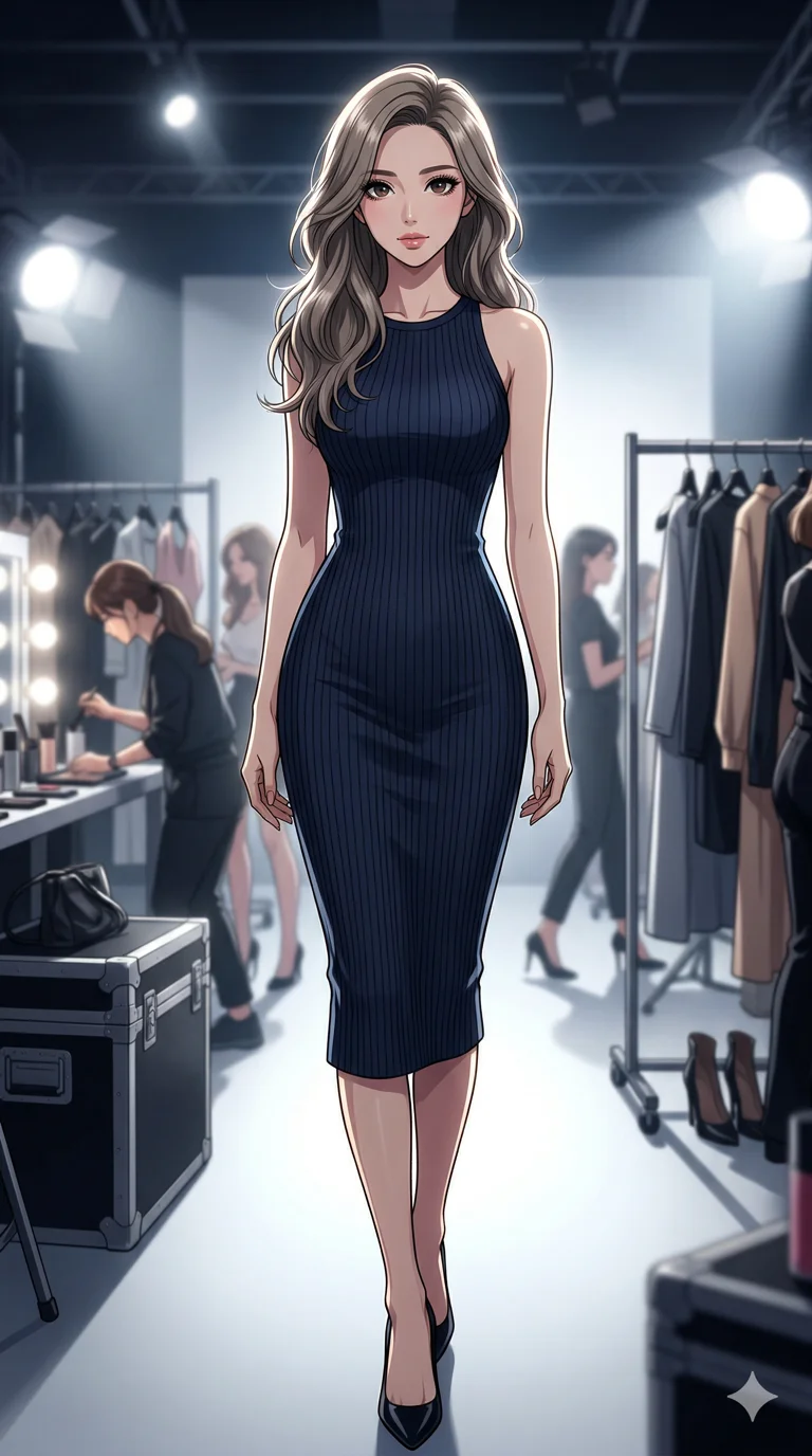score_9, masterpiece, best quality, ultra-detailed, semi-realistic high-budget anime keyframe, an incredibly beautiful Japanese woman. Low angle cowboy shot filling the frame. She has an absolutely perfect 8-heads proportion, an exceptionally tall female figure with a slim-fit toned body. Her face is a highly detailed masterpiece featuring a v-shaped jawline, high-bridge nose, intricate jewel-like eyes, thick eyelashes, and glossy lips. She has ash brown flowing hair. She is wearing a incredibly tight bodycon midi dress that perfectly hugs her curves, highlighting her alluring silhouette. High-end fashion runway backstage, bright spotlighting, dramatic rim lighting, cinematic shadows, 2k, ultra detail, master piece, 9:16 ratio