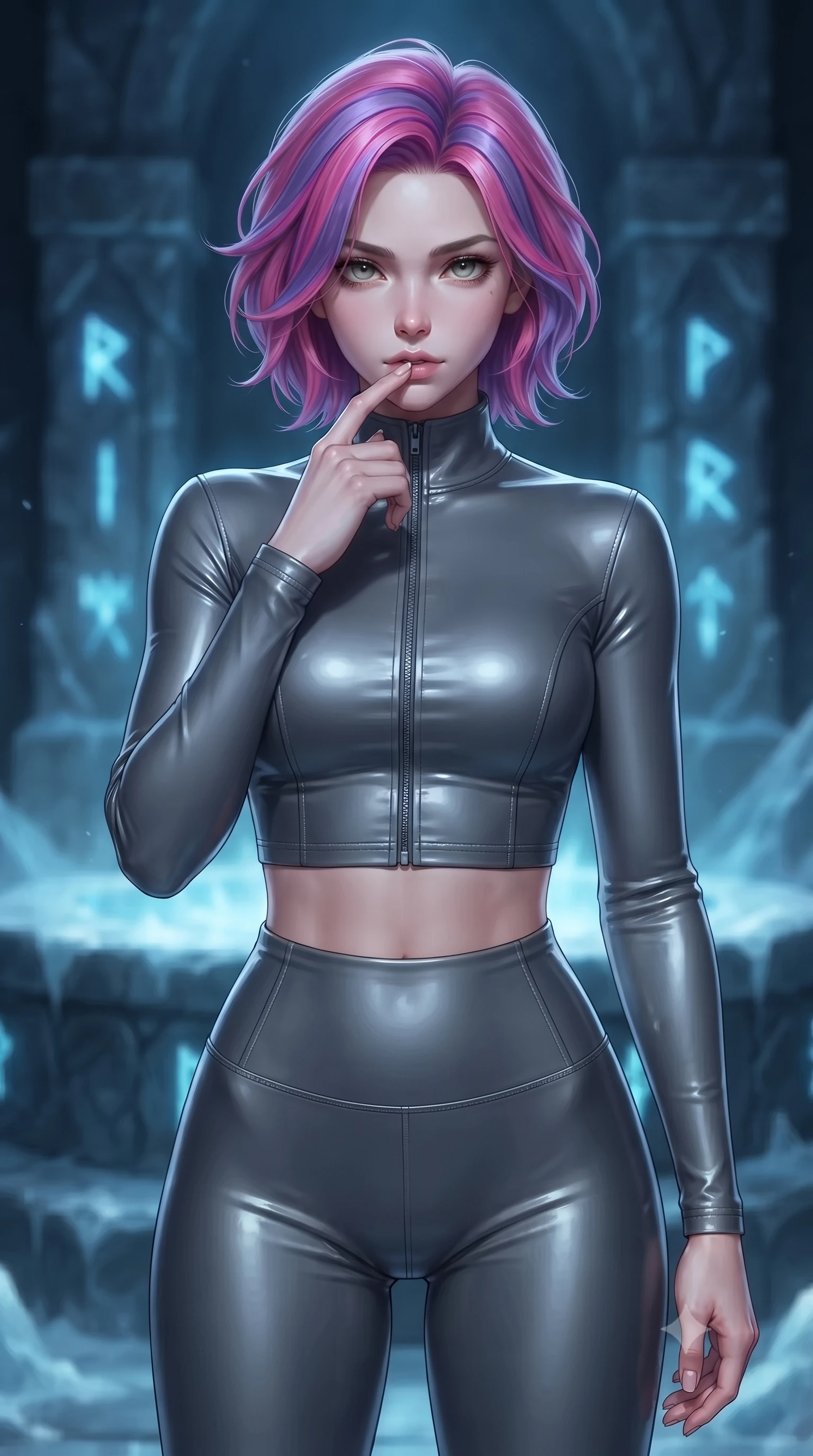 score_9, masterpiece, best quality, ultra-detailed, high-budget anime keyframe, editorial fashion photography, tasteful artistic composition, Caucasian woman. close-up cowboy shot from the waist and thighs up, the character dominates the composition, filling the frame with her large presence, background elements kept in soft focus. pressing one finger to her bottom lip in a thoughtful, composed gesture, locking eyes with the viewer, the background shows a soft-focus an ice temple altar made of dark stone and glowing blue runes. She has an exceptionally elegant, slender, and willowy female figure with an ultra-slim waist, a gracefully sculpted slender torso, and a refined silhouette. sharp v-shaped jawline, high-bridge nose, intricate jewel-like eyes with depth, thick eyelashes, glossy lips with a natural sheen. wearing a tailored body-hugging high-neck activewear set of a zipped long-sleeve crop top and matching leggings in carbon-grey. soft blue light radiating from carved runes casting an eerie uplight. ultra-reflective glossy finish, specular highlights, metallic sheen, high-contrast stereoscopic depth, volumetric dynamic lighting, 2k, ultra detail, master piece, 9:16 ratio