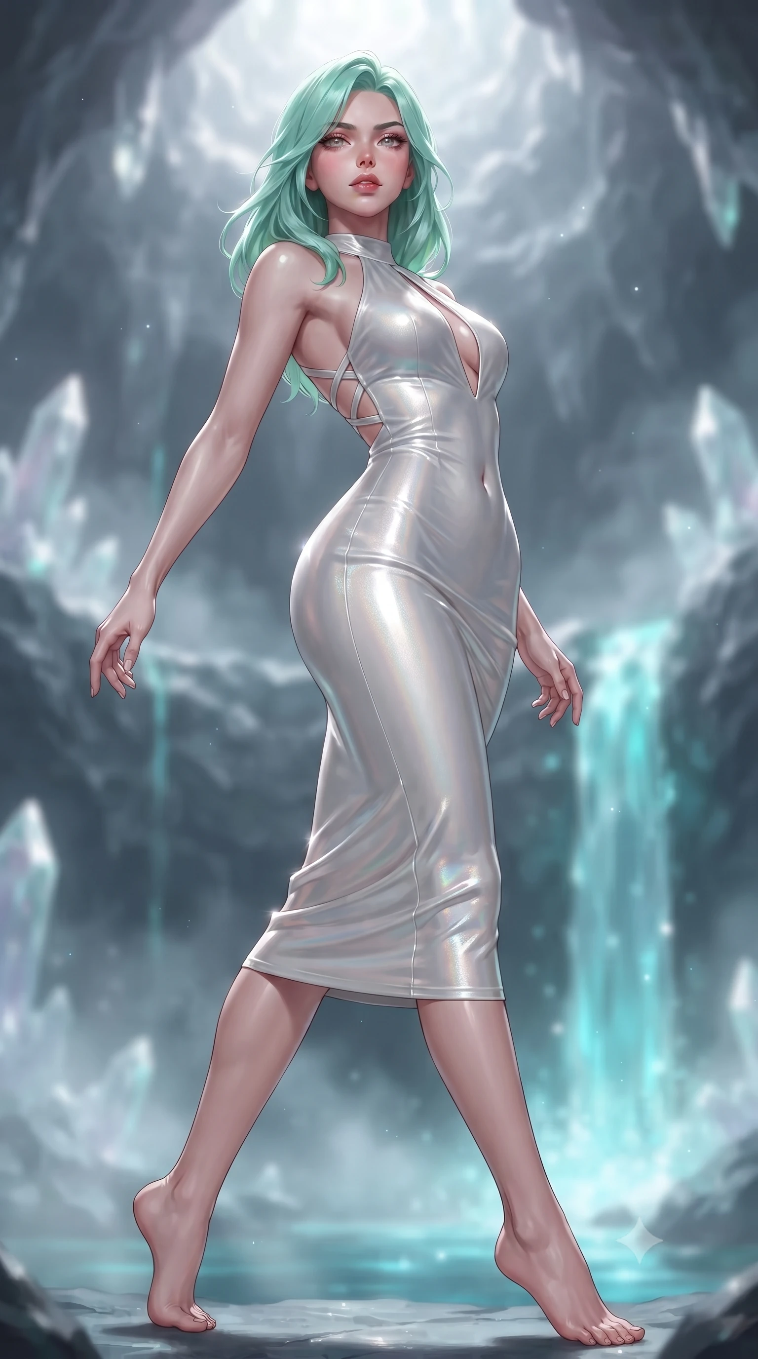 score_9, masterpiece, best quality, ultra-detailed, high-budget anime keyframe, editorial fashion photography, tasteful artistic composition, Japanese woman. low angle full-body shot from head to toe showing her feet, filling the entire 9:16 vertical frame with her statuesque presence, stretching her vertical silhouette. pivoting dynamically in mid-motion with a breathtakingly alluring posture, displaying her flawless model proportions and ultra-slim waist while arching her spine in a fluid motion as silver moonlight penetrates the mist of a sacred cavern waterfall. The composition keeps background elements in soft focus with creamy bokeh. rising water mist and crystalline grotto formations softened by luminous shallow depth of field. She has an absolutely perfect, statuesque 8.5-heads proportion, an exceptionally tall and slender model-like female figure with impossibly long slender legs, a toned flat midriff, and an ultra-slim waist. sharp v-shaped jawline, high-bridge nose, intricate jewel-like eyes with depth, thick eyelashes, glossy lips with a natural sheen, flawlessly proportioned anatomical accuracy, strict slender model proportions, natural body alignment, perfectly sculpted long slender limbs, ultra-slim waistline, clean dynamic posture without body distortion. wearing a velvet halter-neck midi dress fitting her statuesque contour flawlessly with a Tasteful chest slit and open spine in glistening liquid pearl white with rainbow opalescence, crafted from ultra-reflective second-skin latex with a high-gloss glass-like polish, complemented by criss-cross back straps highlighting her completely bare spine, the form-contouring material adhering flawlessly to her sculpted flat midriff and slender torso, emphasizing her long leg lines and perfectly proportioned willowy build. bathed in brilliant silver moonlight backlighting and glowing cyan water refractions. ultra-reflective glossy finish, specular highlights, metallic sheen, high-contrast stereoscopic depth, volumetric dynamic lighting, 2k, ultra detail, master piece, 9:16 ratio