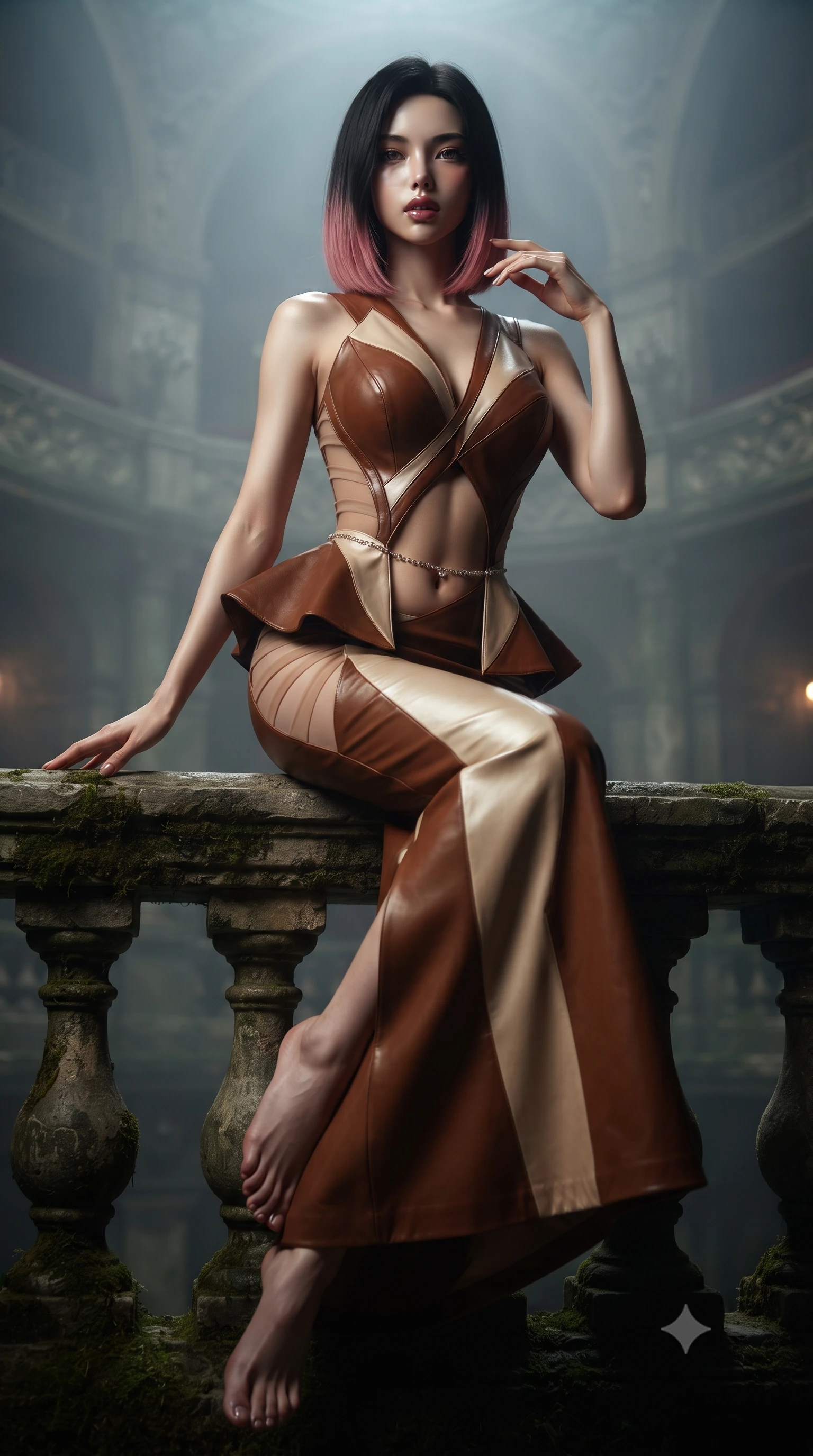 score_9, masterpiece, best quality, ultra-detailed, high-budget anime keyframe, editorial fashion photography, tasteful artistic composition, Korean woman. low angle full-body shot from head to toe showing her feet, filling the entire 9:16 vertical frame with her statuesque presence, stretching her vertical silhouette. sitting perched on the elevated edge with hips angled toward the camera and legs crossed, displaying her toned midriff and flawlessly sculpted slender limbs while resting one hand on the cold stone balustrade above the mist-veiled subterranean pool, lower back arched to emphasize her sculpted feminine hips. The surrounding environment is rendered in vivid detail and crisp panoramic clarity. intense theatrical chiaroscuro and decadent gothic romance aesthetics rendered with precision. She has an exceptionally tall and slender model-like 8.5-heads proportion, an ultra-slim waist, a flat toned midriff, narrow delicate ribcage, and beautifully sculpted feminine hips creating a graceful, slim hourglass silhouette without any bulky heaviness, with impossibly long slender legs. sharp v-shaped jawline, high-bridge nose, intricate jewel-like eyes with depth, thick eyelashes, glossy parted lips with a natural sheen, intensely captivating and seductive bedroom-eyes expression, flawlessly proportioned anatomical accuracy, strict slender model proportions, natural body alignment, perfectly sculpted long slender limbs, ultra-slim waistline, clean dynamic posture without body distortion. wearing a structural geometric peplum gown with sheer side-ribbon cutouts and form-fitting skirt in rich equestrian cognac brown and crisp champagne cream, formed from supple second-skin lambskin leather with specular sheen, accented with a dainty diamond waist chain catching the ambient light reflections, the form-contouring material adhering flawlessly to her sculpted flat midriff and slender torso, emphasizing her long leg lines and perfectly proportioned willowy build. surrounded by an immortal, seductive, and dangerously mesmerizing underground opera queen aura. ultra-reflective glossy finish, specular highlights, rich textural contrasts, high-contrast stereoscopic depth, volumetric dynamic lighting, 2k, ultra detail, master piece, 9:16 ratio