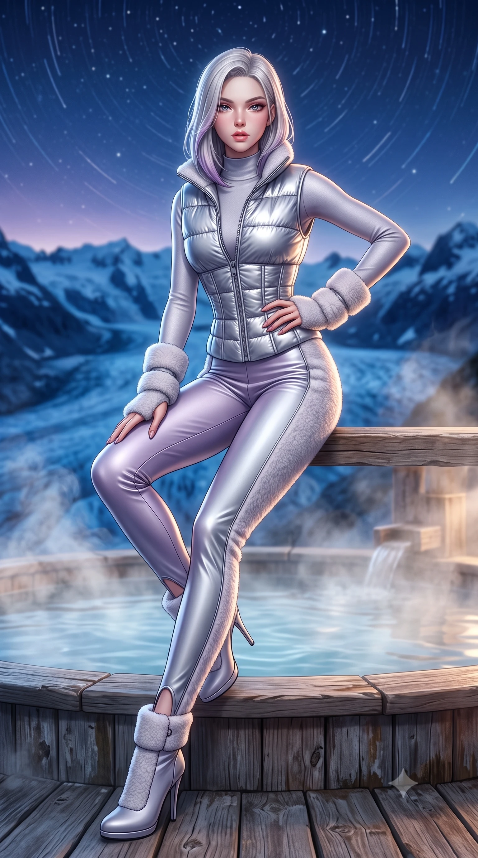 score_9, masterpiece, best quality, ultra-detailed, high-budget anime keyframe, semi-realistic 3D game render, editorial fashion photography, tasteful artistic composition, Caucasian woman. low angle full-body shot from head to toe showing her feet, filling the entire 9:16 vertical frame with her statuesque presence, stretching her vertical silhouette. pivoting dynamically with supreme athletic balance, her impossibly long slender legs and ultra-slim waist creating a mesmerizing vertical line while sitting on the cedar edge of a steaming outdoor onsen overlooking blue midnight glaciers, one hand resting on her bare hip. The composition keeps background elements in soft focus with creamy bokeh. rising thermal steam swirls and starry alpine night skies blurred into deep sapphire, amethyst, and pearl-white bokeh. She has an absolutely perfect, statuesque 8.5-heads proportion, an exceptionally tall and slender model-like female figure with impossibly long slender legs, a toned flat midriff, and an ultra-slim waist. sharp v-shaped jawline, high-bridge nose, intricate jewel-like eyes with depth, thick eyelashes, glossy parted lips with a natural sheen, intensely captivating and seductive expression, flawlessly proportioned anatomical accuracy, strict slender model proportions, natural body alignment, perfectly sculpted long slender limbs, ultra-slim waistline, clean dynamic posture without body distortion. wearing a metallic silver quilted corset puffer vest worn over a snug thermal mock-neck top and sleek ski stirrup pants in frosted lavender mist and metallic silver, made of liquid-smooth silk satin layered under plush faux-shearling fur, complemented by plush shearling wrist warmers and stiletto snow boots, the snug thermal second-skin fit accentuating her razor-sharp statuesque lines and slim hourglass silhouette amidst the cold snow. surrounded by an intimate, tranquil, and deeply sensual mountain onsen muse aura. highly saturated vibrant anime colors, detailed shading with soft gradients, rich glossy textures, high-contrast stereoscopic depth, volumetric dynamic lighting, master piece, 9:16 ratio