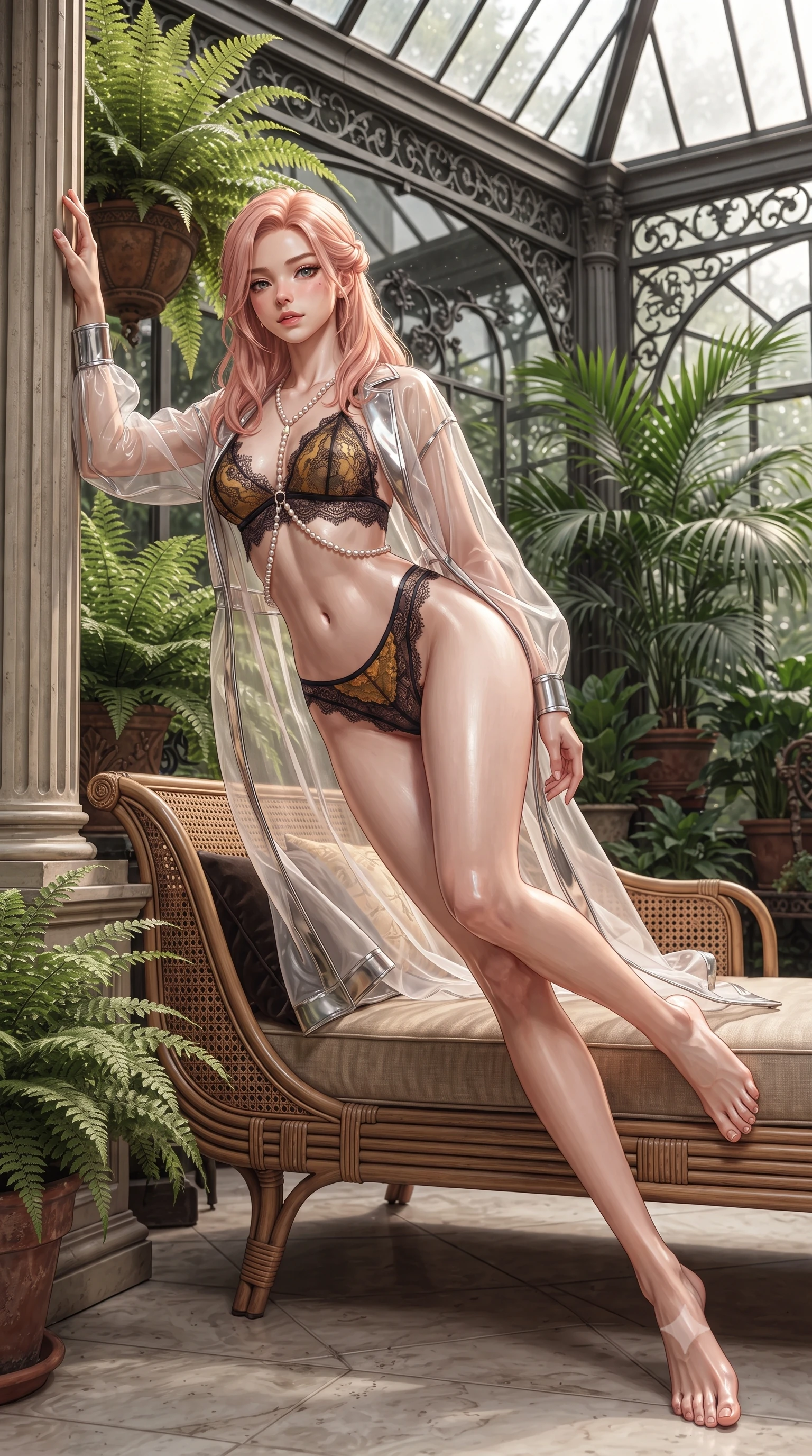 score_9, masterpiece, best quality, ultra-detailed, high-budget anime keyframe, editorial fashion photography, tasteful artistic composition, Japanese woman. low angle full-body shot from head to toe showing her feet, filling the entire 9:16 vertical frame with her statuesque presence, stretching her vertical silhouette. standing tall beside the architectural column, one hand resting high while arching her lower back to emphasize her sculpted feminine hips and slender waist while lounging gracefully across the woven rattan daybed propped on one elbow, casting an irresistible, heavy-lidded bedroom-gaze. The surrounding environment is rendered in vivid detail and crisp panoramic clarity: detailed sculpted underwire bustier in sheer noir lace, velvet piping, and vintage conservatory craft in razor-sharp precision. She has an exceptionally tall and slender model-like 8.5-heads proportion, an ultra-slim waist, a flat toned midriff, narrow delicate ribcage, and beautifully sculpted feminine hips creating a graceful, slim hourglass silhouette without any bulky heaviness, with impossibly long slender legs. sharp v-shaped jawline, high-bridge nose, intricate jewel-like sparkling eyes with depth, thick eyelashes, glossy parted lips with a natural peach sheen, bright cheerful beaming smile with an enchanting and coquettish sensual glint, exuding both youthful cute charm and seductive allure, flawlessly proportioned anatomical accuracy, strict slender model proportions, natural body alignment, perfectly sculpted long slender limbs, ultra-slim waistline, clean dynamic posture without body distortion. wearing a delicate sheer organza futuristic caftan with metallic chrome accents worn open over a micro liquid-metal bralette in Hakone steaming sulfur amber and volcanic basalt black, made of delicate semi-sheer French Chantilly lace with intricate eyelash edges, accented with a pearl-drop body harness subtly framing her dewy collarbones and spine, the form-contouring silhouette accentuating her sculpted flat midriff, narrow delicate ribcage, and gracefully curvy hips with intoxicating allure. illuminated by conservatory glass bounce and sharp champagne-gold rim lights sculpting her features, flat midriff, and slender waist. ultra-reflective glossy finish, specular highlights, rich textural contrasts, high-contrast stereoscopic depth, volumetric dynamic lighting, 2k, ultra detail, master piece, 9:16 ratio