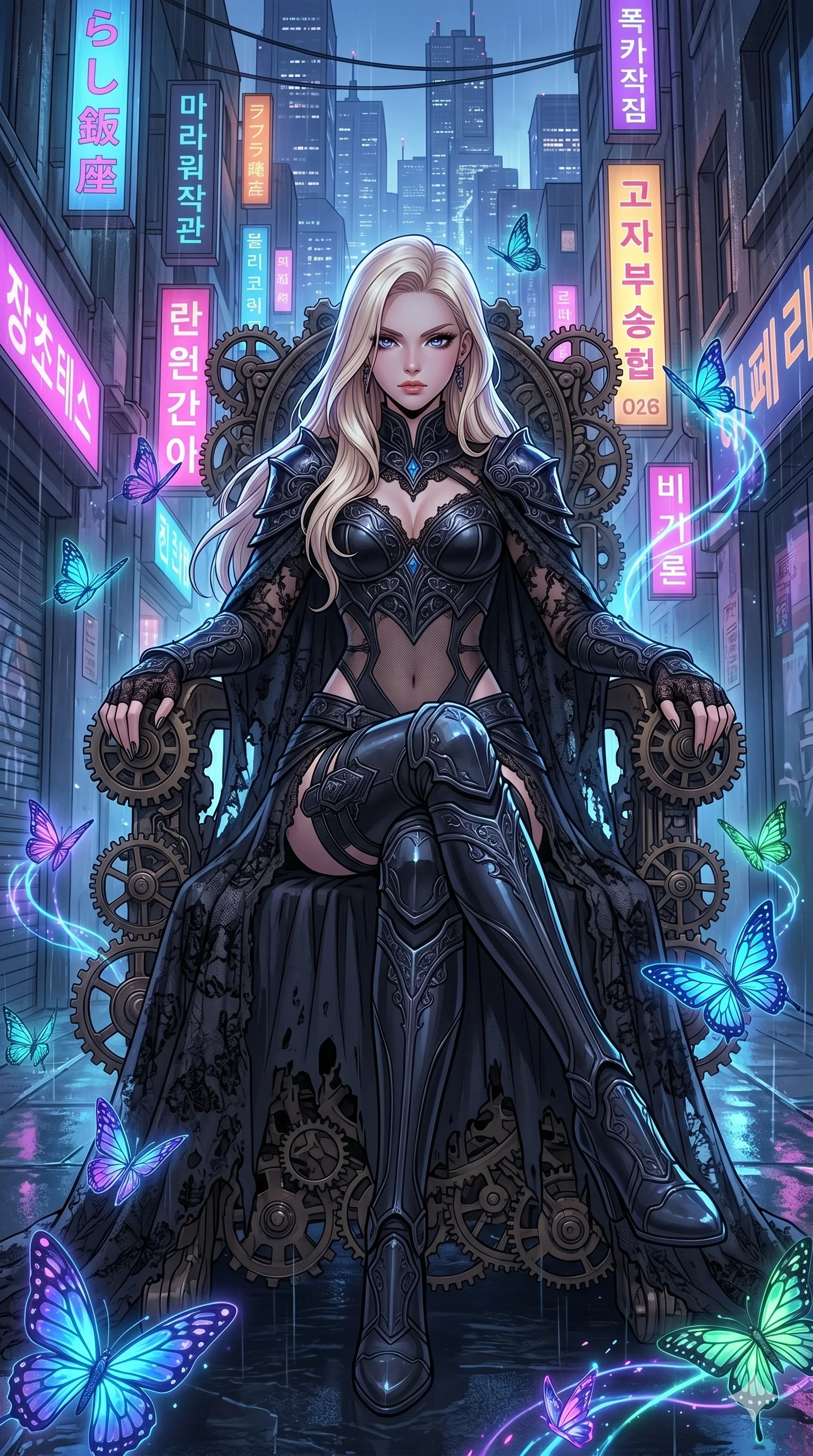 score_9, masterpiece, best quality, ultra-detailed, high-budget anime movie keyframe, cinematic anime lighting, intricate line art, Caucasian (strictly human ears) woman. Low angle cowboy shot filling the entire 9:16 frame with her statuesque presence. resting on a throne of gears in a neon-lit cyberpunk alleyway surrounded by glowing butterflies. She has an absolutely perfect 8-heads proportion, an exceptionally tall and slender female figure with an ultra-slim waist and impossibly long slender legs. sharp v-shaped jawline, high-bridge nose, intricate jewel-like eyes, thick eyelashes, glossy lips. Wearing dark fantasy gothic leather armor with ornate obsidian plates, a tattered lace cape, and sheer mesh cut-outs at the midriff, exuding a mysterious allure. The scene is illuminated by dramatic atmospheric lighting and vibrant color palettes. , 2k, ultra detail, master piece, 9:16 ratio