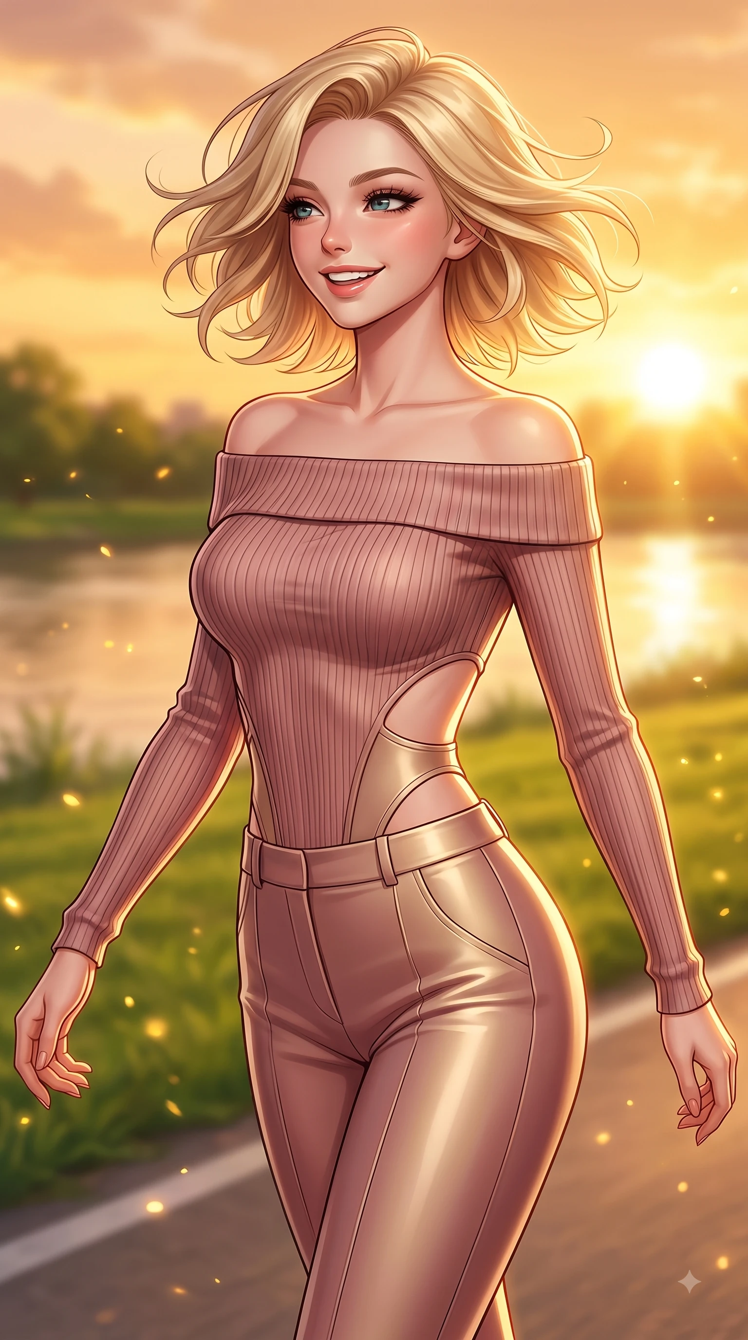 score_9, masterpiece, best quality, ultra-detailed, high-budget anime keyframe, editorial fashion photography, tasteful artistic composition, Caucasian woman. close-up cowboy shot from the waist and thighs up, the character dominates the composition, filling the frame with her large presence, background elements kept in soft focus. Radiant youthful grin reflecting college charm while casting a playful, joyful side-gaze with heavy lashes while pivoting in a happy stride along a riverside cycling path as golden sunset light paints the sky, green park lawns scattered with golden evening light motes and gentle breezes. She has an exceptionally elegant, slender, and willowy female figure with an ultra-slim waist, a gracefully sculpted slender torso, and a refined silhouette. sharp v-shaped jawline, high-bridge nose, intricate jewel-like eyes with depth, thick eyelashes, glossy lips with a natural sheen, flawlessly proportioned anatomical accuracy, natural body alignment, perfectly sculpted elegant limbs, clean dynamic posture without body distortion. wearing a sleek off-shoulder ribbed knit top paired with high-waist tailored pants in dusty rose and champagne gold, formed from sleek second-skin neoprene, featuring clean architectural cutouts along her slender torso, the form-contouring material highlighting her ultra-slim waist and long lines. bathed in glorious golden hour sunset sunbeams and warm amber sky radiance. highly saturated vibrant anime colors, detailed shading with soft gradients, rich glossy textures, high-contrast stereoscopic depth, volumetric dynamic lighting, master piece, 9:16 ratio