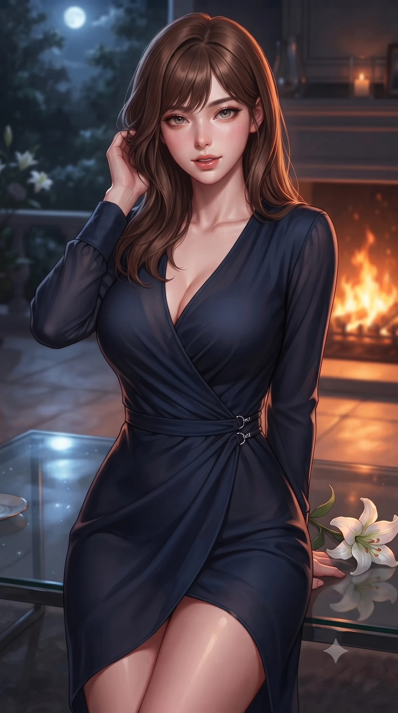 score_9, masterpiece, best quality, ultra-detailed, high-budget anime keyframe, editorial fashion photography, tasteful artistic composition, Korean woman. close-up cowboy shot from the waist and thighs up, the character dominates the composition, filling the frame with her large presence, background elements kept in soft focus. gazing directly into the camera with a smoldering, magnetic half-smile, her glossy lips parted alluringly set against a soft-focus background of inside an exclusive moonlit garden terrace with a single long-stemmed white lily resting against a polished glass surface. She has an exceptionally elegant, slender, and willowy female figure with an ultra-slim waist, a gracefully sculpted slender torso, and a refined silhouette. sharp v-shaped jawline, high-bridge nose, intricate jewel-like eyes with depth, thick eyelashes, glossy lips with a natural sheen. wearing slim-fit midnight navy semi-opaque chiffon sleek long-sleeve silk wrap dress contouring her ultra-slim waist elegantly accented with delicate silver hardware. bathed in cozy, flickering fireplace light that paints the room in a warm orange wash. highly saturated vibrant anime colors, detailed shading with soft gradients, rich glossy textures, high-contrast stereoscopic depth, volumetric dynamic lighting, master piece, 9:16 ratio