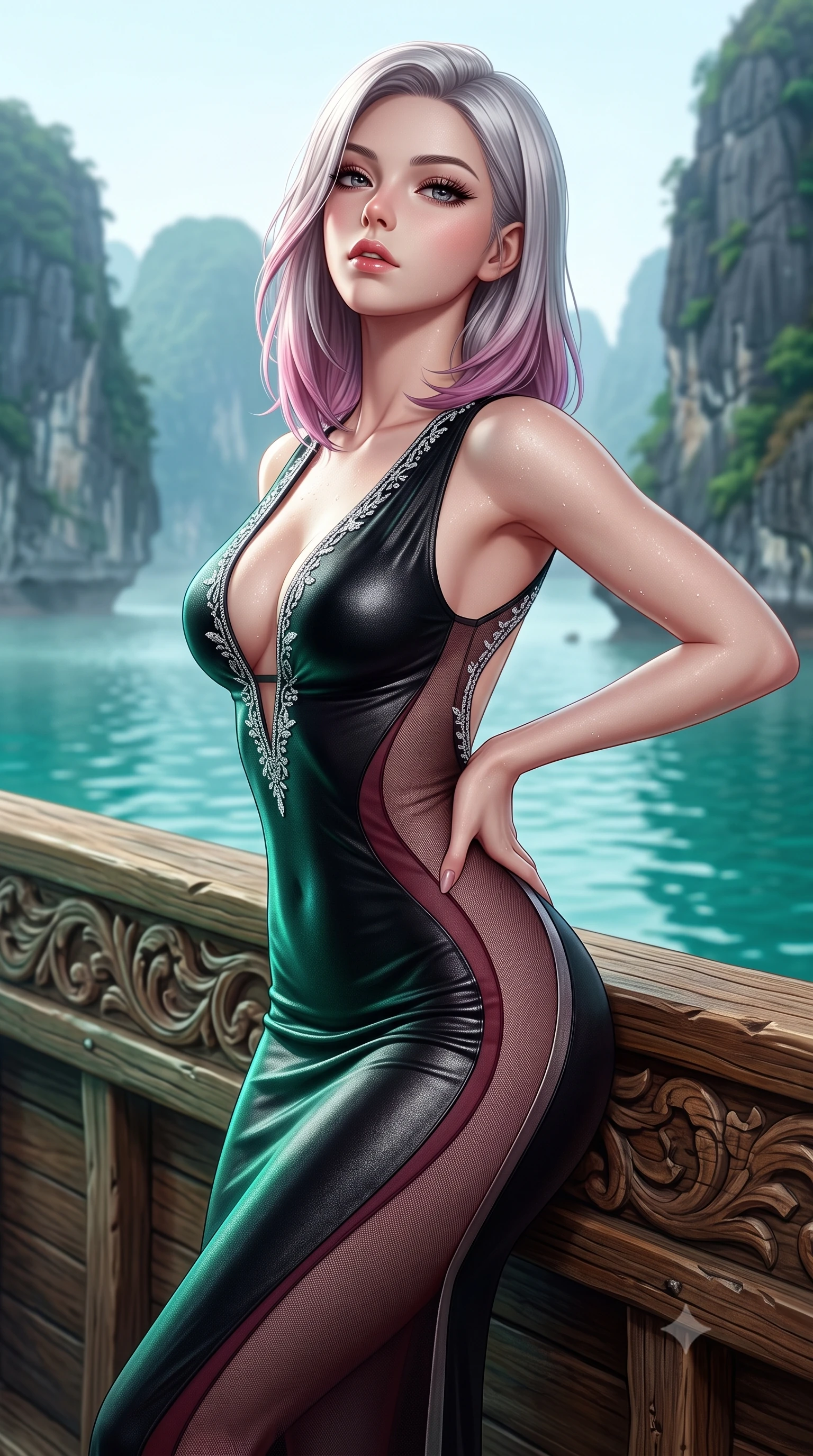 score_9, masterpiece, best quality, ultra-detailed, high-budget anime keyframe, semi-realistic 3D game render, editorial fashion photography, tasteful artistic composition, Caucasian woman. close-up cowboy shot from the waist and thighs up, the character dominates the composition, filling the frame with her large presence. tilting her chin up with proud, sovereign allure while gazing through thick eyelashes, one hand resting on her waist in pure supermodel charisma while leaning against the carved teak ship gunwale with hips cocked back, looking over her shoulder with an enigmatic, captivating bedroom-gaze. The surrounding environment is rendered in vivid detail and crisp panoramic clarity. detailed linen resort wear weave, sea mist beads on skin, and Halong Bay landscape clarity in high resolution. She has an exceptionally elegant, slender, and willowy female figure with an ultra-slim waist, flat toned midriff, narrow ribcage, and sculpted feminine hips creating an alluring, slim hourglass silhouette without bulk. sharp v-shaped jawline, high-bridge nose, intricate jewel-like eyes with depth, thick eyelashes, glossy parted lips with a natural sheen, intensely captivating and seductive bedroom-eyes expression, flawlessly proportioned anatomical accuracy, strict slender model proportions, natural body alignment, perfectly sculpted long slender limbs, ultra-slim waistline, clean dynamic posture without body distortion. wearing a second-skin black silk jersey maxi dress with asymmetrical sheer mesh side panels tracing the full curve of her hip in deep wine burgundy and brushed dark platinum, crafted from luxurious metallic lamé that shifts radiance with every step, finished with delicate crystal frost embroidery tracing the plunging neckline, the precision-cut side openings and low-back scoop framing her graceful spine and the sensual sweep of her slim, toned hips. illuminated by radiant jade water reflections accentuating her sculpted midriff, narrow waist, and curvy hips. highly saturated vibrant anime colors, detailed shading with soft gradients, rich glossy textures, high-contrast stereoscopic depth, volumetric dynamic lighting, master piece, 9:16 ratio