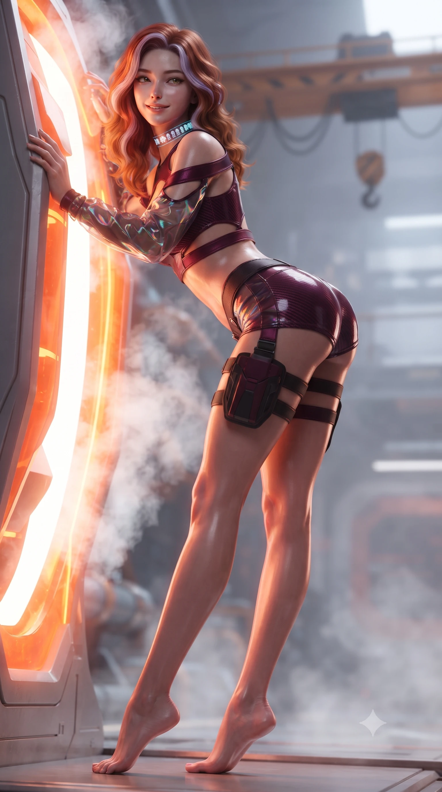 score_9, masterpiece, best quality, ultra-detailed, high-budget anime keyframe, editorial fashion photography, tasteful artistic composition, Caucasian woman. low angle full-body shot from head to toe showing her feet, filling the entire 9:16 vertical frame with her statuesque presence, stretching her vertical silhouette. leaning deep against the glowing energy conduit with hips cocked back in an unapologetically alluring high-fashion stance, flashing a warm beaming smile while leaning against the heat-resistant quartz bulkhead with hips cocked back, looking over a bare shoulder with an alluring smoldering smile into the engine glow. The background shows a soft-focus steam venting from coolant pipes and suspended gantry crane rails softened in dramatic sci-fi shallow focus. She has an absolutely perfect, statuesque 8.5-heads proportion, an exceptionally tall and slender model-like female figure with impossibly long slender legs, an ultra-slim waist, a flat toned midriff, narrow delicate ribcage, and beautifully sculpted feminine hips creating a graceful, slim hourglass silhouette without any bulky heaviness. sharp v-shaped jawline, high-bridge nose, intricate jewel-like sparkling eyes with depth, thick eyelashes, glossy parted lips with a natural sheen, bright confident smile with an enchanting and coquettish sensual glint, exuding both youthful magnetic charm and sovereign high-tech allure, flawlessly proportioned anatomical accuracy, strict slender model proportions, natural body alignment, perfectly sculpted long slender limbs, ultra-slim waistline, clean dynamic posture without body distortion. wearing a high-tech mechanic crop top with asymmetric shoulder straps paired with ultra-fitted tactical hot-pants and thigh holsters in deep wine crimson and dark carbon weave, woven from layered gossamer holographic organza casting chromatic prism reflections, complemented by a high-tech holographic choker projecting miniature glyphs, the form-contouring cut accentuating her sculpted flat midriff, narrow delicate ribcage, and gracefully curvy hips with cybernetic supermodel precision. bathed in shifting orange and white plasma flares casting high-contrast chiaroscuro shadows. ultra-reflective glossy finish, specular highlights, rich textural contrasts, high-contrast stereoscopic depth, volumetric dynamic lighting, 2k, ultra detail, master piece, 9:16 ratio