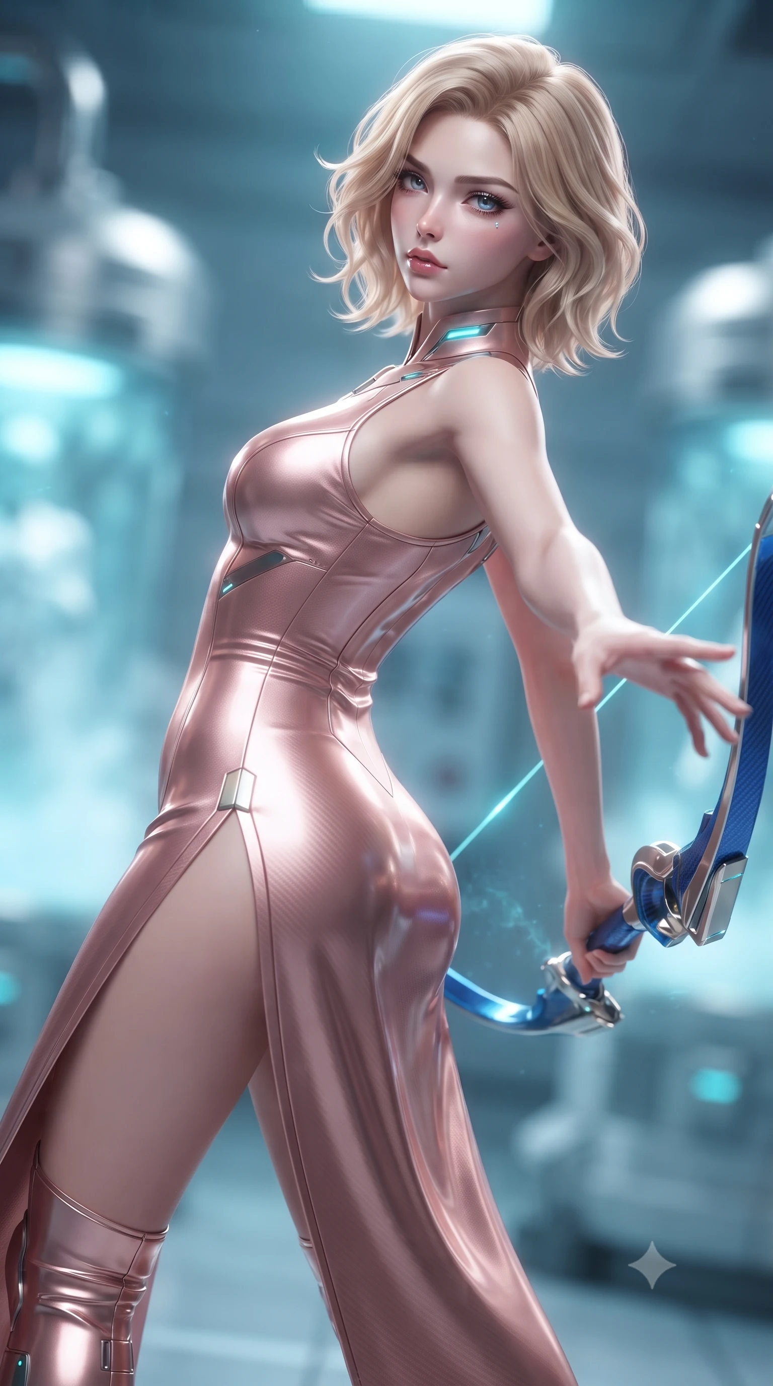 score_9, masterpiece, best quality, ultra-detailed, high-budget anime keyframe, editorial fashion photography, tasteful artistic composition, Caucasian woman. close-up cowboy shot from the waist and thighs up, the character dominates the composition, filling the frame with her large presence. stretching forward with an alluring arch of her spine, glancing over her shoulder with divine self-assurance and magnetic intensity while stretching her slender torso in an alluring S-curve as cyan cryo-mist billows gracefully around her bare shoulders and waist. The composition keeps background elements in soft focus with creamy bokeh. drifting cryogenic frost vapor and frozen laboratory glass pods blurred into radiant cyan, silver, and pale blue bokeh. She has an exceptionally elegant, slender, and willowy female figure with an ultra-slim waist, a gracefully sculpted slender torso, toned flat midriff, and a refined slim silhouette. sharp v-shaped jawline, high-bridge nose, intricate jewel-like eyes with depth, thick eyelashes, glossy lips with a natural sheen, flawlessly proportioned anatomical accuracy, strict slender model proportions, natural body alignment, perfectly sculpted long slender limbs, ultra-slim waistline, clean dynamic posture without body distortion. wearing a form-fitting luminous rose-gold carbon combat gown with tactical side slits, wielding a floating magnetic energy bow with celestial poise in electric cobalt blue carbon with polished platinum trim, formed from high-gloss patent carbon-plating with specular chiaroscuro reflections, featuring a sleek aerodynamic collar framed by subtle glowing cybernetic status LEDs, the sleek second-skin cut tightly hugging her graceful clavicle, narrow waist, and feminine curves with athletic precision. bathed in glowing cyan cryo-energy spear radiance and cool white emergency strobe lighting. ultra-reflective glossy finish, specular highlights, dark metallic sheen, high-contrast stereoscopic depth, volumetric dynamic lighting, 2k, ultra detail, master piece, 9:16 ratio