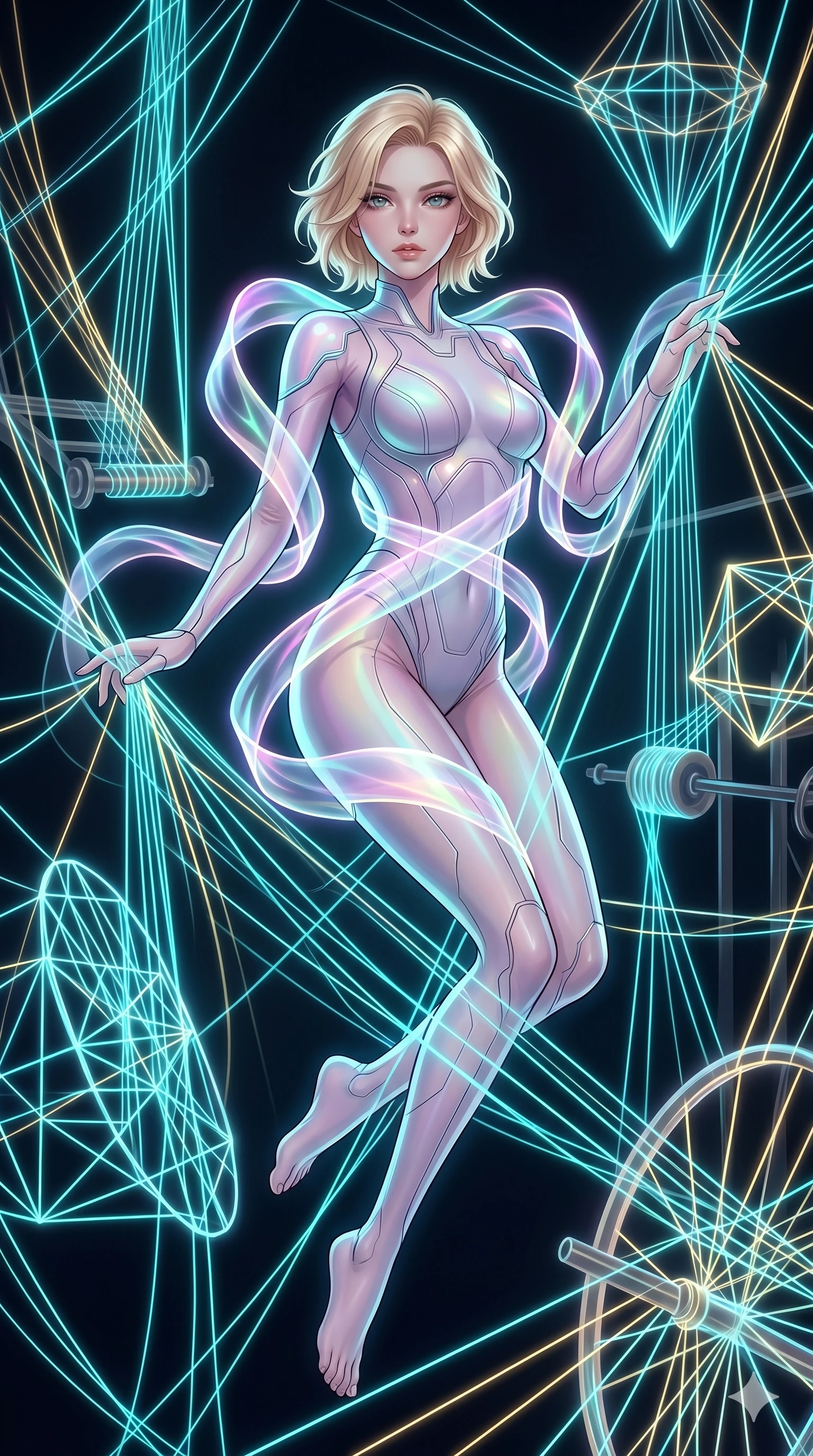 score_9, masterpiece, best quality, ultra-detailed, high-budget anime keyframe, Caucasian woman, strictly human ears. upper body close-up from the thighs up, character filling the screen for maximum presence. floating suspended in an ethereal loom room where millions of luminescent cyan and gold threads intersect and weave geometric patterns. She has an absolutely perfect 8-heads proportion, an exceptionally tall and slender female figure with impossibly long slender legs and an ultra-slim waist. V-shaped jawline, high-bridge nose, intricate jewel-like eyes with depth, thick eyelashes, glossy lips with a natural sheen.. wearing a cybernetic bodysuit with a holographic ribbon, featuring a skin-tight contouring bodysuit wrapped in a translucent flowing holographic organza ribbon. enhanced by a luminous pastel spectrum glow, casting elegant rim lights on her shoulders and jawline. 2k, ultra detail, master piece, 9:16 ratio