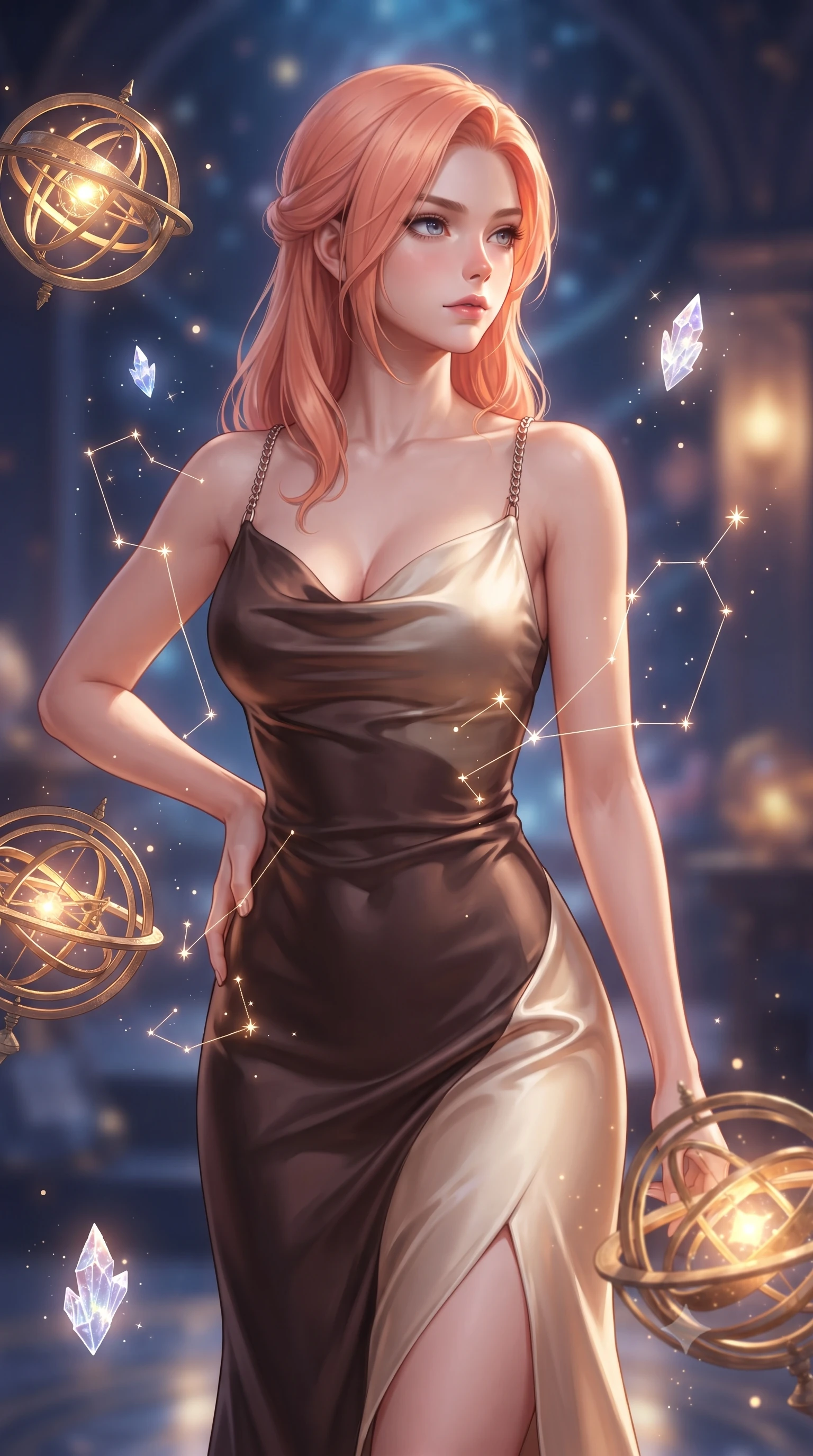 score_9, masterpiece, best quality, ultra-detailed, high-budget anime keyframe, editorial fashion photography, tasteful artistic composition, Japanese woman. close-up cowboy shot from the waist and thighs up, the character dominates the composition, filling the frame with her large presence, background elements kept in soft focus. Gazing past the camera with an air of effortless elegance and mysterious confidence surrounded by floating armillary spheres and glowing starlight crystals, glowing constellation lines tracing intricate patterns nearby. She has an exceptionally elegant, slender, and willowy female figure with an ultra-slim waist, a gracefully sculpted slender torso, and a refined silhouette. sharp v-shaped jawline, high-bridge nose, intricate jewel-like eyes with depth, thick eyelashes, glossy lips with a natural sheen. wearing an elegant cowl-neck satin midi dress with a draped neckline in espresso brown and warm cream, crafted from smooth liquid silk, adorned with delicate metallic chain straps along the neckline, the form-contouring material highlighting her ultra-slim waist and long lines. illuminated by brilliant starlight and warm golden inner glow from the astrolabe. highly saturated vibrant anime colors, detailed shading with soft gradients, rich glossy textures, high-contrast stereoscopic depth, volumetric dynamic lighting, master piece, 9:16 ratio