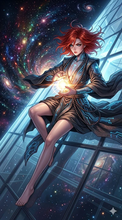 score_9, masterpiece, best quality, ultra-detailed, Set A: High-budget Anime Keyframe, Japanese woman. Low angle cowboy shot filling the entire 9:16 frame with her statuesque presence. Theme: Abstract Cosmic. sliding down a glass skyscraper in a temp