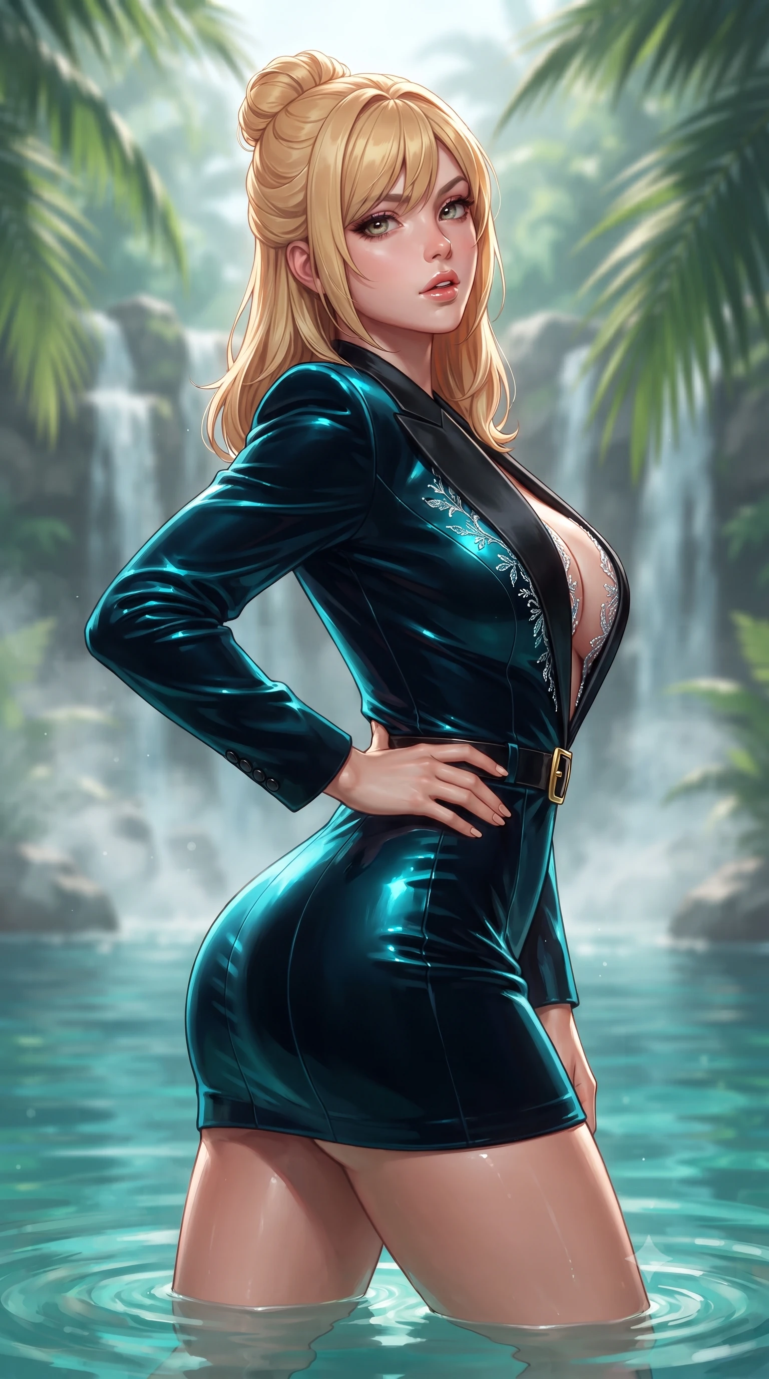 score_9, masterpiece, best quality, ultra-detailed, high-budget anime keyframe, editorial fashion photography, tasteful artistic composition, Caucasian woman. close-up cowboy shot from the waist and thighs up, the character dominates the composition, filling the frame with her large presence. posing in an alluring rear three-quarter angle, arching her lower back in a pronounced S-curve with one hand on her hip, glancing seductively over her bare shoulder with parted glossy lips while wading through the warm emerald pool beneath giant tropical palm fronds, arching her spine in pure tropical relaxation. The composition keeps background elements in soft focus with creamy bokeh. cascading jungle waterfalls and rising morning mist vapors softened in exotic shallow focus. She has an exceptionally elegant, slender, and willowy female figure with an ultra-slim waist, flat toned midriff, narrow ribcage, and sculpted feminine hips creating an alluring, slim hourglass silhouette without bulk. sharp v-shaped jawline, high-bridge nose, intricate jewel-like eyes with depth, thick eyelashes, glossy parted lips with a natural sheen, intensely captivating and seductive bedroom-eyes expression, flawlessly proportioned anatomical accuracy, strict slender model proportions, natural body alignment, perfectly sculpted long slender limbs, ultra-slim waistline, clean dynamic posture without body distortion. wearing a tailored velvet tuxedo jacket dress with satin lapels, worn with a deep plunge neckline and gold hip buckle in neon electric cyan and lacquer black, tailored from second-skin aerodynamic stretch vinyl with specular wet sheen, finished with delicate crystal frost embroidery tracing the plunging neckline, the form-contouring material adhering flawlessly to her sculpted flat midriff and slender torso, emphasizing her long leg lines and perfectly proportioned willowy build. illuminated by wet specular pool highlights accentuating her slender neckline, narrow waist, and curvy hips. ultra-reflective glossy finish, specular highlights, rich textural contrasts, high-contrast stereoscopic depth, volumetric dynamic lighting, 2k, ultra detail, master piece, 9:16 ratio
